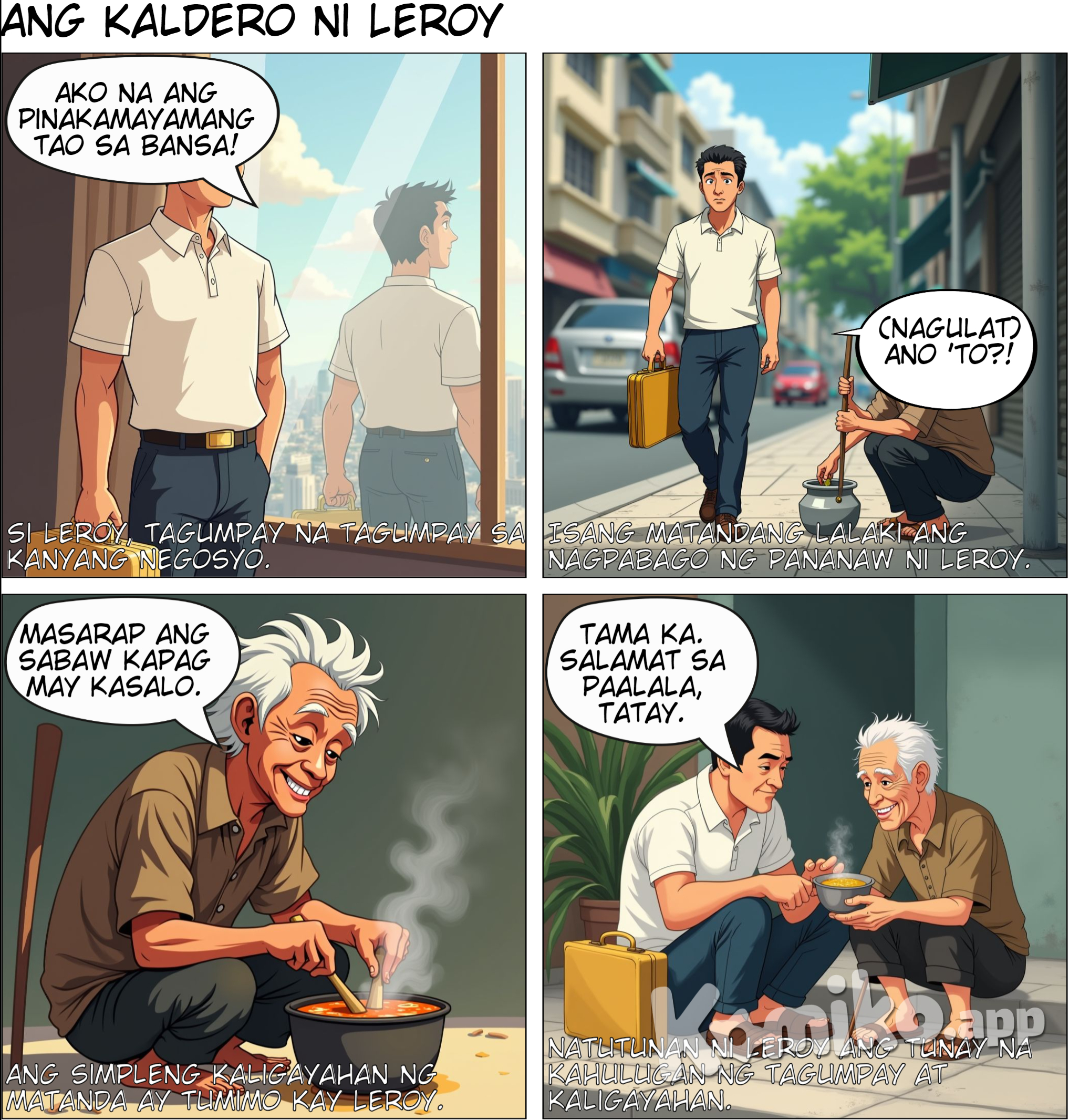 Kaldero ni Leroy Nang makita ni Leroy ang matandang lalaki, bigla siyang nagulat. Naisip niya na kahit gaano kalaki ang kanyang tagumpay, hindi ito tunay na nagdadala ng kasiyahan kung hindi niya kasama ang kanyang pamilya at mga kaibigan.