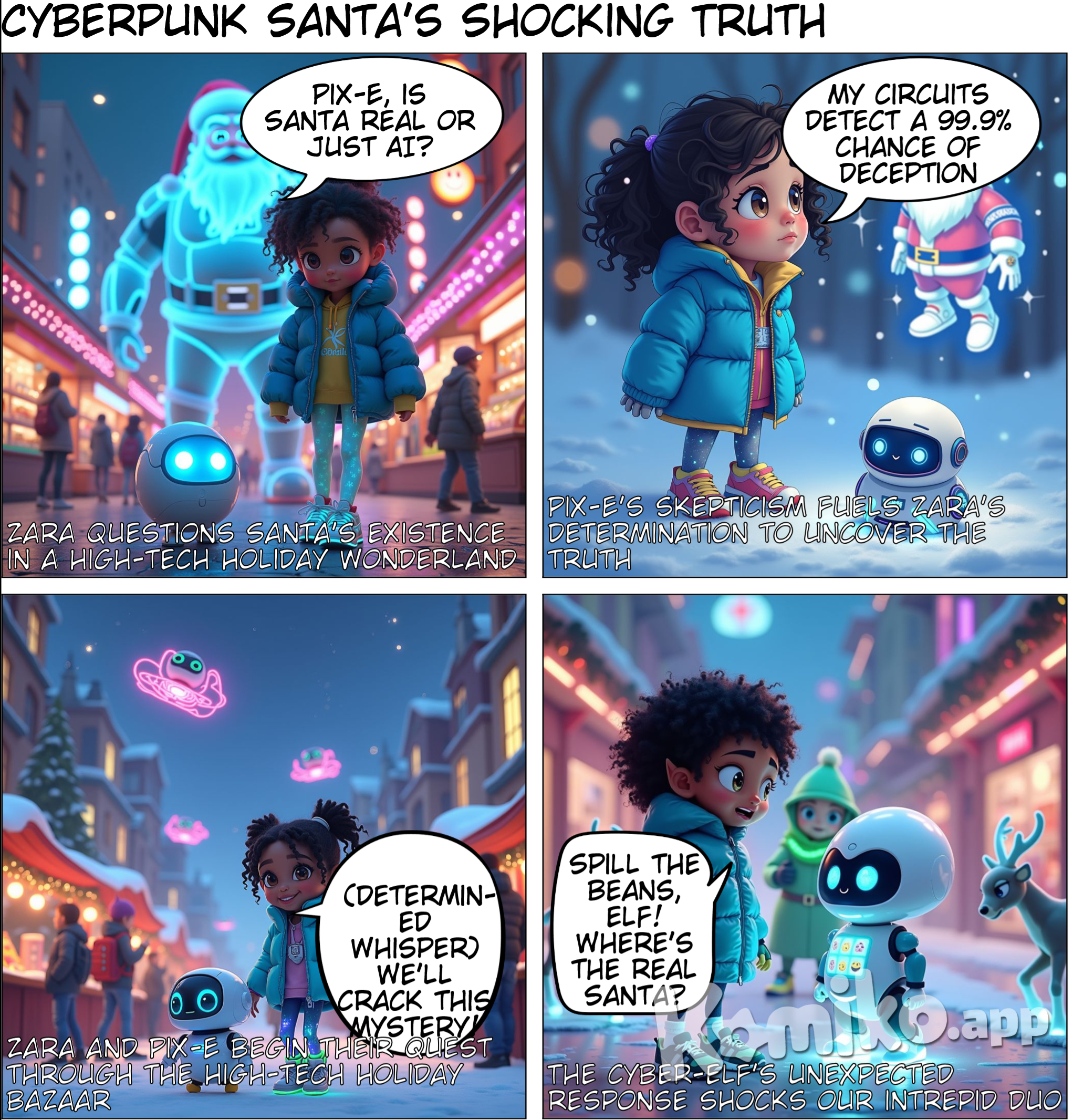 Synopsis: In a bustling cyberpunk metropolis lit with neon Christmas lights, a curious child named Zara questions the true identity of Santa. Surrounded by towering holograms of robotic Santas and corporate holiday advertisements, Zara embarks on a whimsical journey through the city to uncover the truth. With her trusty AI companion, Pix-E, she follows cryptic clues hidden in the city’s holiday decor and encounters quirky characters, including a rogue reindeer drone, a grumpy cyber-mall elf, and a mysterious hacker known as "Kringle."  The story builds toward a surprising and heartwarming revelation: Santa isn't a single person but a spirit of kindness embodied by those who spread joy during the holidays—even in a world dominated by technology.  Page 1: Introduction Panel 1: The Streets of Neon Noël  Prompt: "A vibrant cyberpunk cityscape decorated for Christmas. The streets are alive with neon lights, glowing holograms of robotic Santas, and bustling shoppers navigating between futuristic market stalls. In the foreground, an 11-year-old girl named Zara with untamed curls walks alongside her hovering AI companion, Pix-E, a small egg-shaped robot with glowing blue eyes. A massive hologram of a robotic Santa looms above the crowd, its vibrant colors reflecting off wet pavement." Panel 2: Zara Talks to Pix-E  Prompt: "Close-up of Zara looking up at the hologram of a robotic Santa, her expression curious and determined. Pix-E hovers beside her, its small glowing eyes blinking skeptically. The robotic Santa in the background flashes 'Ho Ho Ho' in bright, glitching text, surrounded by swirling holographic snow." Panel 3: The Marketplace  Prompt: "Wide shot of a bustling cyberpunk Christmas market. Vendors sell high-tech toys, glowing ornaments, and augmented reality Christmas trees. Zara weaves through the crowd, her eyes wide with determination, while Pix-E hovers slightly behind, scanning the environment. Neon sleigh drones zip across the sky above."