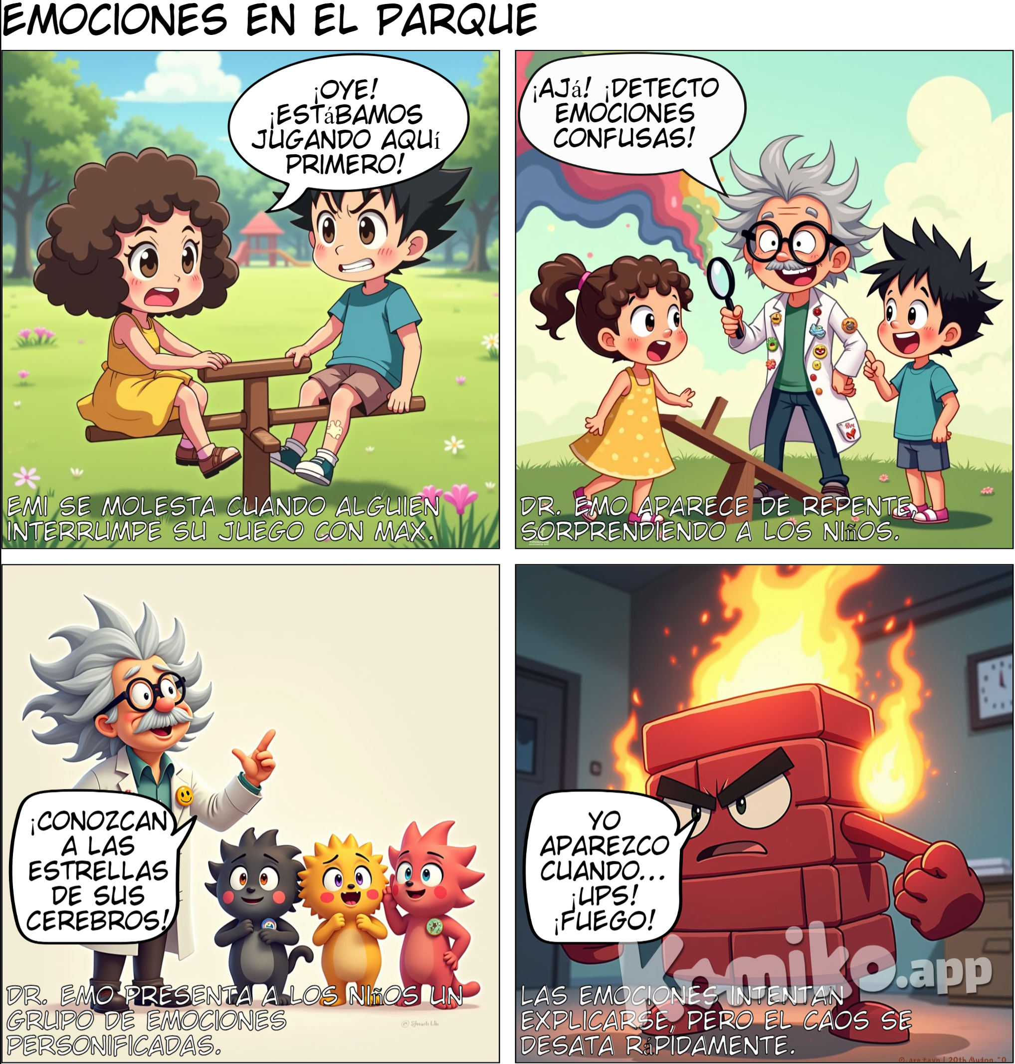 Capítulo 1: Conociendo a las emociones Escena inicial: Emi y Max están jugando en el parque cuando Emi de repente se siente molesta porque alguien interrumpe su juego. Dr. Emo aparece: Justo cuando Emi se siente confundida, aparece Dr. Emo y les presenta a Emi y Max a un grupo de personajes que representan diferentes emociones. Explica que cada emoción tiene una razón para estar ahí. Ejemplo: Alegría, Tristeza, Miedo, Ira y Sorpresa se presentan y explican cómo y cuándo aparecen.