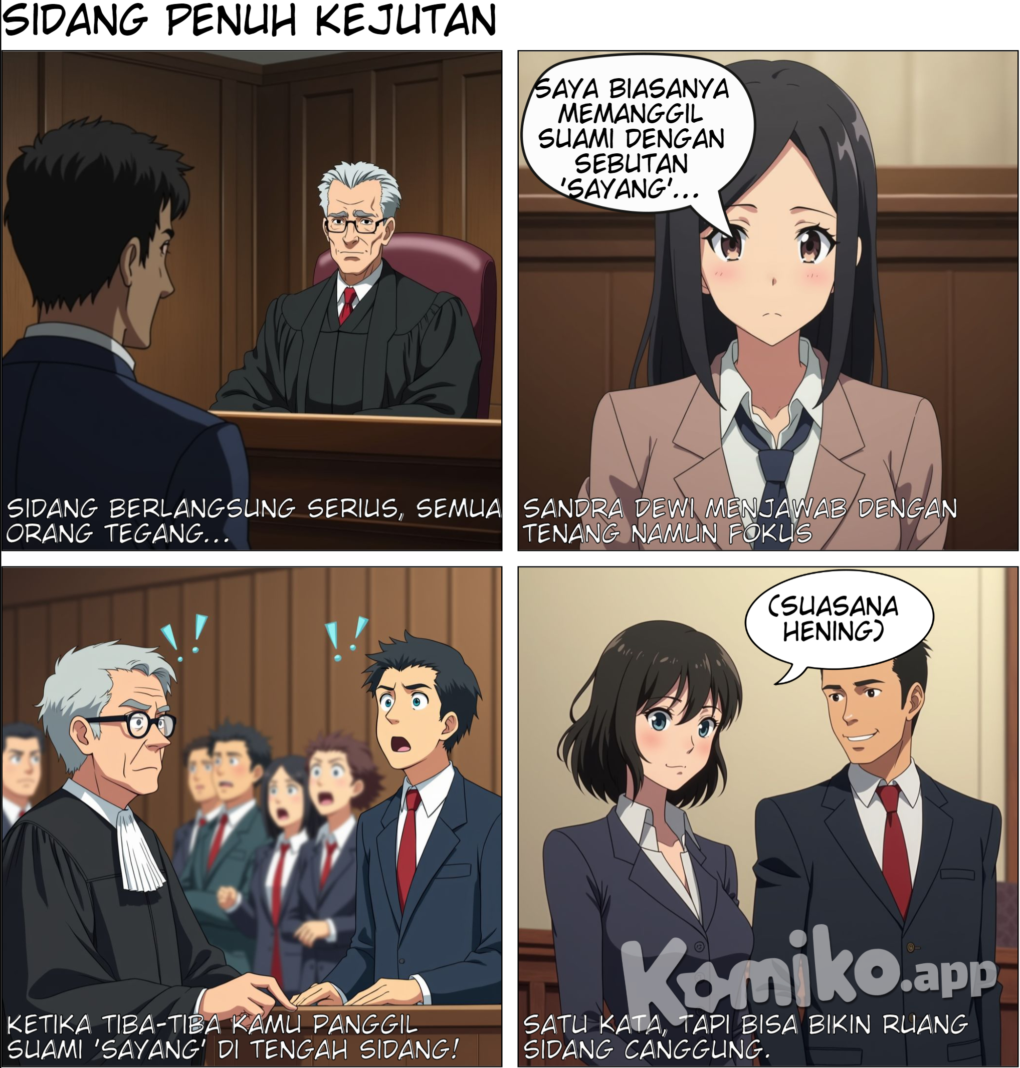 Panel 1 (Gambar ruang sidang yang tegang. Sandra Dewi duduk di kotak saksi dengan ekspresi serius. Hakim dan pengacara fokus mendengarkan.) Teks di atas gambar: "Sidang berlangsung serius, semua orang tegang..." Panel 2 (Close-up Sandra Dewi sedang berbicara dengan tenang namun fokus. Kamera dari sudut depan memperlihatkan dirinya menjawab pertanyaan.) Sandra Dewi: "Saya biasanya memanggil suami dengan sebutan 'sayang'..." Panel 3 (Reaksi terkejut dan kaget dari Hakim, pengacara, dan beberapa orang yang hadir di ruang sidang. Ada tanda seru di atas kepala mereka.) Teks di atas gambar: "Ketika tiba-tiba kamu panggil suami 'sayang' di tengah sidang!" Panel 4 (Gambar suasana setelahnya: Sandra Dewi tampak tenang dan senyum tipis, sementara yang lain masih tampak kaget dan bingung. Pengacara mencoba menyembunyikan senyum.) Teks di bawah gambar: "Satu kata, tapi bisa bikin ruang sidang canggung."