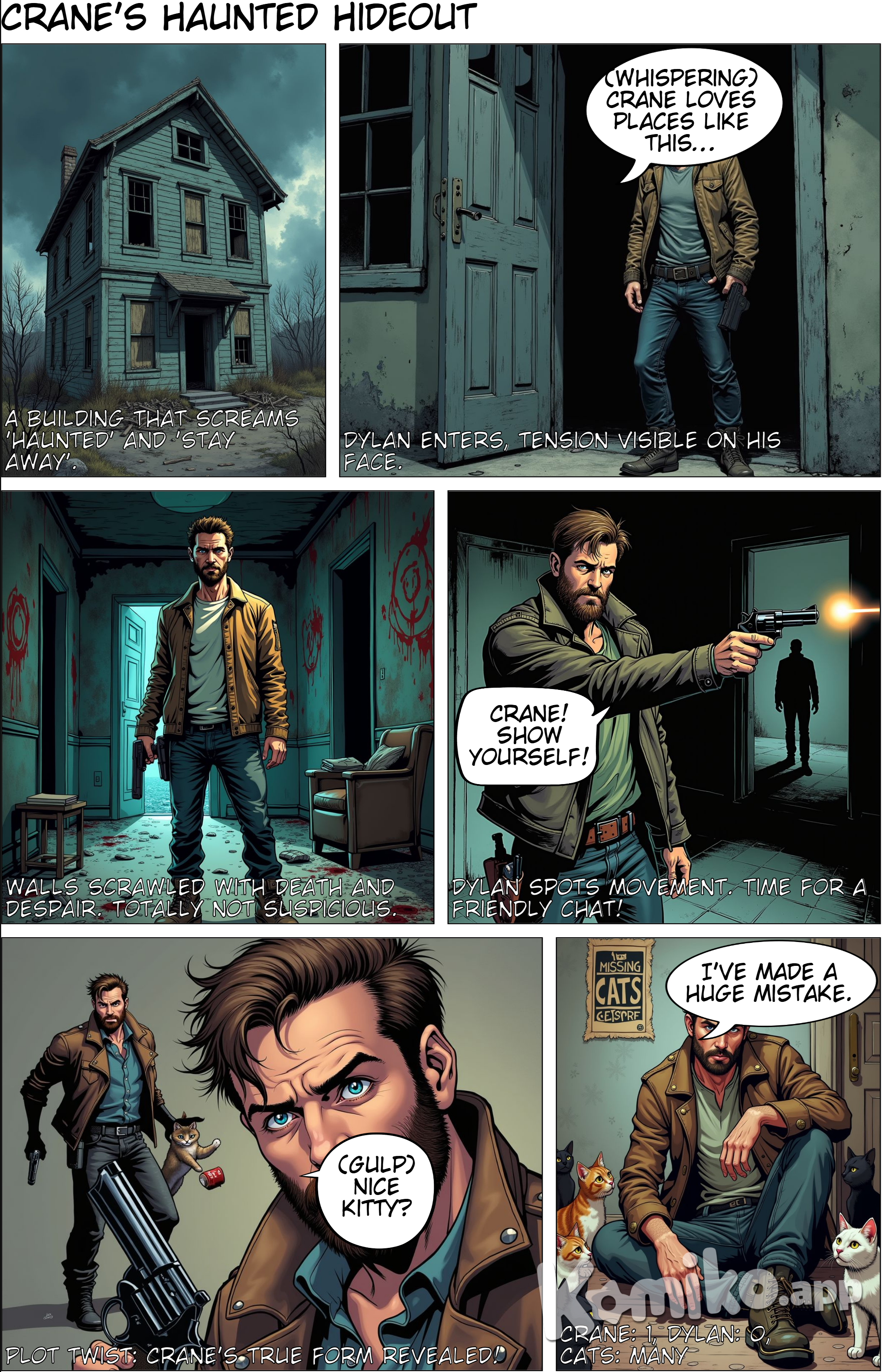 Panel 1: The building looks on the verge of collapse. Windows are boarded up, the wind howling through the empty hallways.  Panel 2: Dylan enters the building alone. Everything is silent, but the sense of danger is palpable.  Dylan: (Whispering) Crane loves places like this… where shadows have lives of their own.  Panel 3: The building’s interior. Walls are scrawled with symbols, images of death and despair.  Panel 4: In the distance, a shadow moves. Dylan turns and draws his revolver.  Dylan: Crane! Show yourself!