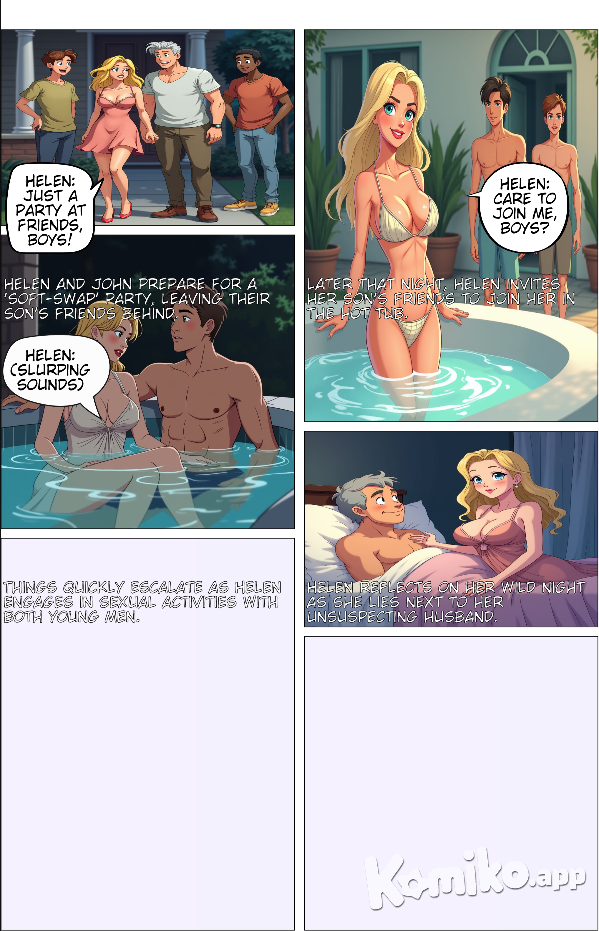 Now, my husband, John, and I had started talking about various things like swapping and such, hadn't done it yet but had gone to a couple of 'soft-swap' parties and did a little looking and necking and making out but no more. At least yet. John did find one woman and had sex with her but her husband was not at all to my taste, a tattooed biker-type. Some love 'em, some don't. I'm in the latter.  We'd been married for just over twenty-five years so our sex life had gotten somewhat routine as, I suppose, it will.  Sex has been better since our son, Donnie, went off to college. It's allowed John and I to be much more open around the house and we often are scantily-clothed or not clothed at all. Also, when Donnie was home, we couldn't fuck on the sofa in the family room or on the counter in the kitchen, just all those nice places around the house where we now make love.  So, last weekend, Donnie had a couple of his college friends down to our house for the weekend before they all headed back to school to begin their junior year. They were at the lake near here jet-skiing most of the afternoon on Friday then came home to shower and go clubbing before starting the grind of classes and study on Monday.  John and I were also going out. We told Donnie it was a party at friends but it was really another soft-swap get-together. I just didn't think I wanted to quite tell him we were trolling for spouse-swap partners. You can understand, I'm sure.  So, I was dressed, well, in a way that I would not dress for church or a parent-teacher meeting.  I was in a sundress and high-heel stiletto heels, the dress a short one with a low-cut bodice and rather thin material. Donnie was in the shower when John and I were leaving, which I was happy about, after all, I was bra-less and wearing a tiny thong and my nipples were, well, doing just what nipples do, they were hard and swollen.  I wore this dress with practically nothing under it for just the reason that it was pretty transparent. And my nipples could not only be seen but they were imprinting through my dress.  As I came down the stairs, Donnie's two friends were there.  "Oh, wow, Mrs. Arnold, all the eyes are gonna be on you tonight," said, Eric, the taller of my son's two friends.  "I'll say, my eyes just love what they see, Mrs. A," Josh, his other friend said.  "Well, guys, at my age, I'll take every complement like that I can get."  "Trust me, you're looking just the right age for me, oh, for sure," Eric said with a grin.  "Count me in that number, Mrs. A. You look gorgeous. If you need an escort, I'm here."  "Thanks, Josh, I think my husband can still handle that but I'll let you know if anything ever changes."  "Oh, do that. I'd jump at the chance. Maybe even jump you," he offered with a boyish grin.  "Down boy, I'd better leave, you young guys might just be too much for an old lady like me."  "You look lots better than most of the girls I see at school. And you know how to show it," said Josh.  "Well, thanks, guys, here comes John, see you later," and we left for our 'look-see' party to look and see. And have a little grope and kiss and cuddle here and there at minimum. Maybe more, I hoped.  As we drove to the party, I thought about these two handsome, young guys flirting with me and it was making me feel tingly in my pussy and nipples which were already erect from rubbing on the fabric of my dress.  This time, the party was a success. John hooked-up almost as soon as we walked in and really just minutes later after I'd just had my first sip of wine, a nice-looking man came over and we went to have some privacy to talk and neck a bit. He really turned out quite nice so we found an empty bedroom and got to know each other intimately.  Back out, I saw John on a sofa with another woman, his hand up under her top as another man approached me. He told me he had seen me at one of these but never had the chance to get to know me. So, we went off and he got to know me very, very well.  We got home about midnight, John having found two women to fuck and I had a pussy full of cum, three men's worth. Oh, yes, this was what these parties are all about. The first two started slowly but I think it also just took John and I some getting used-to the scene and how things went at these get-togethers. People sure did get-together. Oh, yes.  We talked about it all the way home and soon were in bed, me up over John, sucking his cock with the tastes of two women all mingled together with his own as I pressed down my pussy all over his face with my juices and the cum of three men from the party. Yes, I had fun. And still was. I sucked John until he cummed and then got up and left him to sleep. He had more to drink that I had and I was still wired and horny. My evening, rather than satisfying me, made me even more sexually aroused.  So, I slipped on my tiniest thong swimsuit and heels and headed for the hot tub on the patio. Now, if you're paying attention, you noticed that I put on high heels. So, it was obvious that I was hoping to be seen and since our son's two college friends were staying with us, well, I knew what I was doing. There had been a message on the phone that his friends were a bit buzzed and were coming home, so would we leave the front door unlocked for them as our son had met someone and would not be coming home with them. Ah, ha.  I knew Eric and Josh were headed this way so I took a nice swim in the pool then got in the hot tub to wait their arrival. I was straddling one of the water jets with my thong pulled aside when I heard the two guys come in. They were trying to be quiet but just didn't quite make it. I had put on the mood lighting around the pool and I think they saw it and came out.  "Oh, hi, Mrs. Arnold. You look relaxed," Josh said. "That looks nice."  I stood up, mostly so they could see me in my tiniest thong bikini and asked them if they wanted to join me. "Towels are over there, guys."  They looked at each other and started to take their clothes off and when Josh got down to his briefs and Eric to his boxers, they looked at each other, then at me, then pulled them down and walked over to the tub, both cocks wagging back and forth in the dim light.  As they were getting in, I said, "What happens in the hot tub, stays in the hot tub, boys, okay?"  They both said, okay, and sat in the water opposite me.  "So, did you and Mister Arnold have a good time?" Eric asked.  "Oh, yes, very nice, John's a bit snockered and is fast asleep, but I was rather wide-awake so I decided to have a swim and soak, then you two showed up to keep me company."  "So tell us about this party you went to. I'll bet it was fun," Eric asked.  "Oh, much fun, guys, the kind of fun that you're beginning to learn about, I think."  "I'll bet every guy there was hitting on you, Mrs, Arnold."  "It's Helen, guys, and I think I'm also a bit overdressed for our own little party," and I stood up and pulled off my top and bottom, taking plenty of time for them to take in every square inch of skin I was presenting them with.  "You are really beautiful, Mrs., uh, Helen, just gorgeous," said Josh.  "Well, I don't understand why you're both so far away, come, let's get closer," and they both stood up, showing me those lovely long, thick, hard cocks again, they just looked so delicious.  Each guy came around to sit right next to me and it was just moments until I had a hand wrapped around each cock moving it up and down.  "Now, isn't this much better? More cozy?" I asked.  "Oh, it's just what I've wanted ever since I first met you, Helen," said Eric.  "Why that's sweet. Is there anything else you boys would like? I'm in rather a mood, tonight with two handsome and, hard, fellows in the tub with me."  "I'm up for whatever you want to do, Helen," offered Josh.  "Well, if you boys will sit on the edge, I'd be happy to suck these two lovely cocks," and they were instantly out of the water and sitting on the rim, legs wide.  I moved between Josh's legs and took hold of his nice, hard cock and began licking around the tip as I looked over at Eric.  "Don't worry, Eric, I'll get to you shortly, I can usually get a guy to cum pretty quick," and went back to work.  I soon had Josh groaning, I knew horny, young guys would succumb to my oral skills quite soon and was rewarded with a mouthful of his love juice as I ran my tongue around his tip while I sucked. Works every time.  Eric looked excited as I moved over to him and lowered my lips over his cock to softly suck the tip and wipe my tongue around and around.  "Oh, wow, that's the best. You really know how to suck cock."  Ah, another happy admirer of my oral artistry. I soon was swallowing a load of his cum as I watched him orgasm so happily.  "I have never had a blowjob that good before, you are the best, really the best."  "Well, fellows, my pussy is in a state and really wants some attention," I said as I got up on the padded edge and spread open.  "You know what to do, right," and Eric moved right in and began licking and tonguing me as Josh knelt next to him sucking one of my nipples. Ah, two guys, I sure love having two guys loving me.  I was petting both their cheeks as they attended to me, Eric on my pussy, Josh on my breast. Oh, yes, it was lovely.  Eric did all the right things and brought me to a lovely orgasm, complete with me kicking my feet in the water, getting us all wet from head to toe. Then, Josh took over and my pussy was in heaven once again. You know I love it licked and he was good. About ten minutes in, he had me writhing and thrashing as another orgasm took me over.  I slipped into the water again, pulling them both in with me, as I lay my head back and just let the warmth and the wonderful feelings both soak into me fully.  We all enjoyed the water and I enjoyed the young hands exploring my body everywhere, when I said softly, "I think you should each fuck me, then I'll be all nice and ready for bed, all nice and full of your cum. Sound good?"  They didn't even answer. Eric was immediately up between my thighs pushing his long, hard cock up into me and began jack-rabbiting back and forth.  "Slow down, Eric, easy, I know you're ready and all but let's just enjoy a nice fuck. I'm afraid there's a good bit of cum already up in there, so your's won't be the first."  "Sounds like that was an interesting party, Mrs. A."  "Oh, boys, just wait. Well, of course you are in college, maybe you're way ahead of Mister Arnold and me."  "Well there was a wild one we went to last year with about forty or fifty people, all naked, really more girls than guys, it lasted all weekend. Maybe I shouldn't tell you this but Donnie went with us and I can tell you your son is no longer a virgin, that's for sure," said Josh.  "No, I rather knew that."  "Oh, wow, maybe it runs in the family," Eric joked.  "I take that as a compliment, Eric."  He was slowly fucking me in and out as Josh played with my breasts, sucking my nipples, staying involved as I gripped his cock and pulled it back and forth. I had been fucked already by three men at the party, then John when we got home, now my fifth was rocking his hips back and forth, sending waves of water across the hot tub and waves of pleasure across my delighted body.  "Oh, I'm gonna cum, oooh, yes, MMM, UUH, UUH, uuh, uuh, mmm, oh, wow, you are so good, the sexiest woman I've ever seen," Eric groaned as he spewed his warm cum into me. The look on his face was wonderful, pure joy. I was feeling pretty happy myself as he pulled out of me and Josh pressed into me, easily sliding in all the way.  "Wow, look at the cum dripping out of you, Mrs. A. You're full for sure."  "I'll bet you can add some more, Josh, I just love guys cumming inside me. More the merrier."  "I don't think it'll take me very long the way this feels. You are really tight and you feel so good."  "I do exercises to keep my pussy toned-up. I use a rubber cock, a dildo, that has a suction cup that I put on that glass-topped table right over there, on the corner and fuck it up and down for hours sometimes."  "I'll bet you have fun doing that," says Eric.  "Oh, the real thing is much nicer. You guys have nice cocks."  "My cock sure loves fucking you, Mrs. A, oh, it sure does."  "Well, just keep doing what you're doing, Josh, and you're going to give me quite a lovely orgasm."  "I'd love nothing better that to make you happy, Mrs. A. You're sure making me happy."  "Oh, I'm really feeling it now, Josh, just keep going, don't you dare stop."  "A bullet wouldn't stop me, this feels so good."  Yes, it was feeling good, much better than good, I was headed for a wonderful climax, I could feel it building and building.  "Mmm, oh, yes, Josh, ooh, OH, OOH, OOH, uh, uh, mmm, oh, you two are so good, you really know how to make me so happy."  It was wonderful. A good, hard, young cock fucking me to orgasm. I had really lost track of mow many I had had since we arrived at the party but every one was wonderful.  I was in a dreamy trance when Josh began to groan as he was pumping into me, then he shoved hard and another warm, delicious deposit of cum was added to all the others as I lay back, yes, well, fucked-out.  They were both kissing me and feeling me all over as I lay there blissed-out.  "Mrs. A, you are the sexiest woman I've ever known. And the best fuck I've ever had," said Josh as he rubbed my wet, creamy pussy.  "I hope we can do this again before we have to go to school," Eric asked.  "We'll just have to see, fellows, I love your cocks," I said as I squeezed them both, "but I've got to get some sleep. Even Cinderella had to get some sleep, boys."  So, I kissed each one, frenching their mouth and sucking the tip of their cocks goodbye, at least for the time being and slowly walked up to my bedroom.  I slipped into bed, just as I was, naked, and as my wet hair draped across John's shoulder, he stirred and rolled over to me.  "Mmm, there you are," as he ducked his head down to suck a nipple, a somewhat sore nipple with all the attention my breasts had gotten in the past few hours. But, of course, I knew exactly what would please my husband the quickest, so I turned around and got up over him lowering my mouth over his cock as I dropped my wet, cummy pussy on his face.  His tongue felt rather lovely as I sucked him. I lifted off him for just a second to drool a glob of spit on my index finger which I slowly eased into his butt to gently rub his prostate, I knew that would trigger him into a strong, hard cum, and like clockwork, he bucked and began spewing his cum into my mouth as I swallowed and swallowed.  I got up off him and we kissed as he said, "You're the greatest, hon, I'm so glad I married you," and was sound asleep a few moments later. It took me a while to float down from my sexual high, slowly and gently caressing my swollen labia in all the cum that was seeping out of my contented pussy. Mmm, good night, all.