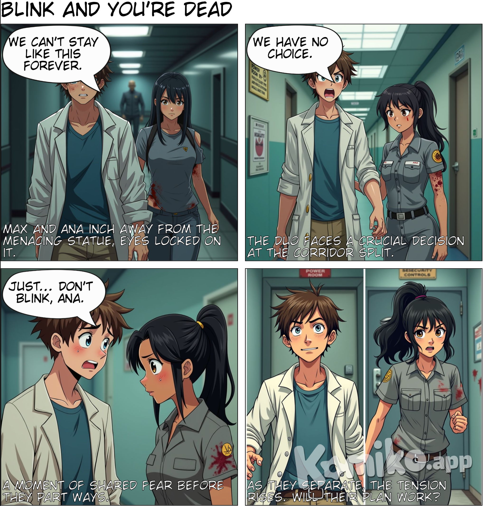 PAGE 2: The Escape  Panel 1: (Max and Ana are now walking backward, never taking their eyes off SCP-173. The statue looms, unmoving, but still menacing, just a few feet behind them.)  Max: "We can't stay like this forever. It'll get us once we blink."  Ana: "There's a secondary power room just down the hall. If we can trap it behind the security doors, we might stand a chance!"  Panel 2: (They reach a corner, the corridor splits. The sign shows "Power Room - Left" and "Security Doors - Right.")  Max: "I'll go right, to the security controls. You get to the power room and activate the backup generator!"  Ana: "We can't split up!"  Max: "We have no choice."  Panel 3: (They share a quick, nervous glance before turning to their respective paths. SCP-173 remains in the distance, still being watched.)  Max: "Just... don’t blink, Ana."  Panel 4: (Ana runs towards the power room, while Max backs down the hallway to the security controls, never taking his eyes off the direction of SCP-173.)