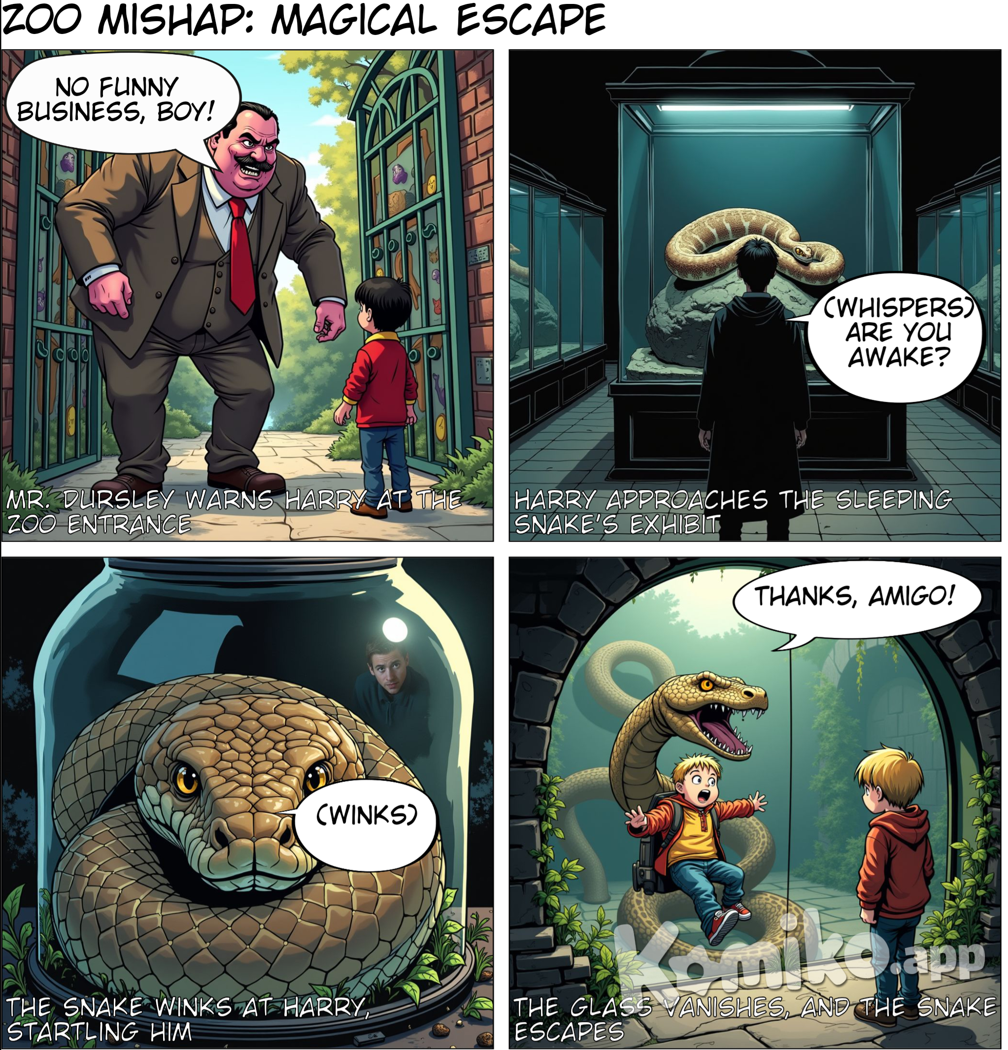 The Vanishing Glass. Mr. Dursley warns Harry not to do anything suspicious at the zoo, and Harry promises he won't.Everything's going fine through lunch, until they get to the reptile exhibit. Dudley calls the largest snake boring, because it's just sleeping. Harry goes over to look at it in the snake exhibit after Dudley moves away. The snake looks up and winks at Harry, and they have a conversation. Harry Potter asks it where it's from, and the snake points to the sign that says Brazil. The snake's never been to Brazil, though, because it was born in captivity. Dudley is looking at the snake through the glass when suddenly the glass vanishes. The snake escapes and makes a run for it.