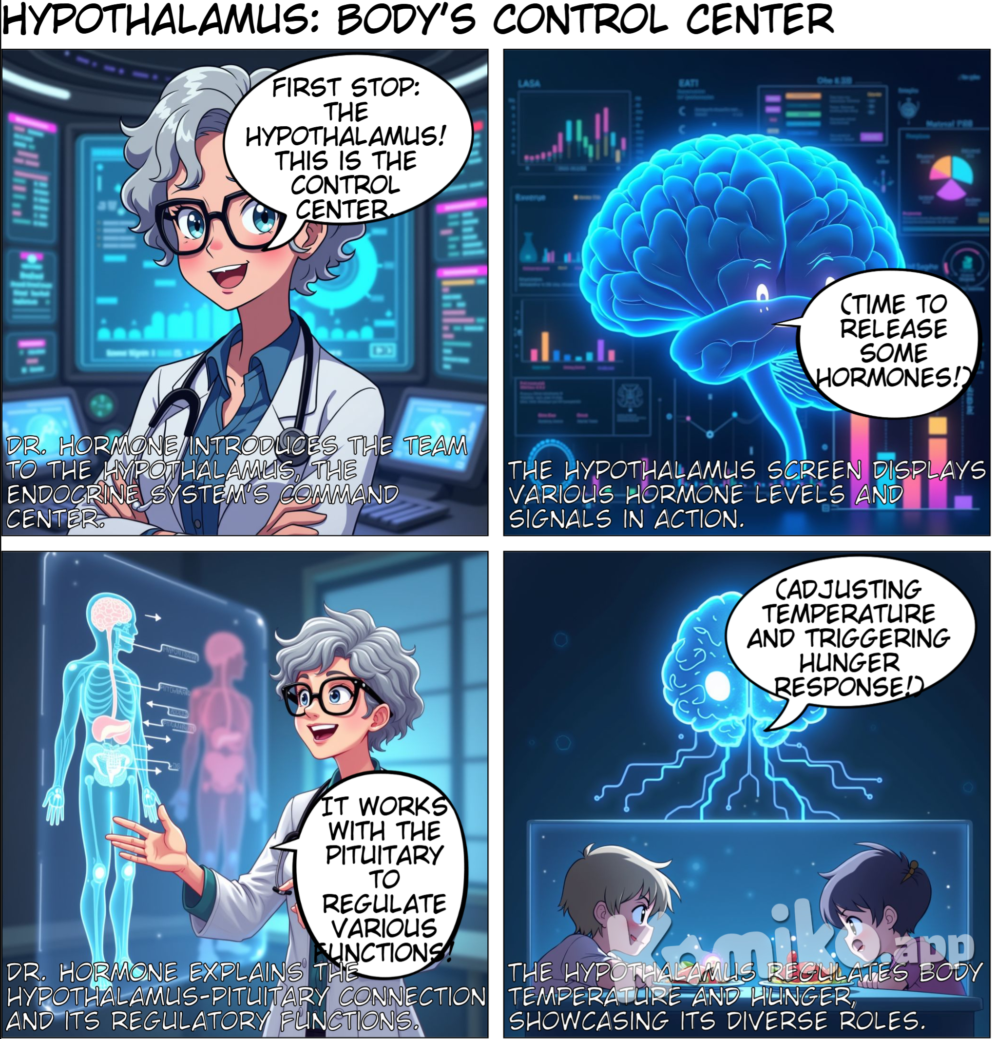 Panel 1: The team is standing in front of the hypothalamus, which is depicted as a control center with a large, digital screen. Dr. Hormone: "First stop: the hypothalamus! This is the control center of the endocrine system. It sends signals to other glands to release hormones." Panel 2: A close-up of the hypothalamus screen showing different hormone levels and signals. Hypothalamus (Thought Bubble): "Time to release some hormones! Let's get this body in balance!" Panel 3: Dr. Hormone explaining to the audience. Dr. Hormone: "The hypothalamus works with the pituitary gland to regulate various functions, like body temperature and hunger."