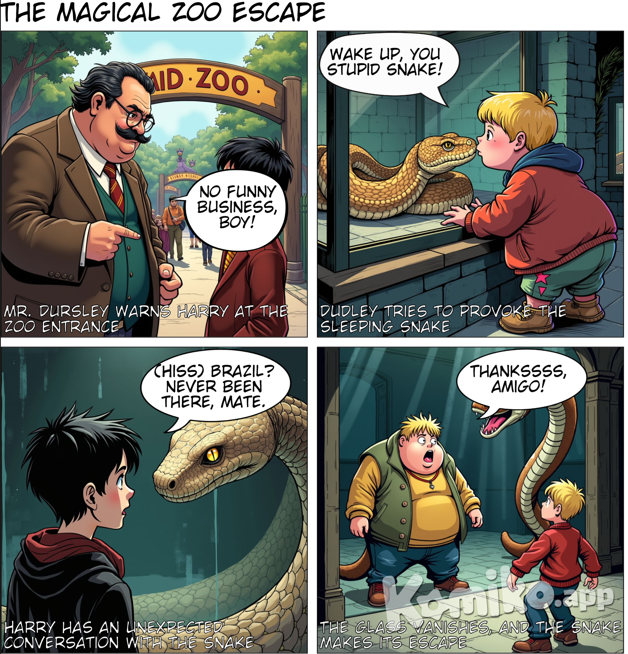 The Vanishing Glass. Mr. Dursley warns Harry not to do anything suspicious at the zoo, and Harry promises he won't.Everything's going fine through lunch, until they get to the reptile exhibit. Dudley calls the largest snake boring, because it's just sleeping. Harry goes over to look at it in the snake exhibit after Dudley moves away. The snake looks up and winks at Harry, and they have a conversation. Harry asks it where it's from, and the snake points to the sign that says Brazil. The snake's never been to Brazil, though, because it was born in captivity. Dudley is looking at the snake through the glass when suddenly the glass vanishes. The snake escapes and makes a run for it.