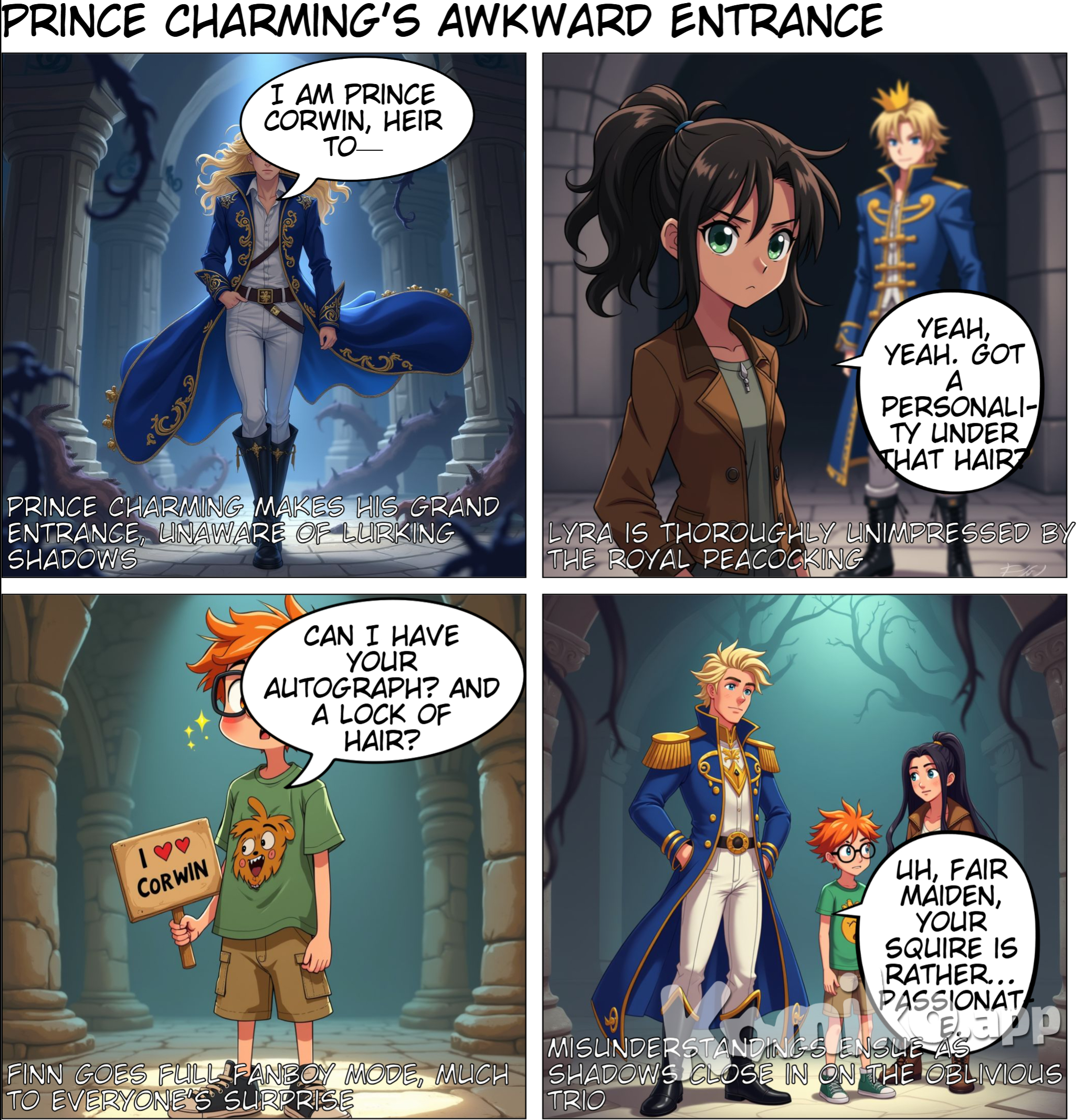 Episode 3: Prince Charming Enter Prince Corwin, the target of the shadowy monsters. While Lyra is unimpressed by his royal demeanor, Finn fanboys over him. It’s revealed Corwin is cursed to lose his kingdom unless the keystone is restored—and only the “fated pair” (Finn and Lyra) can do it. Queue awkward flirting and misunderstandings.