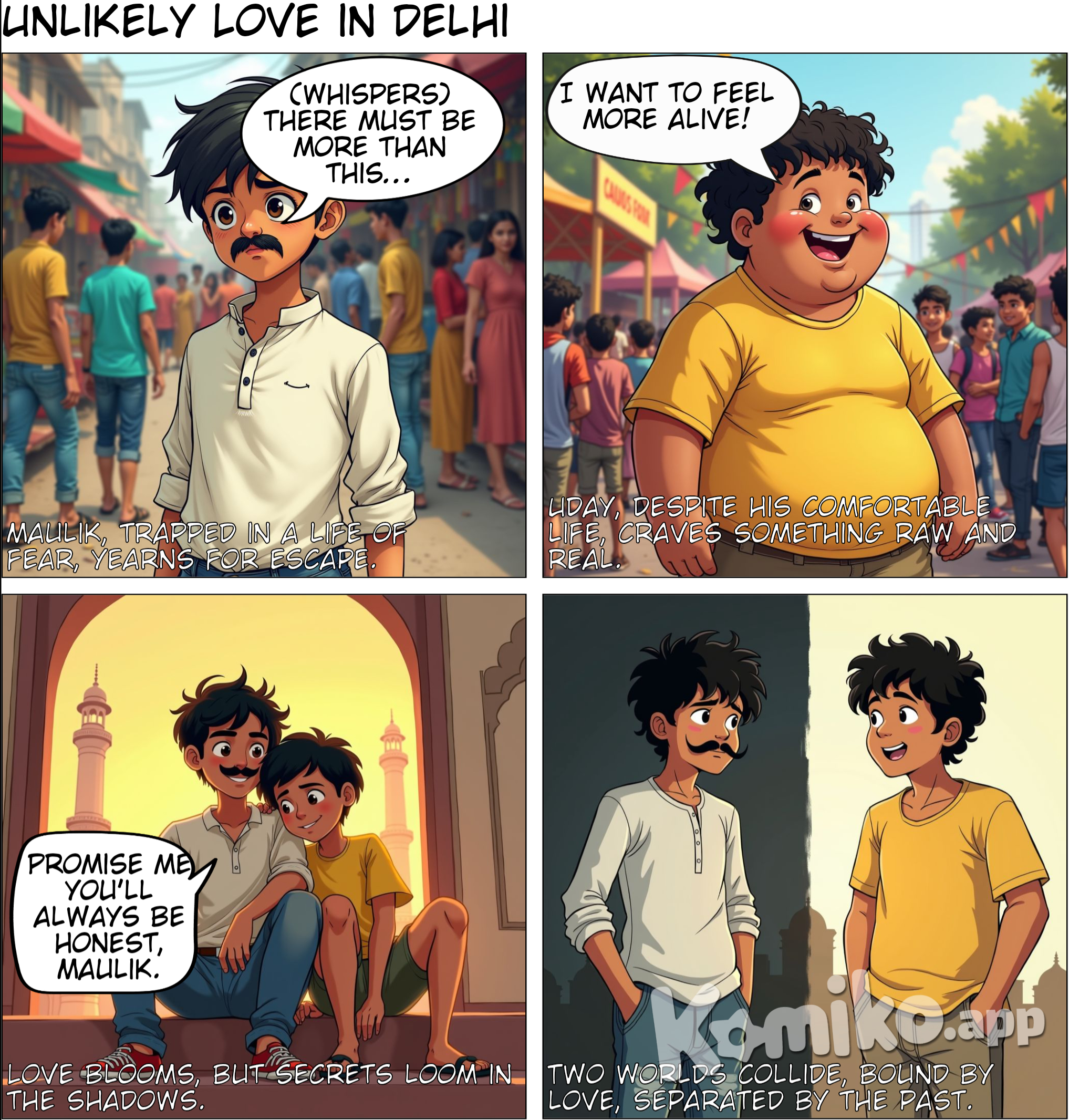 **Chapter 1: Whispers of the Past** This story is about Maulik and Uday, two souls from different worlds who found each other amid the streets of Delhi, bound by fate yet challenged by the secrets of their past. Maulik grew up in Paschim Puri, a place of bustling, narrow lanes, crowded markets, and a life that often felt like one long escape. His father was a hard man with a temper that flared unpredictably, and his mother, though gentle, often withdrew in silence. Left alone, Maulik wandered the noisy streets of Paschim Puri, looking for an escape from the shadows of his small apartment. The crowded markets became his refuge. He’d watch people go about their lives, his mind drifting into thoughts of freedom. One day, while hiding from his father’s anger in a corner of the marketplace, he whispered to himself, “There must be more than this. A life where I don’t have to walk on eggshells.” Meanwhile, in the quiet lanes of Paschim Vihar, Uday’s life was a contrasting story. Raised in a warm, close-knit family, his days were filled with laughter, love, and a sense of safety he took for granted. Yet, despite her comfortable life, he felt a restlessness he couldn’t explain. He would often gaze out of his window, watching the world beyond his street with a longing for something new. On weekends, he explored Delhi with friends, hunting for hidden gems and finding thrill in the vibrant city around him. “I want something real, something raw,” he would say to his friends. “I want to feel more alive.” Their worlds collided one evening during a college fest in central Delhi. Uday had been moving through the crowd, laughing with his friends, when he noticed a quiet figure standing alone by the edge of the gathering. Maulik, with his intense gaze and silent demeanor, seemed out of place. He watched the crowd with an almost sad expression, as if searching for something he couldn’t quite name. Curious, Uday left his friends and approached him. “Hey, why are you just standing here all by yourself?” he asked with a warm smile. Maulik looked up, startled, then offered a shy smile. “Just… watching. I’m not really good with crowds.” “Neither am I, sometimes,” he laughed, though his ease with people was evident. “But these fests can be fun—if you find the right company.” He extended his hand, introducing himself. “I’m Uday.” “Maulik,” he replied, hesitating before shaking his hand. They fell into easy conversation, discovering a shared love for Delhi’s hidden corners. As the night wore on, they exchanged stories of their favorite spots in the city, and Uday’s infectious energy gradually pulled Maulik out of his shell. From that night on, they were inseparable. Every weekend, they met to explore a new part of Delhi. Chandni Chowk, Jama Masjid, and the quiet ruins of Hauz Khas became the backdrop to their blossoming friendship. One evening, as they strolled through the narrow streets of Chandni Chowk, Uday turned to him, eyes twinkling. “It’s hard to believe we grew up in the same city, Maulik. Paschim Puri and Paschim Vihar feel like worlds apart.” Maulik nodded, his expression unreadable. “They are,” he said softly. “But with you, it doesn’t feel so far anymore.” Uday sensed a weight behind his words. “What was it like, growing up there?” he asked gently. He hesitated, but something about his presence made him feel safe enough to open up, even just a little. “My father… he wasn’t an easy man,” he said quietly. “I grew up watching my every step, waiting for things to go wrong.” His voice trailed off, and he looked away, the pain surfacing in his eyes. Uday reached out, placing a hand on his shoulder. “I’m here,” he said, his voice barely a whisper. “Whatever you want to share, I’m here to listen.” For Maulik, these words were a lifeline. With Uday, he felt a sense of peace he hadn’t known was possible. In Uday, Maulik found a friend and an anchor, someone who didn’t push but offered steady support. They’d often spend hours in silence, sitting under the ancient trees at Hauz Khas, the sunset casting golden light over the lake. Maulik would gaze at the water, lost in thought, and Uday would wait patiently, never pressing him to share more than he was ready for. One day, as they watched the sunset, Uday spoke up. “I don’t know what life has put you through, Maulik, but you deserve happiness, too. You deserve to feel free.” Maulik turned to him, the words hitting a part of him he kept locked away. “It’s hard to believe that sometimes,” he admitted. “But with you… I feel like maybe it’s possible.” Their relationship blossomed, though unspoken fears lingered in the background. For Uday, Maulik was the depth and intensity he had longed for, someone who filled his life with a raw, authentic connection. For Maulik, Uday was his light, guiding him out of the darkness of his past. But even as they grew closer, he struggled to fully let him in, haunted by the shadows of his childhood. As they sat on the steps of Jama Masjid one evening, watching the bustle of the market below, Uday leaned his head on his shoulder. “Promise me one thing, Maulik.” “What’s that?” he asked, looking down at him. “Promise me you’ll always be honest with me, no matter how hard it is.” Maulik felt a pang in his chest, sensing that he saw through his guarded walls. “I promise,” he replied softly, though a part of him feared he might not be able to keep that promise. Their love, born out of adventure and understanding, grew with each passing day. But as their bond deepened, so did the weight of Maulik’s secrets. While he wanted to give Uday the world, the wounds of his past were still raw, and he couldn’t shake the fear of letting him see the darkest parts of him. They stood at the edge of something deeper, unaware of the trials that lay ahead. As the lights of Delhi twinkled around them, two souls from opposite worlds were bound together, yet held apart by the invisible threads of the past, waiting for the truth that would one day test the strength of their love. STAY TUNED FOR PART 2…. . Uday is a bit fat and maulik is taller than Uday and has moustache. Both of them are around the age of 16.