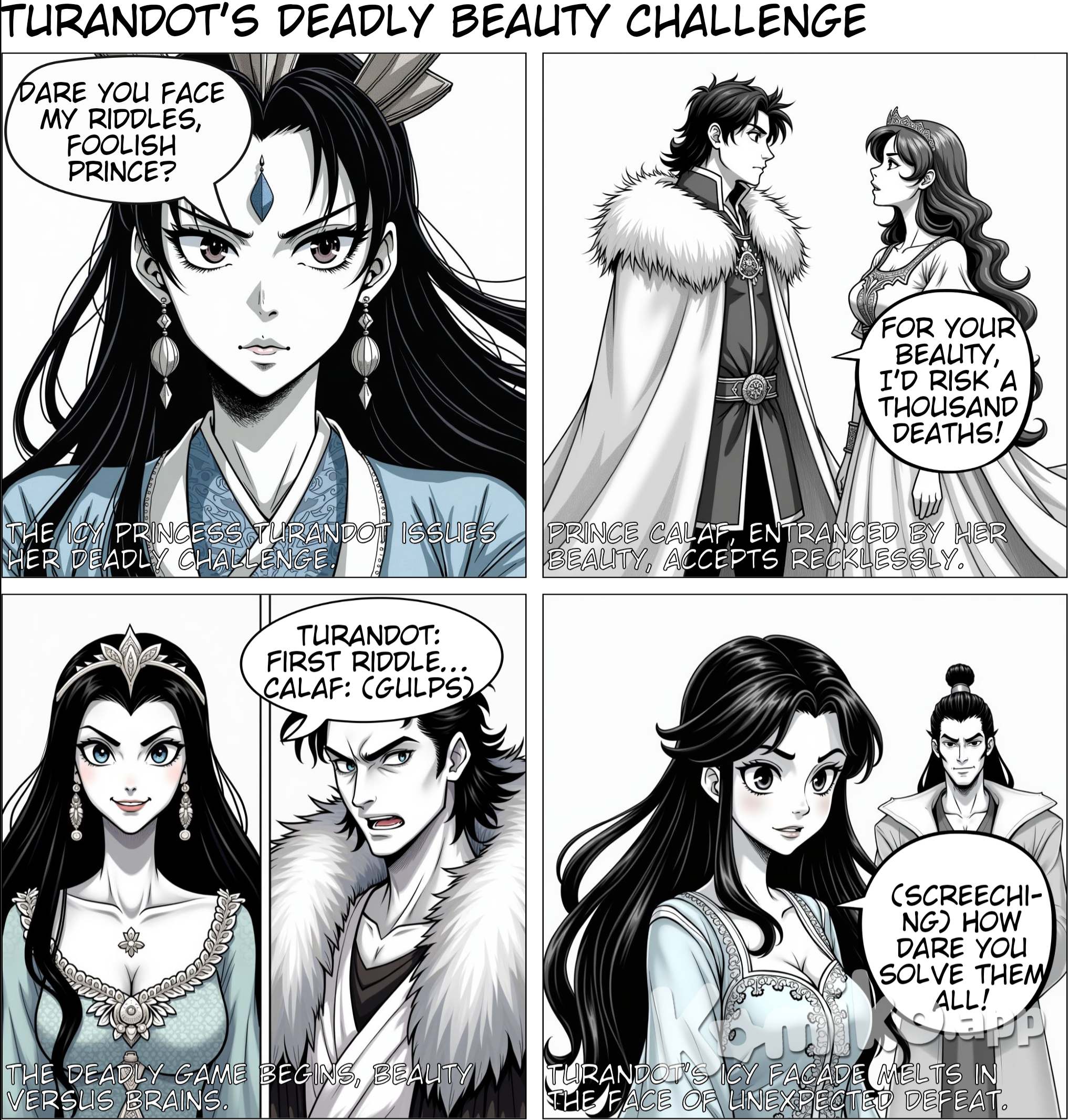 Proud, haughty, beautiful Princess of China, Turandot, in her icy blue robe, challenges Prince Calaf in his fur cloak with her three deadly riddles. He accepts the challenge because she's so beautifu..