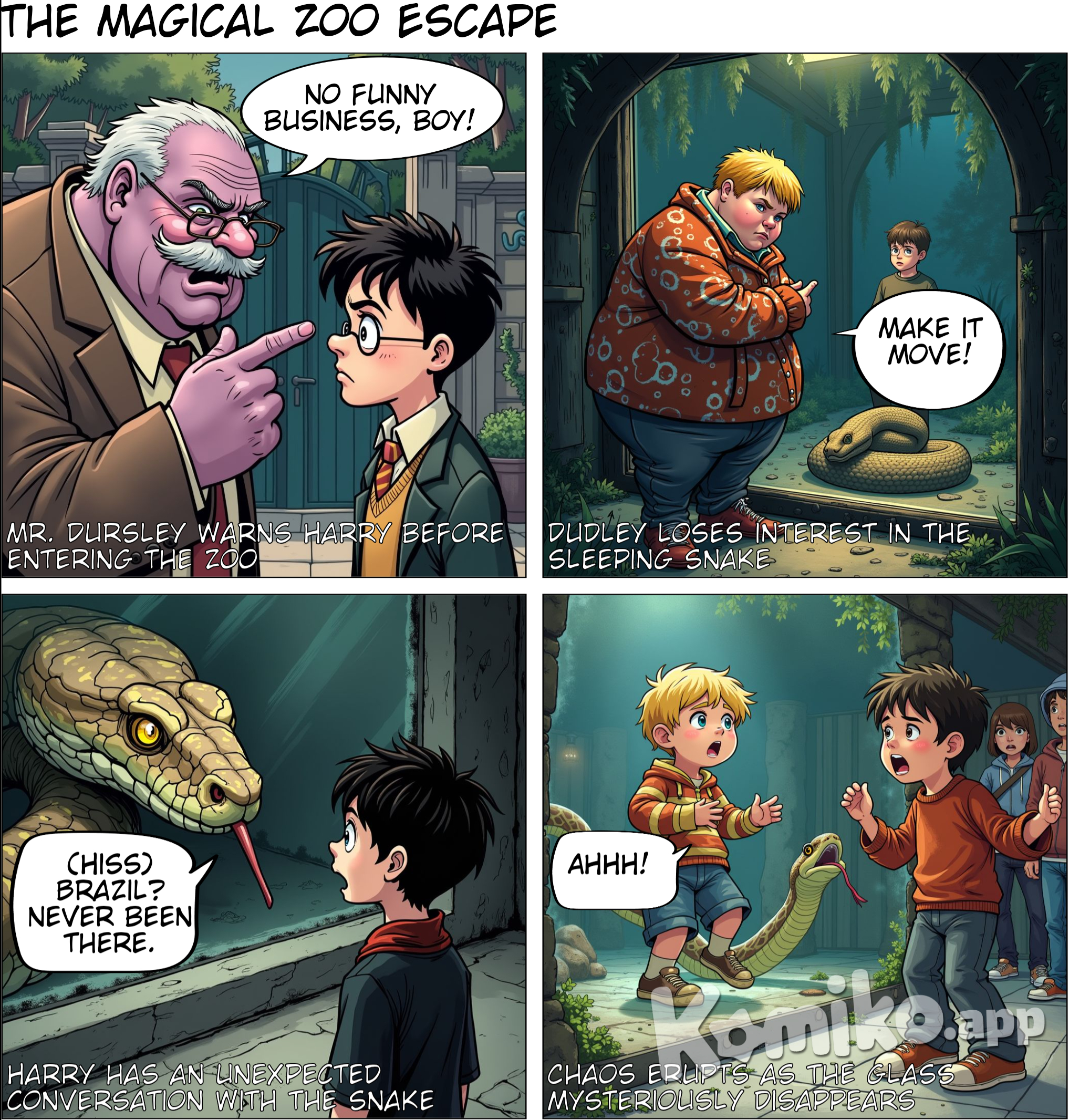The Vanishing Glass. Mr. Dursley warns Harry not to do anything suspicious at the zoo, and Harry promises he won't.Everything's going fine through lunch, until they get to the reptile exhibit. Dudley calls the largest snake boring, because it's just sleeping. Harry goes over to look at it in the snake exhibit after Dudley moves away. The snake looks up and winks at Harry, and they have a conversation. Harry Potter asks it where it's from, and the snake points to the sign that says Brazil. The snake's never been to Brazil, though, because it was born in captivity. Dudley is looking at the snake through the glass when suddenly the glass vanishes. The snake escapes and makes a run for it.