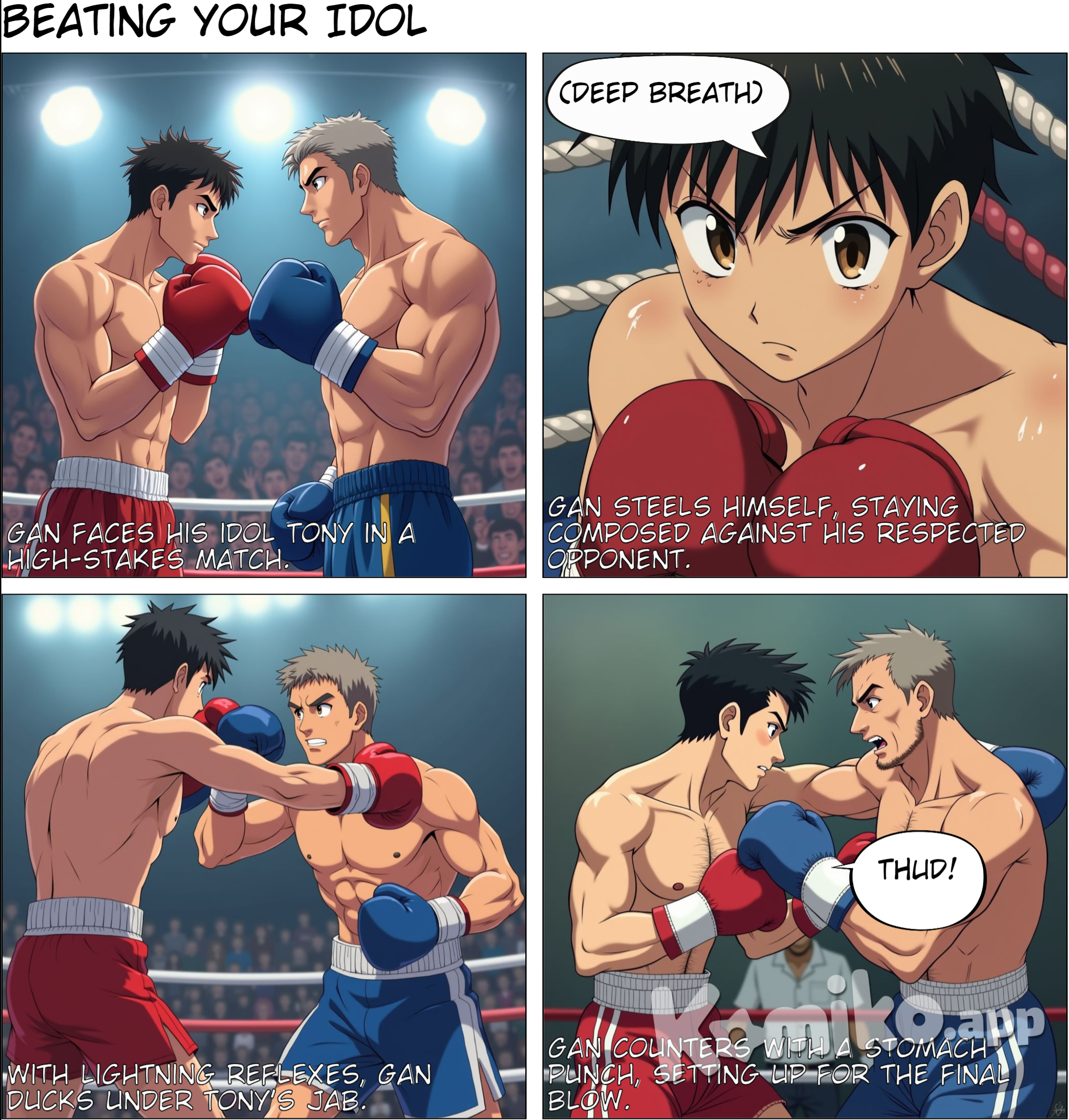 in a boxing match, Gan is a young challenger, fighting a veteran fighter Tony, who he respect, to beat his idol, he need to be very composed. When he duck a jap, he give a lunch to stomach and a overhand to KO Tony