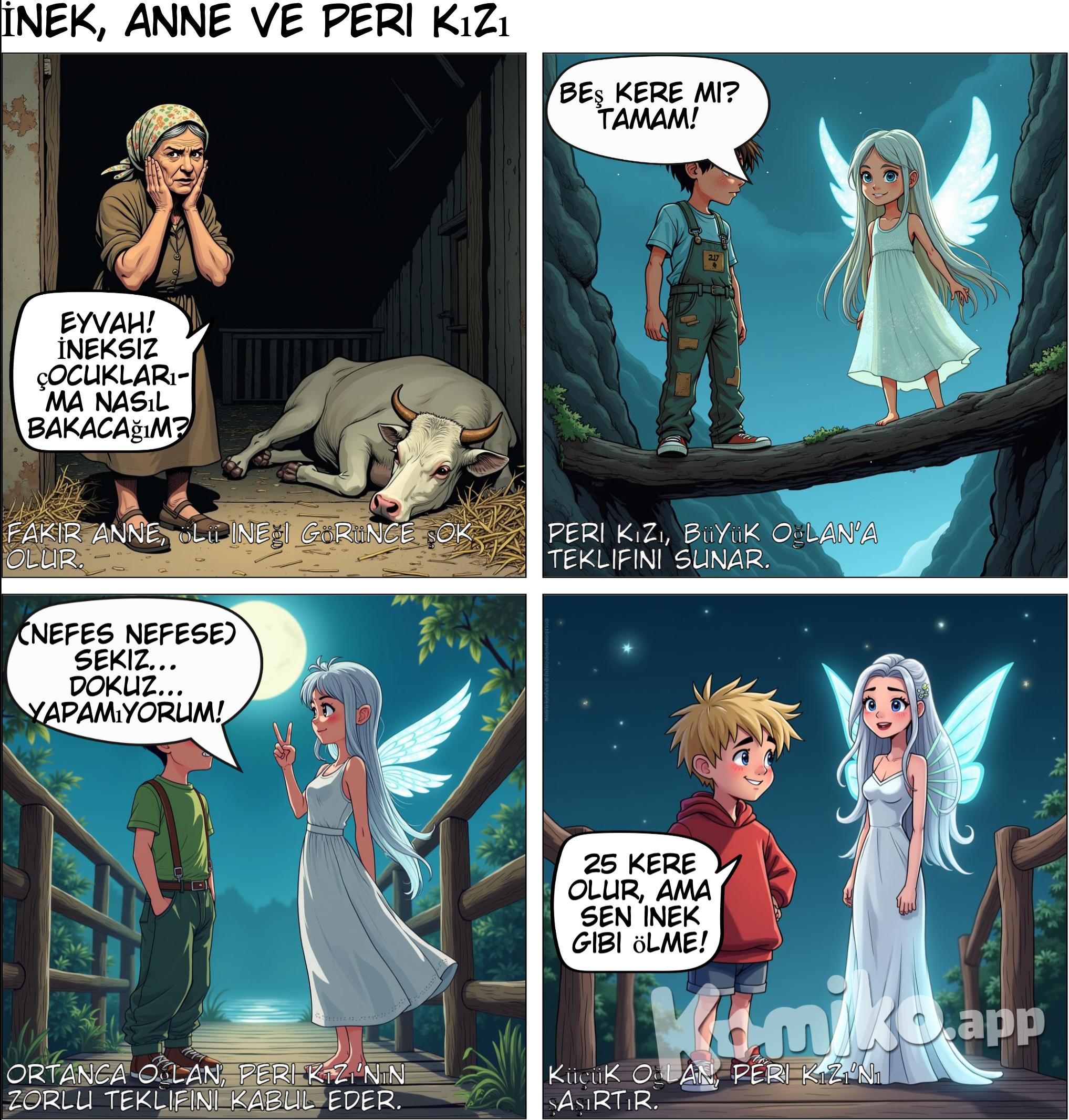 köyde 3 erkek çocuğu ile birlikte yaşayan fakir bir anne varmış . bunların bir de inekleri varmış. inek bu ailenin her şeyiymiş. sütünden hayatlarını kazanıyor, tarlayı ona sürdürüyorlar falan. inekten başka bir geçim kaynakları yokmuş. bir gün evin annesi ahıra gidip bakıyor ki inek ölmüş." eyvahlar olsun inek olmadan ben çocuklarıma nasıl bakarım " diyor ve oracıkta kalp krizi geçirip ölüyor. sonra en büyük oğlan ahıra gidiyor, bakıyor ki inek de, anne de ölmüş. bu da "kardeşlerime bakamam ben" diye intihar etmek için köprüye gidiyor. tam atlayacak iken bir peri kızı geliyor. (peri kızı da kız yani hani). oğlana " benim ile beş kere yatarsan, hem ineği hem de anneni geri getiririm" diyor. tabii büyük oğlan hemen "tamam" diyor.gelgelelim iki diyor, üç diyor dördüncüde tıkanıyor. 5. yi yapamayınca kendini köprüden aşağı atıyor. sonra ortanca oğlan geliyor ahıra. bir bakıyor ki anne ve inek ölmüş. abisinin de kara haberi gelmiş. o da gidiyor köprüye. peri kızı yine geliyor ve bu sefer "benimle on kez yatarsan ineği de, annenizi de, abinizi de geri getiririm" diyor.oğlan bir başlıyor ama o da en son 8 e kadar gelebiliyor. o da kendini atıyor köprüden. en sonunda küçük oğlan da geliyor ahıra. bir bakıyor ki anne, abiler sizlere ömür. "koskoca dünyada ben tek başıma ne yaparım?" diyor ve intihar etmek için köprüye gidiyor. yine peri kızı geliyor. bu seferde " benimle 15 kere yatarsan bütün aileni ve ineği geri getirim" diyor. bunun üzerine küçük oğlan: ooo ben seninle 15 değil, 25 kere bile olurum ama sonra sen de inek gibi ölme haa" demiş.