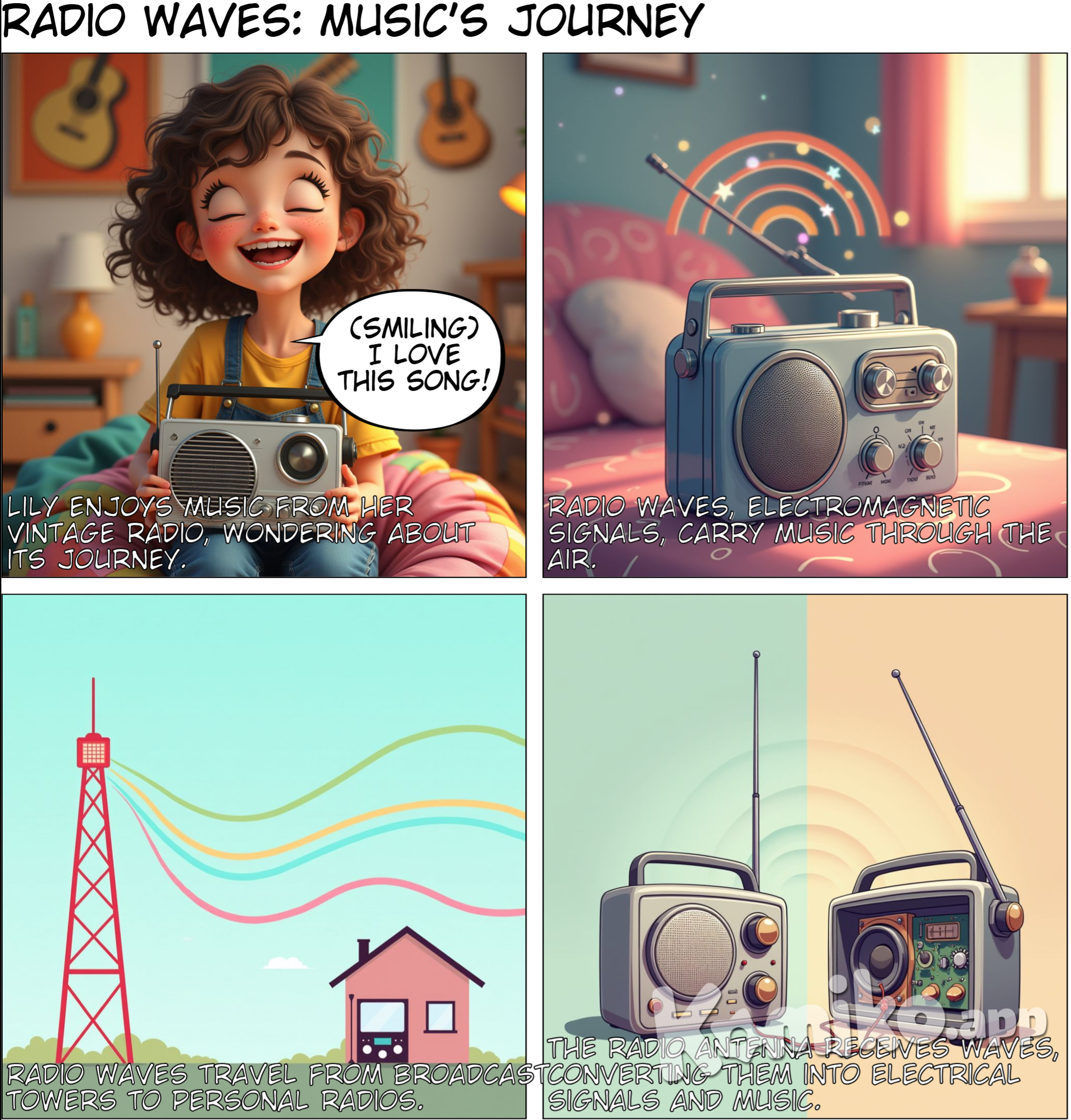 Page 1 Title: Radio Waves: Music in the Air Panel 1: A young girl, Lily, is listening to her radio, enjoying a song. Lily: (Smiling) I love this song! How does the music travel so far? Panel 2: A close-up of the radio antenna, showing radio waves emanating from it. Caption: Radio waves, a type of electromagnetic wave, carry music signals through the air. Panel 3: A diagram showing radio waves traveling from a radio tower to Lily's radio. Panel 4: Lily's radio antenna picks up the radio waves, converting them into electrical signals that create the music.