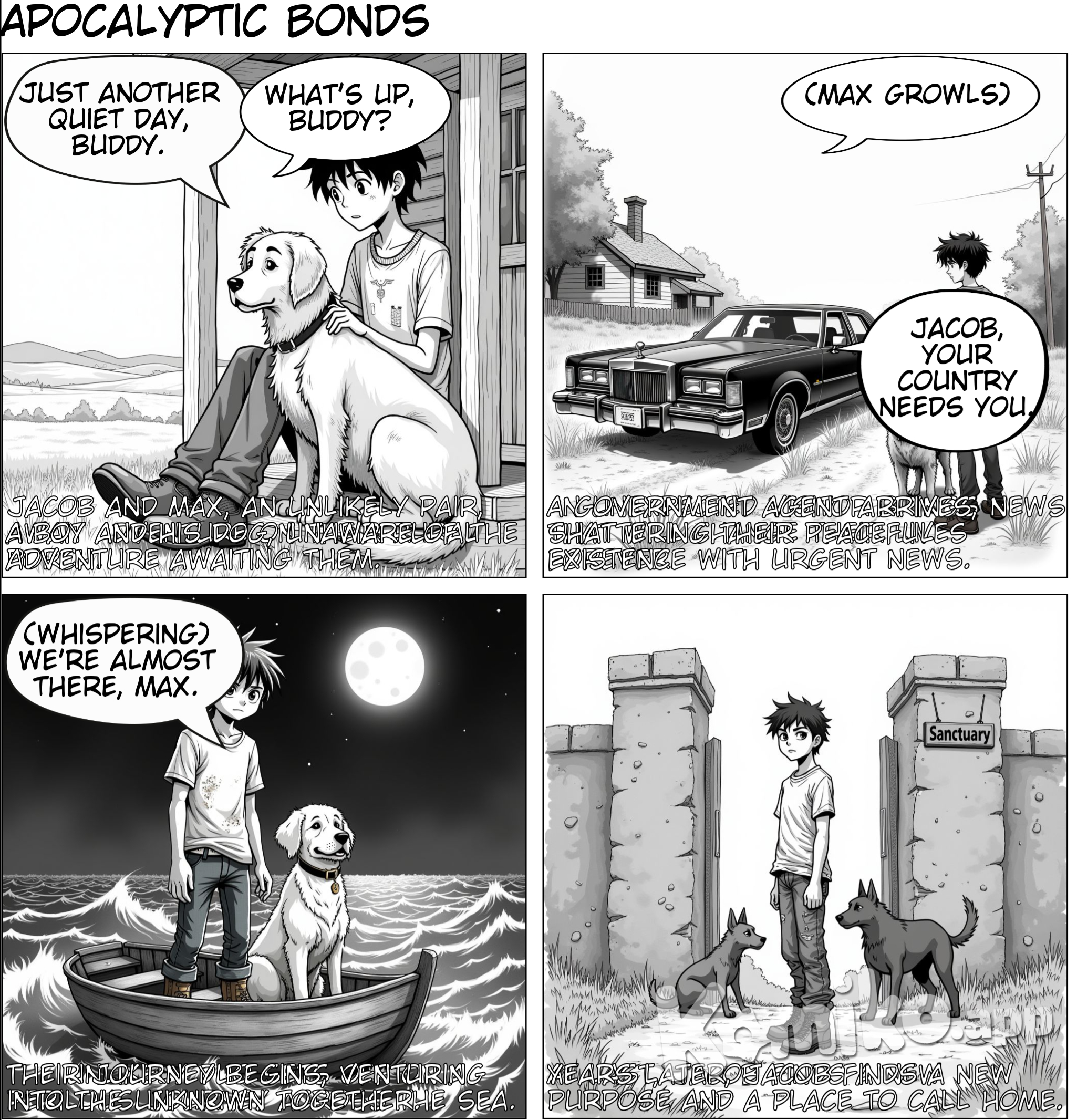 Jacob sat on the porch of his small, rural home, his eyes following the lazy arc of a distant crow. The air had the scent of freshly cut grass and the distant hum of a lawnmower. His hand absently stroked Max's fur, the golden retriever's eyes closed in contentment. They were an unlikely pair: Jacob, a scrawny teenager with a mop of unruly hair, and Max, a dog whose size suggested he could have been a bear in a previous life. Their bond was unbreakable, formed over countless afternoons of exploring the quiet countryside and nights spent watching the stars emerge, one by one, in the vast, black sky.  "What's up, buddy?" Jacob murmured as Max's tail thumped against the wooden boards in response to his touch. The dog looked up at him, eyes open now, questioning. Max had always had a knack for understanding human emotions. "Just another quiet day, I guess." The words hung in the air, hinting at the boredom that often filled the spaces between them. Jacob had always felt that there was something more, something just out of reach, that was meant for them. Little did he know how soon that something would come crashing into their lives.  The sudden sound of tires on gravel snapped them both to attention. A sleek black sedan pulled up, kicking dust into the air as it came to an abrupt stop in front of the house. The door opened, and a stern-faced man in a crisp suit emerged. He approached the porch with a sense of urgency, his shoes thudding heavily on the ground. Max growled low in his throat, his eyes narrowed suspiciously.  "Jacob," the man called out, his voice firm but not unkind. "Your country needs you."  Jacob's heart skipped a beat. What could the government possibly want with him? He'd never even stepped foot outside his hometown, let alone done anything to warrant this kind of attention. Max's growl grew louder, his hackles rising as the man continued his approach.  "What's going on?" Jacob asked, his voice shaking slightly.  The man took a moment to survey the scene before him—the boy, the dog, the simple house. Then, with a deep sigh, he pulled a small, folded piece of paper from his pocket and handed it over. "You and Max have been chosen for a mission of the highest importance," he said gravely. "The President's daughter has gone missing, and we believe she's on a secluded island. We need you to find her. This letter explains everything."  Jacob took the paper, his eyes wide with disbelief. Max's growl had subsided, but his body remained tense, sensing the gravity of the situation. The two of them had always been ready for an adventure, but this was beyond anything they could have ever imagined.  The man looked down at Max, then back at Jacob. "You leave tonight," he said. "You're all we've got."  With those words, the man turned and got back into his car, leaving a cloud of dust in his wake as he sped away. Jacob stared after him, the paper still clutched in his hand. The quiet of the countryside had been shattered, and the adventure of a lifetime was about to begin. He looked down at Max, whose gaze was fixed on the retreating car as if trying to understand the sudden change in their lives.  They had to move quickly. The letter contained detailed instructions and a map of the island, but no explanations as to why they were chosen or what they would face. All it said was that they were to travel light and stay in constant radio contact. Jacob gathered a few supplies: water, canned food, a first-aid kit, and a hunting knife that had been his father's. He packed it all into a small backpack and slung it over his shoulders. Max, ever the loyal companion, jumped up and nudged the pack with his nose, as if to say, "I'm ready when you are."  They set off at dusk, the sun casting long shadows across the fields as they walked toward the edge of town. The quiet was eerie, punctuated only by the occasional distant howl of a coyote. Jacob's mind raced with questions and fears, but he knew he had to keep moving. The boat they'd been instructed to take was docked at the old marina, and they had to reach it before it was too late. As they approached the water's edge, the moon began to rise, casting a silver path on the waves that seemed to beckon them forth.  The journey to the island was uneventful, the calmness of the sea a stark contrast to the turmoil in Jacob's thoughts. It was only when they set foot on the sandy beach that the reality of their mission truly sank in. The island was eerily quiet, the only sounds the crash of waves and the rustle of palm leaves in the gentle breeze. Max's tail stopped wagging, and he stuck close to Jacob's side, his nose in the air, sniffing for any signs of danger.  The first few days were a blur of searching, the tropical heat weighing on them like a heavy blanket. They found abandoned buildings and overgrown trails, but no sign of life, human or otherwise. It was as if the island had swallowed the president's daughter whole. The radio remained silent, no crackles of communication from the outside world to break the isolation.  And then, one evening as they made camp, the air changed. It grew thick with the scent of decay, and Max's ears perked up. The silence was shattered by a low, guttural moan. Jacob's heart pounded as the first zombie shuffled into view. Its eyes were glazed over, and it moved with a jerky, unnatural gait. He had seen enough movies to know what it was, but nothing could have prepared him for the cold horror of seeing one in real life. Max's hackles rose, and he let out a fierce bark. The creature's head snapped in their direction, and with a snarl, it began to lurch toward them.  Jacob knew what he had to do. He had never killed anything before, not even a fly, but he had no choice. For the first time in his life, he was fighting for survival. He pulled out the hunting knife and, with trembling hands, faced the zombie. Max bared his teeth, ready to protect his best friend. As the creature drew closer, Jacob took a deep breath and lunged forward, burying the knife into its skull. The zombie fell to the ground, lifeless once more, and the forest grew still again.  The two of them sat by the fire that night, the flames casting flickering shadows across their faces. Jacob felt a newfound resolve harden within him. This was their world now, a place of danger and uncertainty. But together, they would find the president's daughter and make it back home. They had to.  For the next few weeks, they faced hordes of the undead, each encounter more terrifying than the last. They grew adept at evading and, when necessary, dispatching the creatures. Jacob's arm grew strong from the endless reps of swinging the knife and axe they had found. Max became more agile, his instincts honed to a razor's edge.  They stumbled upon a base, a fortress built into the side of a mountain, where a ragtag group of survivors had made their home. The sight of other humans brought a brief moment of relief, but the joy was short-lived. The base was surrounded by a sea of zombies, and their supplies were running low. They had to rest, regroup, and formulate a new plan.  The survivors took them in with suspicion, eyeing the government-issued radio and the freshness of their clothes. They shared their stories around a makeshift table, the flares of torches dancing on their faces. Jacob spoke of the quiet countryside and the simple life he had known before, and the others talked of the cities overrun and the lives lost. They had seen the worst of humanity and had formed a tight-knit group to survive.  Four weeks into the mission, Jacob and Max set out again, their eyes on the prize: a towering skyscraper that stood sentinel in the heart of the island. Two hundred floors of steel and glass, a beacon of civilization in this hellish landscape. It was a place where the president's daughter might have sought refuge. The climb was arduous, each floor a testament to the chaos that had once been a bustling metropolis. The stench of death grew stronger with each step they took.  Finally, they reached the top floor, the wind whipping through the shattered windows, carrying the salty scent of the ocean with it. In the center of the room lay a grisly scene: the president's daughter, her body torn and bloodied, a feast for the flies. Jacob felt a heavy weight settle in his chest. He had failed. He knelt beside her, the reality of her fate too much to bear. Max whimpered, his nose buried in her lifeless hand.  Jacob's thoughts were interrupted by a sudden movement. He spun around, his hand reaching for his gun, only to find a single zombie staggering towards them. In his grief, he had forgotten to be cautious. He pulled the trigger without thinking, the bullet tearing through the creature's skull. The sound echoed through the empty space, and in that moment, the quiet was shattered as a horde of zombies, drawn by the noise, descended upon the tower.  Jacob had to act fast. He grabbed Max's leash and bolted for the stairs, adrenaline pumping through his veins. They had to get out before the tower was overrun. They descended floor by floor, the zombies' moans growing louder with each step. As they reached the ground floor, Jacob's mind raced with how to explain this to the president. The hope they had carried with them had turned into a nightmare, and now, they had to escape this island of the dead.  They spotted a boat docked nearby and sprinted towards it, Max's nails clicking on the pavement. The zombies were closing in, their arms outstretched, their eyes hungry for the living. They made it to the boat just in time, the engine roaring to life as the first of the horde reached the dock. The zombies stumbled after them, but the boat pulled away, leaving the island and their grim discovery behind.  But the horror didn't end there. As the boat sped through the water, Max's demeanor changed. His eyes grew glassy, and a low growl rumbled in his throat. Jacob's heart stopped as he saw the telltale signs of infection. Max had been bitten. The loyal companion he had relied on for so long had become a monster. The adventure had turned into a tragedy, and the quiet boy from the countryside was now a man who had to face the most difficult choice of his life.  Jacob looked into Max's eyes, searching for a flicker of recognition, but all he found was the hunger of the undead. He knew what he had to do, but the thought of killing his best friend was unbearable. With trembling hands, he pointed the gun at Max's head. The boat rocked under them as Max lunged, and in that moment of desperation, Jacob pulled the trigger. The shot rang out, echoing across the water. Max's body went limp, and Jacob felt a piece of himself die with the dog. The boat drifted aimlessly as Jacob sat, numb with grief and guilt. The zombies on the shore grew smaller and smaller until they were nothing more than shadows in the moonlight. Eventually, the silence of the night was pierced by the distant throb of a helicopter's blades. The rescue team had arrived. They had found the boat's distress signal, sent out during their escape from the tower.  The helicopter descended, its spotlight casting a stark, white beam onto the blood-spattered deck. The soldiers looked at Jacob, then at Max's lifeless body, and then back at him again. They had come for the president's daughter, but instead, they had found a teenager with a haunted look in his eyes and the weight of failure on his shoulders.  Jacob climbed into the helicopter, the wind whipping his hair. The pilot gave him a nod of understanding, and the blades began to spin faster, lifting them away from the island. As they rose into the sky, the tower grew smaller and smaller until it was just a speck in the distance. He had failed his mission, lost his best friend, and seen the worst of what the world had to offer. But he had also discovered a strength within himself that he never knew existed.  The helicopter ride back to the mainland was a blur of lights and noise. Jacob was taken to a government facility, where he was debriefed and asked to recount his harrowing journey. He spoke in a monotone, his eyes unfocused, as he told them about the zombies, the tower, and the fate of the president's daughter. The officials nodded gravely, scribbling notes, but it was clear they didn't fully grasp the horror he had experienced.  When the questions ended, Jacob was left alone with his thoughts. He knew he would never be the same again. The quiet countryside no longer held the same allure. The world had changed, and so had he. The only thing that remained constant was the emptiness in his heart, a void where Max used to be. The adventure was over, but the battle for survival had just begun.  The government offered him a home in a secured zone, promising to take care of him after his service. But Jacob couldn't shake the feeling of betrayal. He had lost so much, and for what? The president offered his condolences, his voice cracking over the intercom, but words couldn't fill the gaping hole inside him. The once-proud nation was now a shell of its former self, overrun by the walking dead, and he was the bearer of the grimmest news.  Jacob took to the streets, his eyes scanning the barren landscape for any sign of life. He had become a ghost in a world of shadows, haunted by the memories of his lost companion. He wandered from one abandoned town to another, the echoes of his footsteps the only company he allowed. The government had its own agendas, and he had no place in their plans.  One day, as he stumbled through the ruins of what was once a bustling shopping mall, he heard it: a faint bark, a ghostly echo of the past. His heart racing, he followed the sound until he found himself face to face with a pack of feral dogs, their eyes gleaming with the same hunger he had seen in Max's before the end. They snarled, their teeth bared, and Jacob realized that the bond between man and beast could still exist in this nightmare world.  He held out a shaking hand, and one by one, the dogs approached. They were like Max, once loved and now lost to the horror that had consumed the world. Slowly, tentatively, he began to build a new pack, each rescue a silent tribute to the friend he had lost. They became his new family, a living reminder of the love that could still exist amidst the decay.  Together, they roamed the wasteland, fighting off zombies and other dangers that lurked in the shadows. Jacob taught them the tricks Max had known, and in return, they taught him the ways of the wild. His skills grew, his aim became more precise, and he learned the art of survival from his newfound companions. They became the legend of the countryside: the boy with the pack of dogs who protected the living from the dead.  As the months turned into years, Jacob grew into a man, hardened by his experiences yet softened by the loyalty of his pack. The government had forgotten him, but the people remembered. They whispered his name in hushed tones, a beacon of hope in the dark. And though he never forgot the girl on the twenty-first floor, he found a new purpose in the lives he could still save.  The story of Jacob and his dogs grew, inspiring others to stand up and fight. They formed groups, following his example, and slowly, the tide of the apocalypse began to turn. The quiet boy from the countryside had become a leader, a symbol of resilience in the face of despair. And though the scars of his past would always remain, he had found a new path to walk, paved with the love of those who had chosen to stand by his side, even in a world gone mad.  Jacob had seen the worst humanity had to offer, but he had also seen the best. The camaraderie, the sacrifice, the fierce protection of the innocent—these were the moments that kept him going. His pack grew, and so did his legend. They ventured into cities reclaimed by nature, tearing down barriers and building new communities. They fought off zombies and bandits alike, bringing hope to those who had none.  But the world was vast, and the undead were many. Each victory was bittersweet, each life saved a reminder of those they had lost. The quiet nights were haunted by the cries of the infected, and the days were a constant struggle to find food and shelter. Yet Jacob pushed on, driven by the memory of Max and the promise of a future where the living didn't just survive, but thrived.  One day, as they approached the outskirts of what had once been a major city, they stumbled upon a strange sight: a wall, tall and fortified, surrounded by fields of green. Above the gates, a sign read, "Sanctuary." It was a place where people had come together to rebuild, to live without fear. It was a beacon in the wasteland, and it called to Jacob like a siren's song. He knew that beyond those walls, there was a chance for something more than just survival. With his pack at his side, he approached the gates, ready to face whatever lay ahead.  The guards eyed them warily, but the sight of the well-trained dogs and the determination in Jacob's eyes convinced them to let him in. Inside, the air was filled with the sounds of laughter and life. Children played in the streets, and the smell of cooking meat wafted from the communal kitchens. It was a stark contrast to the death and decay outside, and Jacob felt his heart swell with hope.  The leader of the sanctuary, a woman named Rachel, heard of Jacob's exploits and sought him out. Her eyes were tired, but there was a spark of life in them that told him she had seen worse than he had. She offered him a place to stay, a chance to rest, and the opportunity to join their cause. For the first time in years, Jacob felt a glimmer of belonging, a hint of what home might be like again.  He knew he had a choice to make. He could continue his solitary life, wandering from place to place, or he could settle down, help rebuild, and maybe, just maybe, find peace. The weight of his decision lay heavy on his shoulders, but as he looked into the eyes of his pack, he knew what he had to do.  Together, they had faced the worst the world had to offer. Now, they would face the future as a family, fighting for a new beginning. And though Max would always be with him in spirit, Jacob knew that he had found a new purpose, a new love, and a new reason to live in the hearts of those who had chosen to follow him.  The story of Jacob and Max had come to an end, but their legacy lived on, inspiring a new generation to find strength in the face of darkness, to stand tall in the shadow of the undying, and to never lose hope, no matter the odds. And as the sun set on the horizon, painting the sky with shades of orange and pink, Jacob stood at the gates of Sanctuary, the wind whispering through his hair, ready to face whatever the new day would bring. The end of one chapter, the start of another.  The sanctuary was a marvel of human ingenuity and resilience. It was a bastion of life in a world that had been so cruelly snuffed out. Within the walls, crops grew tall and healthy, children played without fear, and laughter could be heard echoing through the streets. It was a stark contrast to the desolate wasteland outside, where the only sounds were the moans of the undying and the occasional crack of a rifle.  Jacob was assigned a small house at the edge of the community, surrounded by a patch of earth where he could grow his own food and tend to his ever-expanding pack of dogs. Rachel, the leader, had recognized the potential in him and offered him a place in her inner circle, a chance to shape the future of Sanctuary. But first, he needed to heal, to find a way to live with the loss that haunted him.  Days turned into weeks, and weeks into months. Jacob helped patrol the walls, trained new recruits, and shared his knowledge of survival with those eager to learn. The pack grew stronger, their bond unbreakable, and together they ventured out into the wilderness, bringing back supplies and news of other survivors. They were the eyes and ears of Sanctuary, a symbol of protection and hope.  And as the seasons changed, so too did the face of the world. The zombies grew fewer, the crops grew stronger, and the whispers of a cure grew louder. The people of Sanctuary dared to dream of a world without fear, a world where the dead stayed dead and the living could live in peace.  But peace was a fickle mistress, and danger lurked around every corner. One fateful day, as Jacob and his pack returned from a scavenging run, they found the sanctuary under attack. A horde of zombies, driven by some unknown force, had breached the walls. The once-thriving community was now a battleground, and the screams of the people he had come to call his own filled the air with despair.  Without a second thought, Jacob sprang into action. His dogs at his side, he fought with a ferocity born of love and anger. He was a storm, a whirlwind of fury and protection, carving a path through the undead as he made his way to Rachel. She stood atop the watchtower, surrounded by the enemy, her eyes reflecting the fire of the setting sun.  The battle was fierce, the outcome uncertain, but as the last of the zombies fell, Jacob knew that they had won. The price had been high, the scars etched deep, but the sanctuary stood firm. Rachel looked at him, her gaze filled with a mix of admiration and sadness. "You've done so much," she said. "But the fight isn't over."  Jacob nodded, his hand tightening on the grip of his gun. He knew what he had to do. The world was still out there, still full of danger, still in need of heroes. He looked into the eyes of his pack, and in that silent understanding, he found his answer.  With new purpose in his heart, Jacob stepped out into the twilight, the dogs at his side, ready to face whatever the new day would bring. The adventure was never-ending, but so too was the hope. For as long as there was breath in his lungs and a beat in his heart, he would fight for the living, for the memory of Max, and for the promise of a future where the bonds of friendship and love could never be broken, not even by the jaws of the dead. The world had changed, and so had Jacob. The quiet boy was now a man of action, a leader of his own pack, and a beacon of hope in the post-apocalyptic wasteland. They roamed the countryside, seeking out survivors, slaying zombies, and spreading the word of Sanctuary. His legend grew with every step, whispered around campfires as a tale of courage and sacrifice.  One evening, as they rested by the side of a river, a small group of survivors stumbled upon them. Their eyes were wide with fear, but as they saw the well-fed, well-trained dogs, they approached with cautious hope. Jacob offered them food and water, his voice gentle, his eyes filled with understanding. They told him of the horrors they had seen, of the loss they had suffered, and of the whispers of a place where people could live without fear.  The group joined Jacob and his pack, swelling their numbers and their spirits. They traveled together, fighting side by side, and growing stronger with each passing day. They encountered other communities, some thriving, others struggling, but all in need of the hope that Jacob brought. His influence grew, his name a rallying cry for those who dared to believe that life could be more than just survival.  As the months stretched into years, the landscape began to shift. The zombies grew fewer, and the survivors grew bolder. The whispers of a cure grew louder, and the dream of rebuilding a world where humanity could thrive once more began to take hold. It was a long, hard road, fraught with danger and sacrifice, but Jacob walked it with determination.  He had lost so much, but he had also found so much more. In the love of his dogs, the loyalty of his new friends, and the trust of those he had sworn to protect, Jacob discovered a new reason to live. The quiet countryside of his youth was gone, but in its place was a new world, one where he had a chance to make a difference.  The story of Jacob and Max had ended on the twenty-first floor of that tower, but their legacy lived on in the hearts of those who continued to fight. And as Jacob stood at the edge of a new horizon, the setting sun painting the sky with shades of hope, he knew that the adventure was far from over. There was still so much to do, so much to fight for. And with his pack at his side, he was ready to face whatever the future held.  The journey ahead was uncertain, but Jacob was no longer the same boy who had once longed for excitement. He was a man who had seen the worst of humanity and had chosen to stand against it. His eyes were clear, his aim was true, and his heart was filled with the love of his companions. Together, they would carve out a new life in the ruins of the old, and maybe, just maybe, they would find peace in a world that had forgotten what that word truly meant.  The horizon called to them, a siren's song of promise and danger. But Jacob had faced worse, and he would not turn back now. With the last light of day fading behind him, he and his pack set forth, ready to conquer the night and all the horrors it held. For in the end, it was not the zombies that defined their world, but the bonds that held them together, the love that made them strong, and the hope that burned in their hearts, a beacon in the darkness, A place we call home.