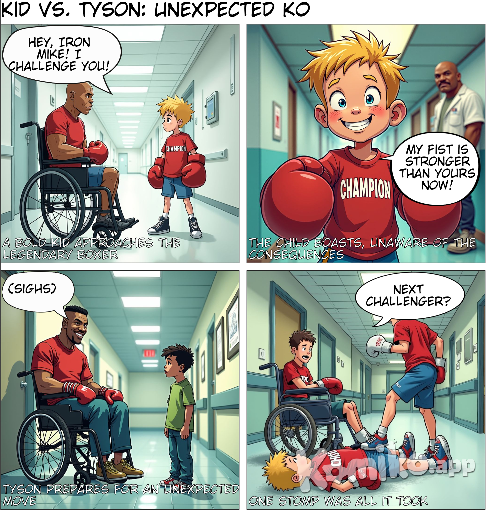 A kid challenger of fight with Mike Tyson when Mike Tyson sit on wheelchair, the kid say he has a Fist stronger than Mike Tyson, but Mike just stomp and kid die