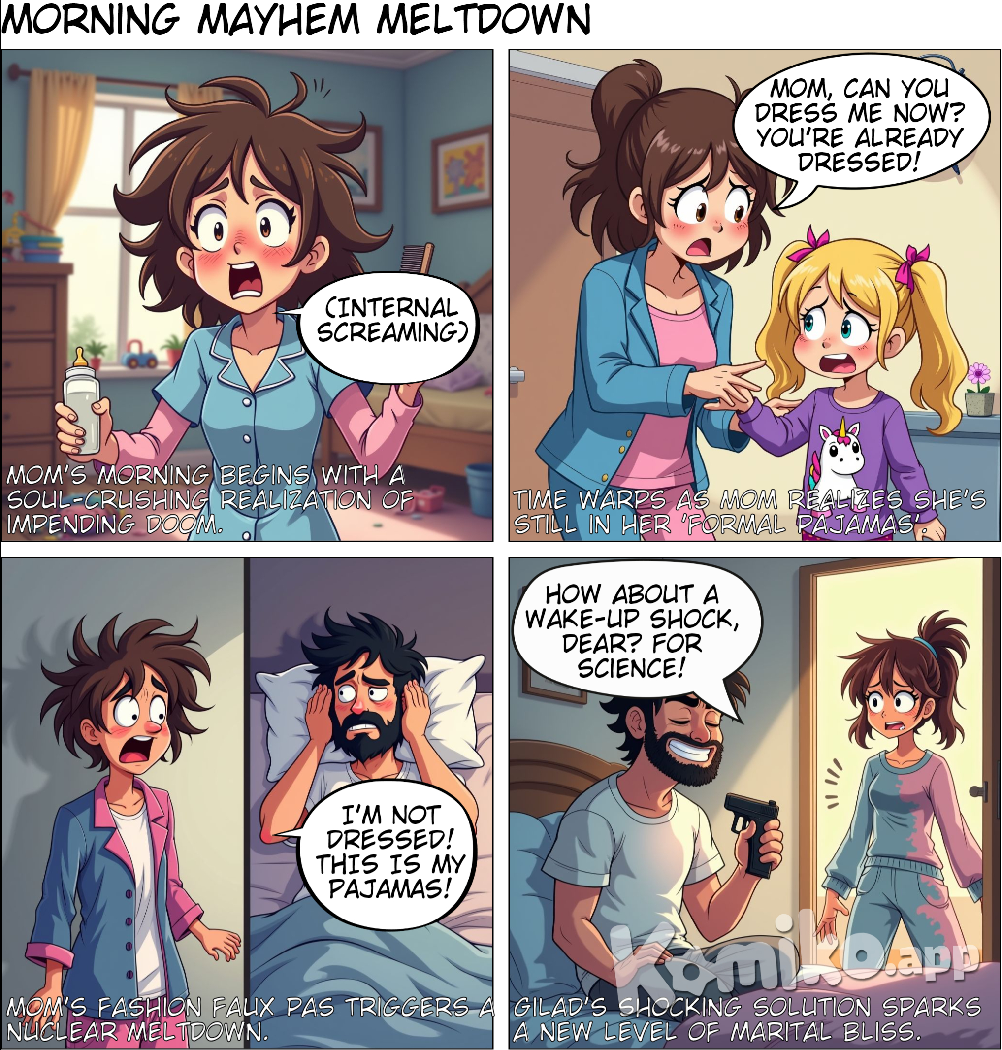 I got up feeling completely crushed and started getting the baby ready for daycare. Meanwhile, our daughter Arielle woke up, and I started getting her ready too. I called out to Gilad in the other room and asked if he planned to get up. He replied, "In five more minutes." In those five minutes, I tried to get myself together again. The pressure was building, the clock was ticking, and Arielle asked again: "Mom, can you dress me now? You’re already dressed!" That’s when I shouted: "I’m not dressed! This is my pajamas!"Gilad, still in the other room, called back: "Why are you yelling?!" He started complaining that he couldn’t handle waking up to my yelling anymore.I went into his room and started telling him I’m yelling because he doesn’t get up and I need help. He said, jokingly (but with a sharp tone): "From now on, I’m going to wake you up every morning with an electric shock so you’ll know how it feels."