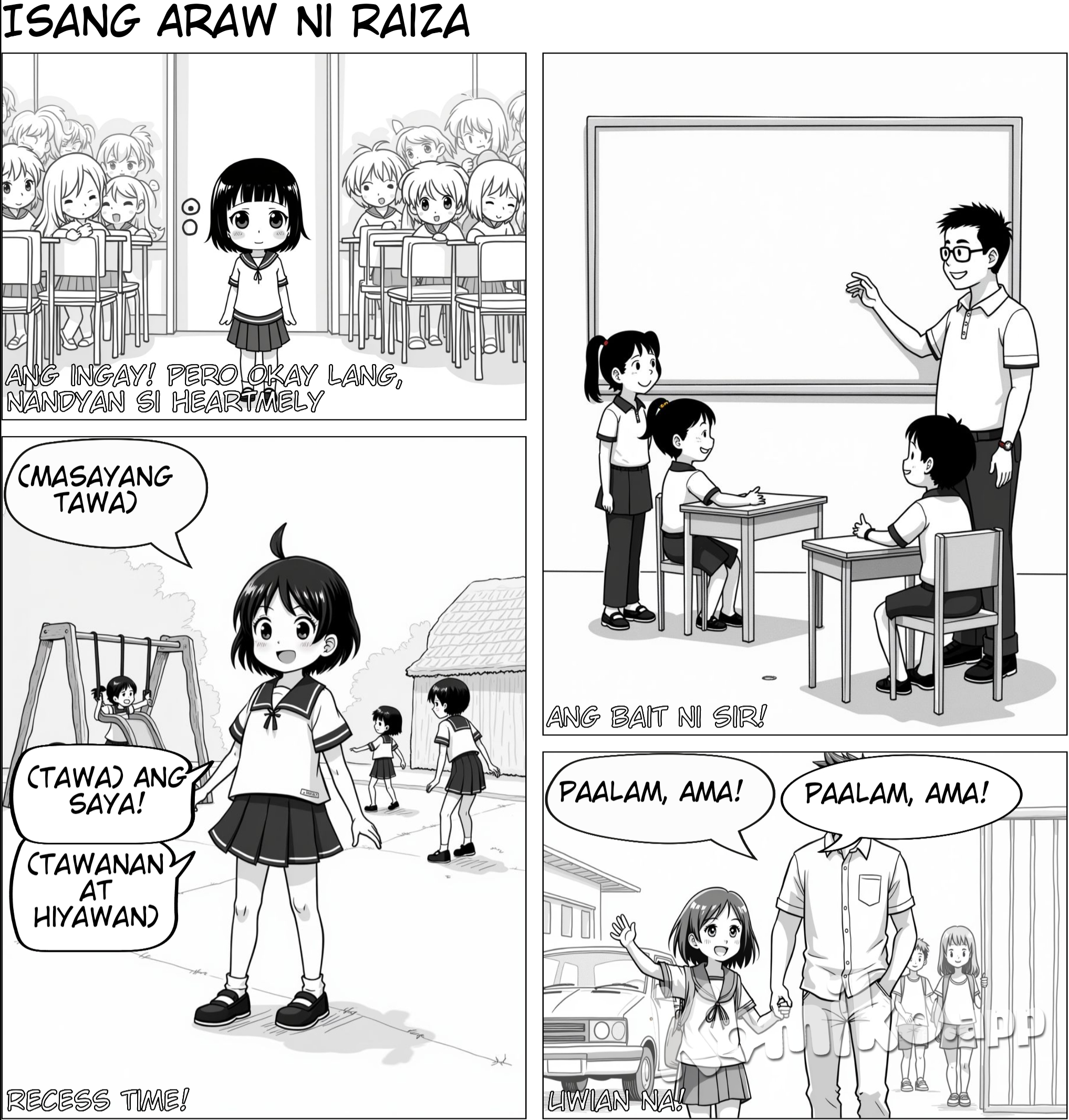 Character name raiza, 5years old short hair with uniform Panel 4: (Isang larawan ng bata na pumapasok sa silid-aralan, maraming bata ang maingay) CAPTION: Ang ingay! Pero okay lang, nandyan si Heartmely   Panel 5: (Isang larawan ng bata at ng kanyang pinsan na nakikinig sa guro) CAPTION: Ang bait ni Sir!   Panel 6: (Isang larawan ng mga bata na naglalaro sa recess) CAPTION: Recess time!   Panel 7: (Isang larawan ng bata na kumakaway sa kanyang ama) CAPTION: Uwian na!  