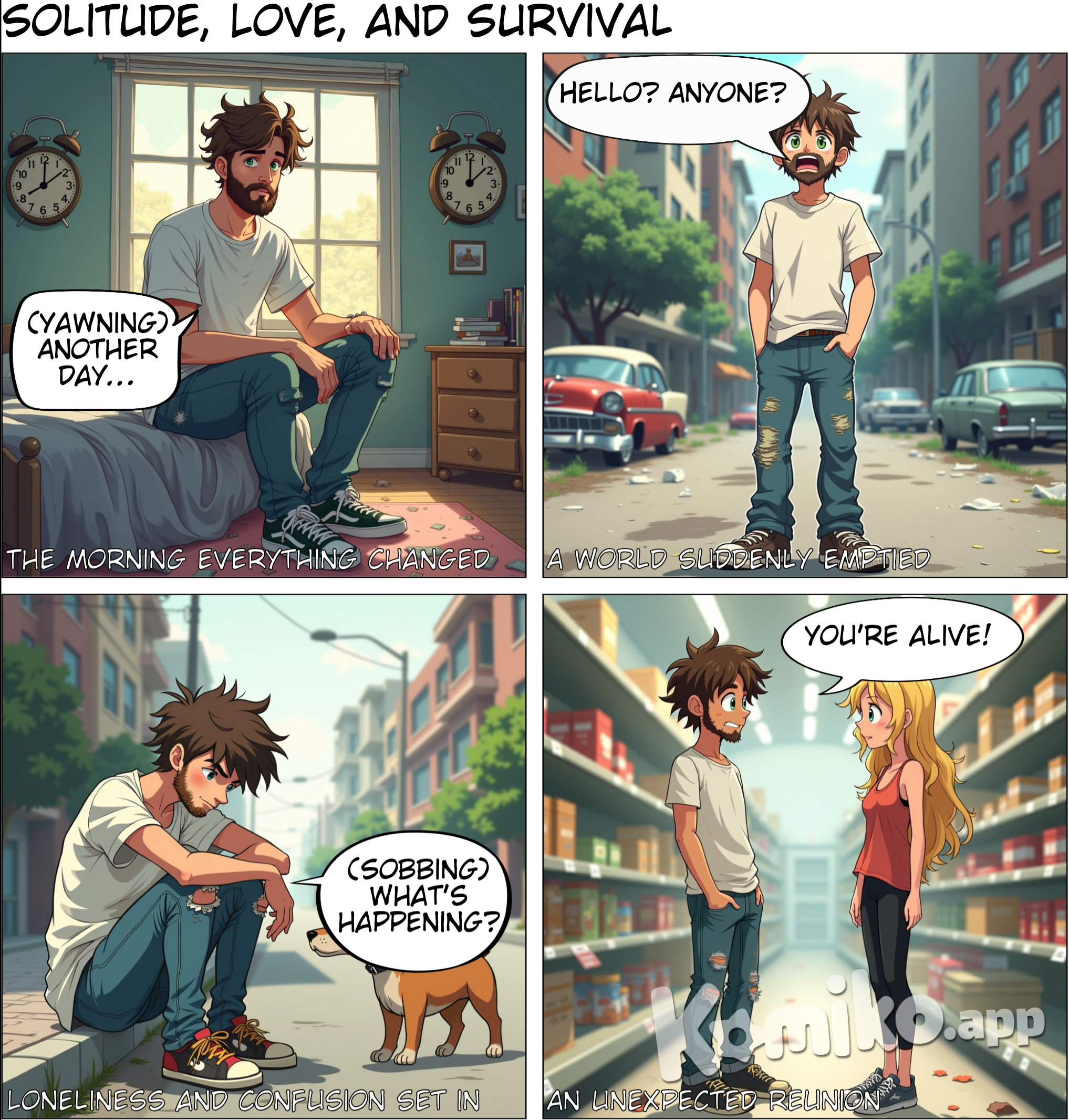 create a story of me after suddenly in a morning everyone in the planet get wiped out/disappeared just like that and my survival,  after a very few days i met my old crussh and we both shocked and somehow trying to understand whats happening and we live the rest of the life, i leave the rest of life my life to your imagination. Create this with a loads of images and doesnt matter  how many slides, how many pictures how many anything, i want all it to be detailed and like a book. You can use pdf or whatever and you can create. I dont care how long it takes i gonna wait here for long as it takes. So your best and dont give me an excuse and dont make me regret. 