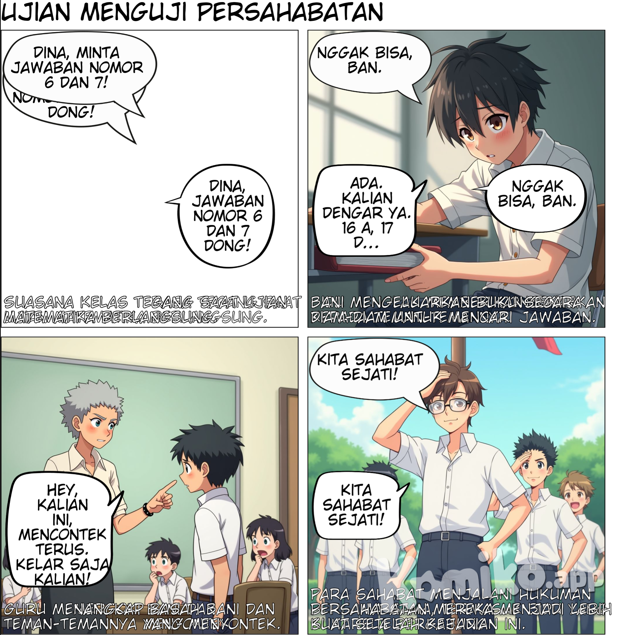 Ruangan kelas terasa sangat dingin dan tegang, karena bertepatan dengan momen ujian semester sekolah. Andi dan Bani duduk sebangku, kemudian ada Siti dan Dina duduk sebangku di depannya, sedangkan Bidu duduk sendiri di samping Bani.  Saat itu, matematika adalah mata pelajaran yang sedang diujikan. Semua murid pun tampak kebingungan dan kewalahan saat melihat soalnya. Sehingga, terjadilah percakapan antara para sekawan, Andi, Bani, Bidu, Siti dan Dina.  Bani: "Dina, aku mau minta jawaban dari soal nomor 6 dan 7 dong!"  Dina: "B dan D"  Siti: Kalau nomor 11, 12, dan 13 jawabannya apa Ban?"  Bani: "11 A, 12 D, nomor 13 aku belum nih"  Andi: "Husssttt... jangan kenceng-kenceng nanti guru dengar lho"  Siti: "Soalnya susah sekali, masih banyak yang belum aku kerjakan nih"  Kemudian mereka berempat pun memutuskan untuk saling contek menyontek. Namun, tidak dengan di Bidu. Bidu malah terlihat tenang dan mengerjakan soal ujiannya sendiri tanpa bergabung untuk menyontek.  Bani: "Bid, kamu udah selesai jawab soal?"  Bidu: "Belum, masih 2 soal lagi"  Bani: "Aku mau minta jawaban nomor 16 sampai 20 Bid!"  Bidu: "Nggak bisa, Ban"  Bani: "Lah kenapa? Kita kan sahabat, harus kerja sama"  Dina: "Iya Bidu, kita harus kerja sama"  Andi: "Iya, kamu kan paling pintar di sini Bid"  Bidu: "Tapi bukan kerja sama yang seperti ini harusnya"  Siti: "Kenapa emangnya? Cuma beberapa soal doang!"  Bidu: "Menyontek atau memberi contekan itu hal buruk sama dengan soda. Aku tidak mau menyontek karena dosa, atapun memberi contekan ke kalian. Aku minta maaf ya"  Siti: "Tapi saat ini mendesak Bid"  Dina: "Ya Bidu, bantu kami"  Bidu: "Tidak, maaf"  Andi: "Ya sudah, biarkan. Uruslah urusanmu sendiri Bid dan kami akan urus urusan kami sendiri" (Marah dan kesal)  Bani: "Kita lihat buku saja"  Bani pun lalu mengeluarkan buku matematika dari kolong mejanya secara diam-diam. Kemudian melihat rumus dan jawabannya. Lalu, Siti menanyakan hasilnya.  Siti: "Bagaimana Ban, ada tidak? apa jawabannya?  Bani: "Ada. kalian dengar ya. 16 A, 17 D, 18 B, 19 A, 20 C"  Namun, suara Bani yang terdengar keras, membuat guru pun mendengarnya. Seketika menghampiri mereka.  Guru: "Hey, kalian ini, mencontek terus. Kelar saja kalian!"  Mereka berempat pun keluar dari kelas dan dihukum di lapangan untuk menghormati tiang bendera.  Bani: "Aku tidak menyangka akan dihukum seperti ini"  Siti: "Seharusnya kita belajar ya"  Andi & Dina: "Iya benar!"  Tiba-tiba Bidu keluar kelas dan menghampiri mereka. Kemudian ia ikut berdiri hormat sama seperti yang lain.  Dina: "Kenapa Bid? Kamu dihukum juga?"  Bidu: "Tidak, aku ingin menjalani hukuman kalian juga. Kita kan sahabat? Aku ingin kita bersama"  Siti: "Aku berharap ini jadi pelajaran untuk kita semua ya"  Dina: "Dan tidak boleh diulang lagi"  Andi: "Kita sahabat sejati!"  Lalu, mereka pun menjalani hukuman dengan tawa dan senyum. Persahabatan akan mengalahkan segala keburukan dan membuat kita tidak akan mengulangi hal buruk lagi.