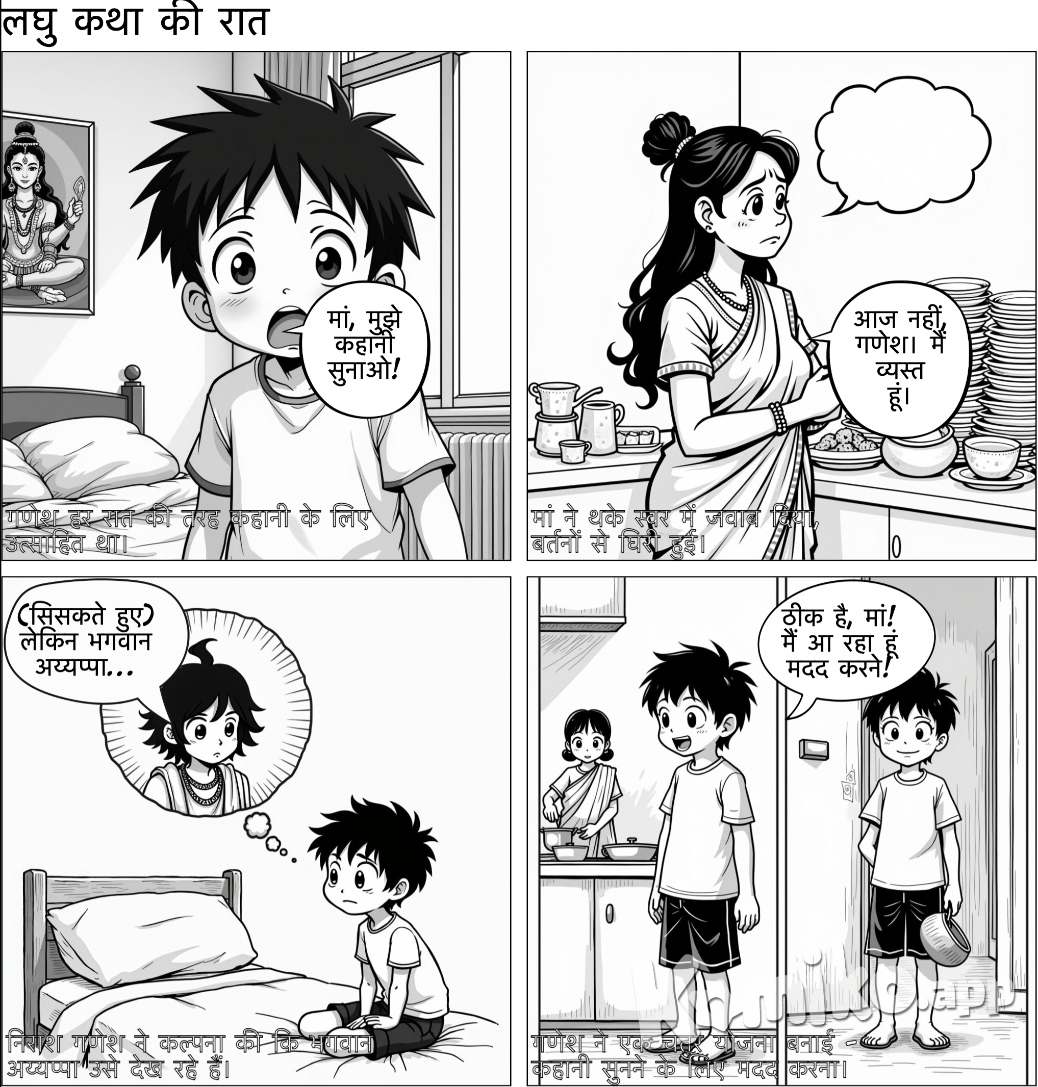 Ganesh was a 10year old Indian boy. Every night his mother used to tell him stories of lord ayyappa. Today his mother was busy with household chores. He shouted to her "maa tell me the story". She said " Not today Ganesh. I am busy with cleaning utensils in kitchen."