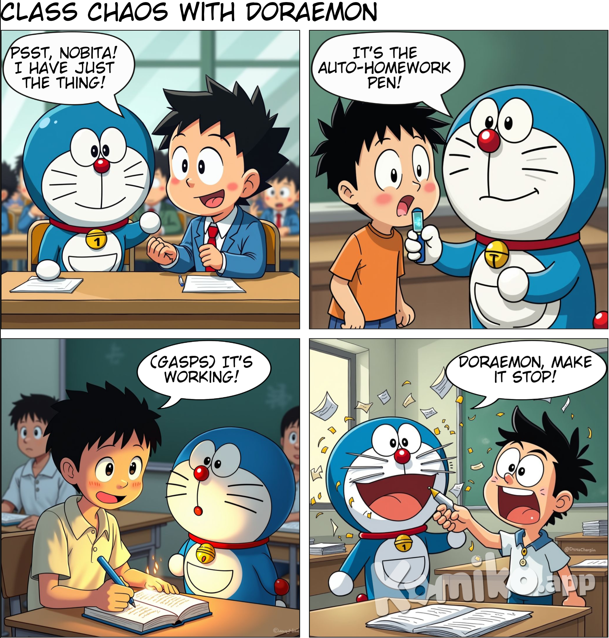 Doraemon and boy friendschat in class while doing 
