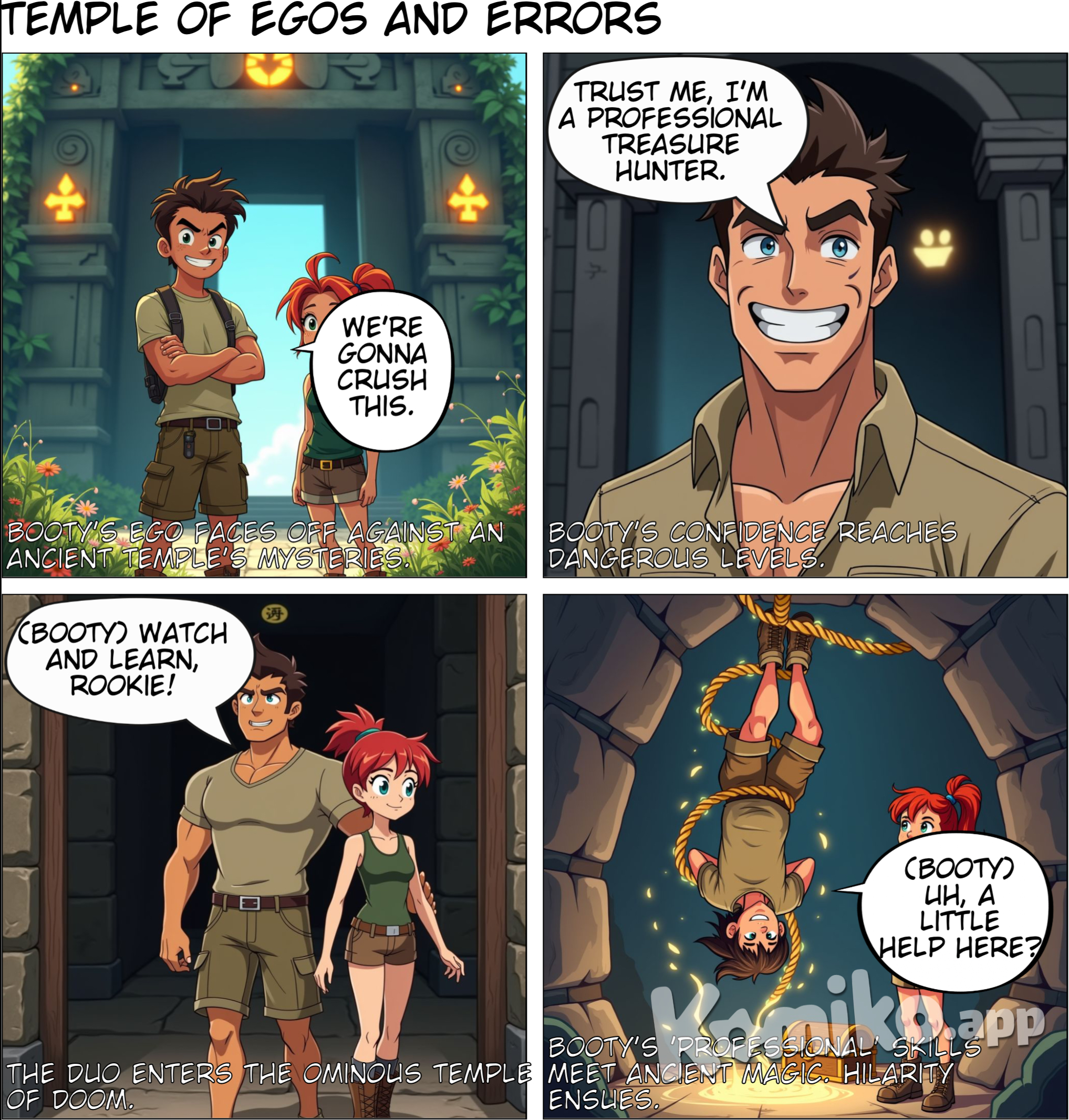 Panel 1: The comic opens with Booty and Chomp standing in front of a grand, ancient temple entrance, covered in vines and mysterious symbols. The air is filled with the scent of wildflowers and adventure. Booty (with a smug grin, crossing his arms): "Chomp, you know we’re the perfect team. No one can match my brains... and, well, obviously my looks. We’re gonna crush this." Chomp (with a playful eye roll): "Sure, if by 'crush' you mean 'get trapped in a magical puzzle'—then yeah, we’re definitely the perfect team." Booty (laughing confidently): "Trust me, I’ve got this. After all, I’m a professional treasure hunter. The best."