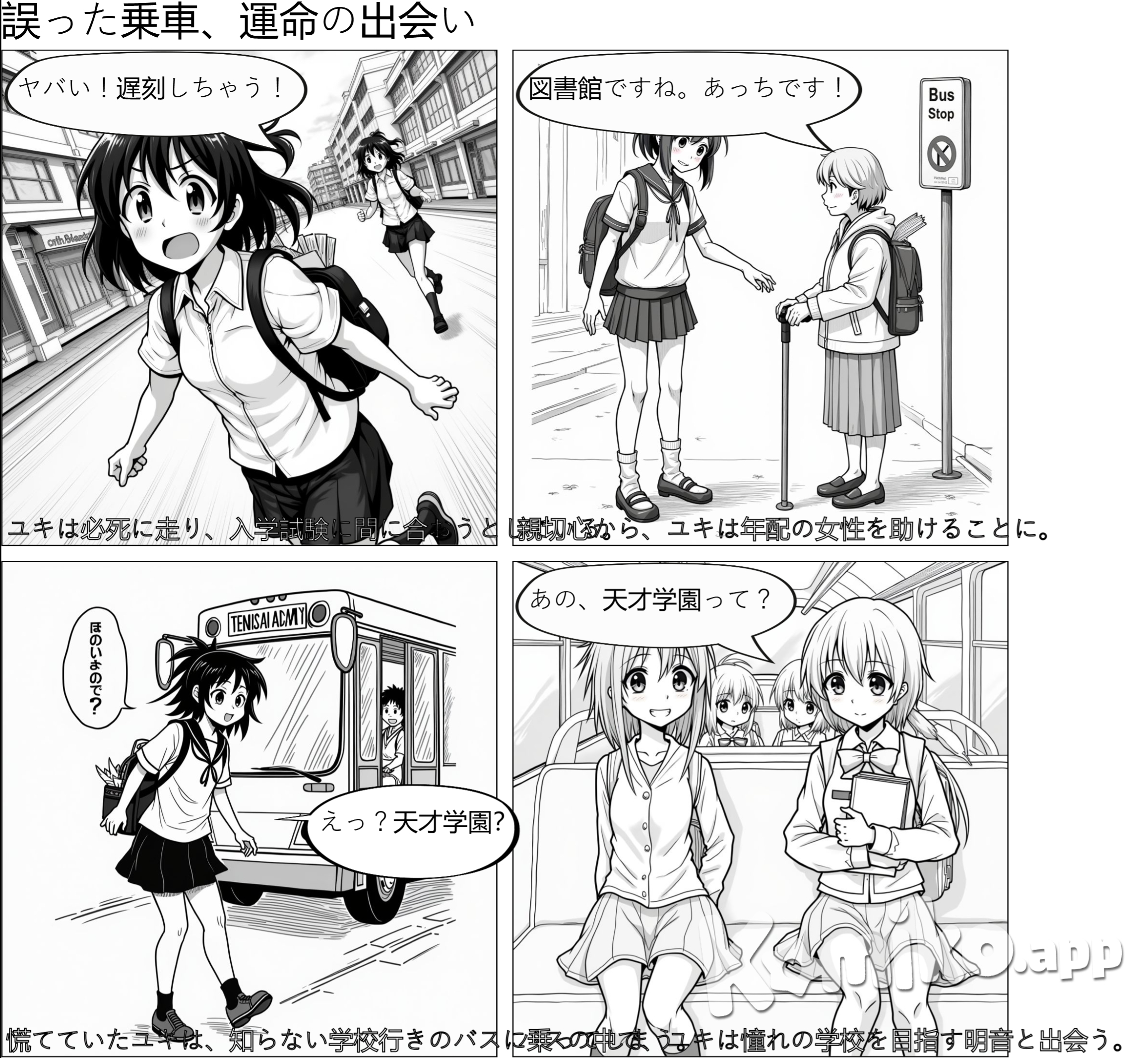 Yuki Kasumi, a lively and forgetful high school student, scrambles to make it to her entrance exam on time. After a frantic morning and a brief detour to help an older lady find a library, she finds herself accidentally boarding a bus to Tensai Academy, a prestigious and secluded school she had never heard of. On the bus, she meets Akane Tanaka, a shy girl who dreams of getting into the renowned academy.