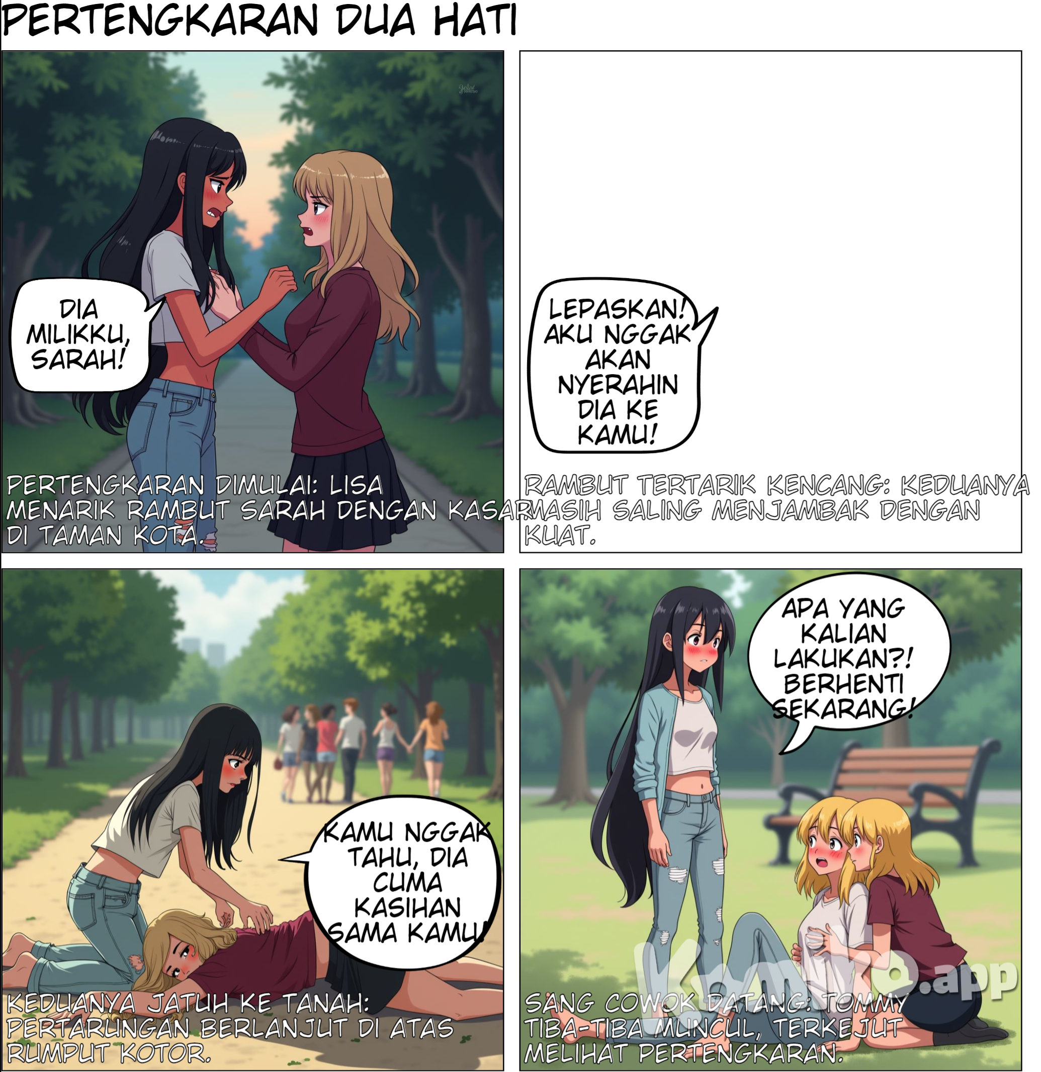 **Panel 1: "Pertengkaran Dimulai"** - **Karakter 1 (A - Lisa):** Lisa memiliki rambut panjang lurus hitam yang menjuntai hingga punggung. Dia memakai *crop top* putih tanpa kerah dan lengan pendek, dipadukan dengan celana jeans robek warna biru muda. Dengan wajah merah karena marah, dia mulai menarik rambut Sarah. - **Karakter 2 (B - Sarah):** Sarah memiliki rambut pirang bergelombang sebahu. Dia mengenakan kaos lengan panjang merah marun dengan rok hitam. Tingginya lebih pendek dari Lisa, dan dia berusaha melawan dengan tangan terulur ke arah rambut Lisa. - **Latar:** Mereka berada di taman kota saat senja, dengan jalan setapak dan pepohonan rimbun di sekitar mereka. - **Aksi dan Dialog:** - **Lisa (sambil menarik rambut Sarah):** "Dia milikku, Sarah!" - **Sarah (merintih kesakitan):** "Kamu nggak tahu apa-apa tentang dia, Lisa!" **Panel 2: "Rambut Tertarik Kencang"** - **Lisa:** Rambutnya mulai acak-acakan, namun genggamannya tetap kuat pada rambut Sarah. Wajahnya tampak penuh amarah. - **Sarah:** Rambut pirangnya kusut, ekspresinya menahan sakit, mencoba menarik tangan Lisa dari rambutnya. - **Latar:** Taman dengan lebih banyak daun-daun gugur berserakan di bawah kaki mereka. - **Aksi dan Dialog:** - **Sarah (berteriak):** "Lepaskan! Aku nggak akan nyerahin dia ke kamu!" - **Lisa:** "Coba saja kalau bisa!" **Panel 3: "Keduanya Jatuh ke Tanah"** - **Lisa:** Terjatuh ke tanah bersama Sarah, bajunya terkena tanah, namun dia masih menarik rambut Sarah. - **Sarah:** Terlentang di tanah dengan wajah yang kesakitan. Dia memegang lengan Lisa, berusaha melepaskan cengkeraman Lisa. - **Latar:** Jalan setapak dengan rumput kotor di sekitar mereka. Orang-orang di kejauhan mulai melihat ke arah mereka. - **Aksi dan Dialog:** - **Lisa:** "Aku udah lama deket sama dia!" - **Sarah:** "Kamu nggak tahu, dia cuma kasihan sama kamu!" **Panel 4: "Sang Cowok Datang"** - **Karakter Cowok (Tommy):** Tommy, dengan rambut hitam pendek dan kemeja biru muda lengan panjang, tiba-tiba muncul dengan ekspresi terkejut, melihat kedua gadis berkelahi. Dia tinggi dan atletis, mengenakan celana krem. - **Lisa dan Sarah:** Keduanya berhenti sejenak, masih saling memegang rambut, lalu melihat Tommy dengan ekspresi bingung dan cemas. - **Latar:** Bagian terang taman, dengan bangku dan pohon di belakang Tommy. - **Aksi dan Dialog:** - **Tommy (panik):** "Apa yang kalian lakukan?! Berhenti sekarang!" - **Lisa dan Sarah (bersamaan):** "Tommy!"