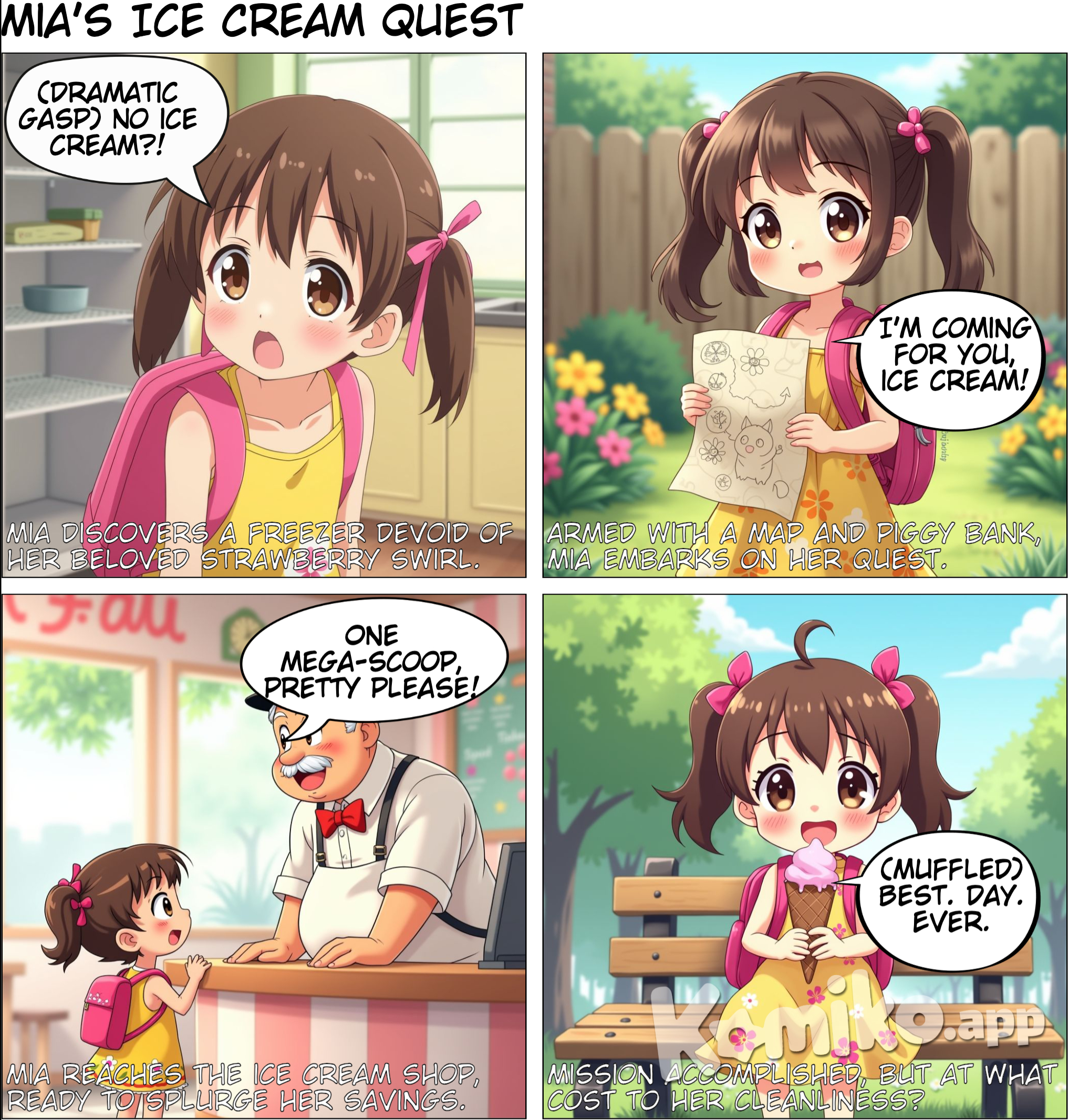 a curious five-year-old girl named Mia who loved ice cream more than anything else in the world. One sunny afternoon, Mia decided it was the perfect day for a scoop of her favorite strawberry swirl ice cream. She searched the whole house, but the freezer was empty!  With determination in her little heart, she set out on a mission. She put on her bright pink backpack, grabbed her piggy bank, and went on an adventure. First, she asked her mom, “Do you know where the ice cream shop is?” Her mom smiled and handed her a map drawn on a piece of paper. It was like a treasure map, and Mia felt like a real explorer.  Mia followed the map through the backyard, across the garden, and down the street, saying “Hello!” to every flower and waving at every butterfly. Finally, she reached the ice cream shop, holding her piggy bank high like a trophy.  She placed her coins on the counter, and the ice cream man handed her the biggest scoop of strawberry swirl she had ever seen. Mia's eyes sparkled as she took her first bite, and she decided right then and there that this was the best adventure she’d ever had.  With a big, ice-cream-filled smile, she headed home, already dreaming of her next adventure.