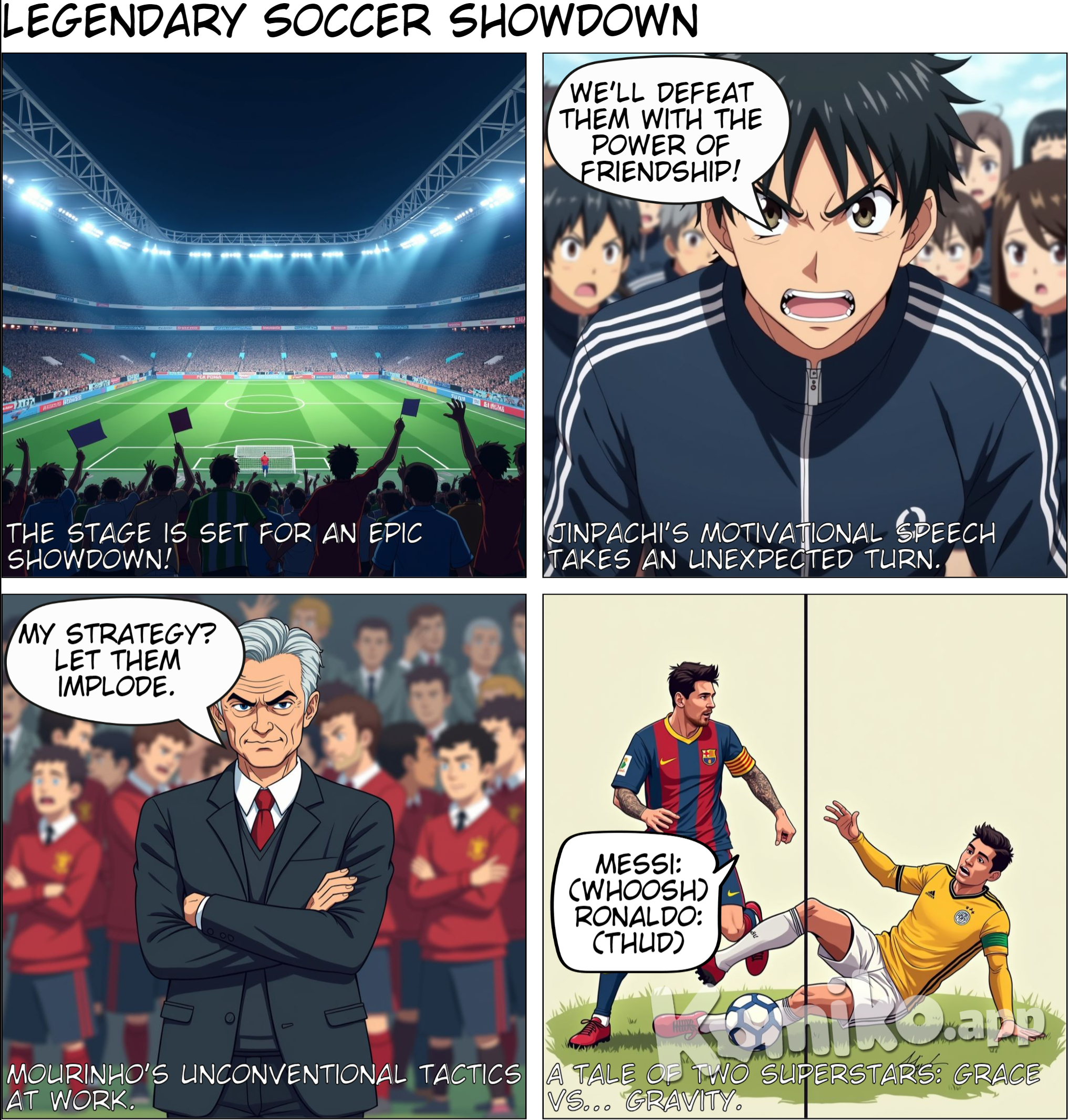 Manga Title: Rivalry of Legends: Jinpachi vs. Mourinho Volume 1: The First Leg Chapter 1: The Opening Battle  Panel 1: Wide shot of the stadium filled with fans, flags waving. Panel 2: Team Jinpachi huddled, Jinpachi giving a motivational speech. Panel 3: Team Mourinho, Mourinho strategizing with intense focus. Chapter 2: Clash of Titans  Panel 1: The whistle blows; the ball is in play. Panel 2: Messi weaving through defenders; the crowd on their feet. Panel 3: Kahn making a brilliant save from Ozil’s shot. Chapter 3: Mourinho Strikes First  Panel 1: Ronaldo dribbling past Aiku, determination in his eyes. Panel 2: Neymar crossing to Zidane, who slots it home. Panel 3: Scoreboard shows 1-0; Team Mourinho celebrating. Chapter 4: Team Jinpachi Responds  Panel 1: Team Jinpachi regrouping; Isagi ignited with energy. Panel 2: Messi scoring with a spectacular header. Panel 3: Scoreboard changes to 1-1; the crowd erupts. Chapter 5: A Tense Finale  Panel 1: Both teams battling fiercely, tackles flying. Panel 2: Puyol's header gives Team Mourinho the lead again. Panel 3: Final whistle; Team Mourinho wins 2-1 on the night. Volume 2: The Second Leg Chapter 6: The Rematch Begins  Panel 1: Team Jinpachi warming up, a look of determination. Panel 2: Mourinho giving last-minute instructions to his team. Panel 3: The whistle blows; the game kicks off. Chapter 7: Jinpachi’s Fury  Panel 1: Messi, Ozil, and Sae combining beautifully. Panel 2: Isagi scoring with a powerful header from a corner. Panel 3: The scoreboard reads 1-0; the crowd cheers. Chapter 8: Mourinho’s Counterattack  Panel 1: Team Mourinho regrouping; Zidane strategizing. Panel 2: Neymar cutting inside and finding Ronaldo. Panel 3: Ronaldo scores; the score is 1-1. Chapter 9: High Stakes  Panel 1: Team Jinpachi pushing hard; the clock ticking. Panel 2: Nagi scoring from outside the box; the score changes to 2-1. Panel 3: Tension builds as Team Mourinho fights back. Chapter 10: A Last-Minute Equalizer  Panel 1: Zidane’s corner leading to a header from Puyol. Panel 2: The scoreboard shows 2-2; the crowd is on edge. Panel 3: The match goes to extra time, players exhausted. Volume 3: The Final Showdown Chapter 11: The Final Countdown  Panel 1: The grand stadium buzzing for the final. Panel 2: Team Jinpachi warming up, tension visible on their faces. Panel 3: Mourinho’s tactical briefing to Team Mourinho. Chapter 12: A Back-and-Forth Battle  Panel 1: Zidane setting up a chance for Ronaldo; Yashin saves. Panel 2: Messi equalizing after a quick attack; score 1-1. Panel 3: Nagi’s stunning goal puts Team Jinpachi ahead 2-1. Chapter 13: Mourinho’s Resilience  Panel 1: Zidane rallying his team; Puyol scores from a corner. Panel 2: Scoreboard now reads 2-2; both teams fiercely battling. Panel 3: Extra time looms; players showing exhaustion. Chapter 14: The Tension Peaks  Panel 1: The penalty shootout setup; players lined up nervously. Panel 2: Ronaldo scoring, Team Mourinho up 1-0. Panel 3: Messi equalizing, tension thick in the air. Chapter 15: The Final Kick  Panel 1: Zidane steps up for the crucial penalty; the stadium silent. Panel 2: Yashin making a spectacular save. Panel 3: Team Jinpachi erupts in celebration as they win the championship! Closing Scene Caption: "In the face of adversity and rivalry, true champions rise. Team Jinpachi, crowned victorious!"
