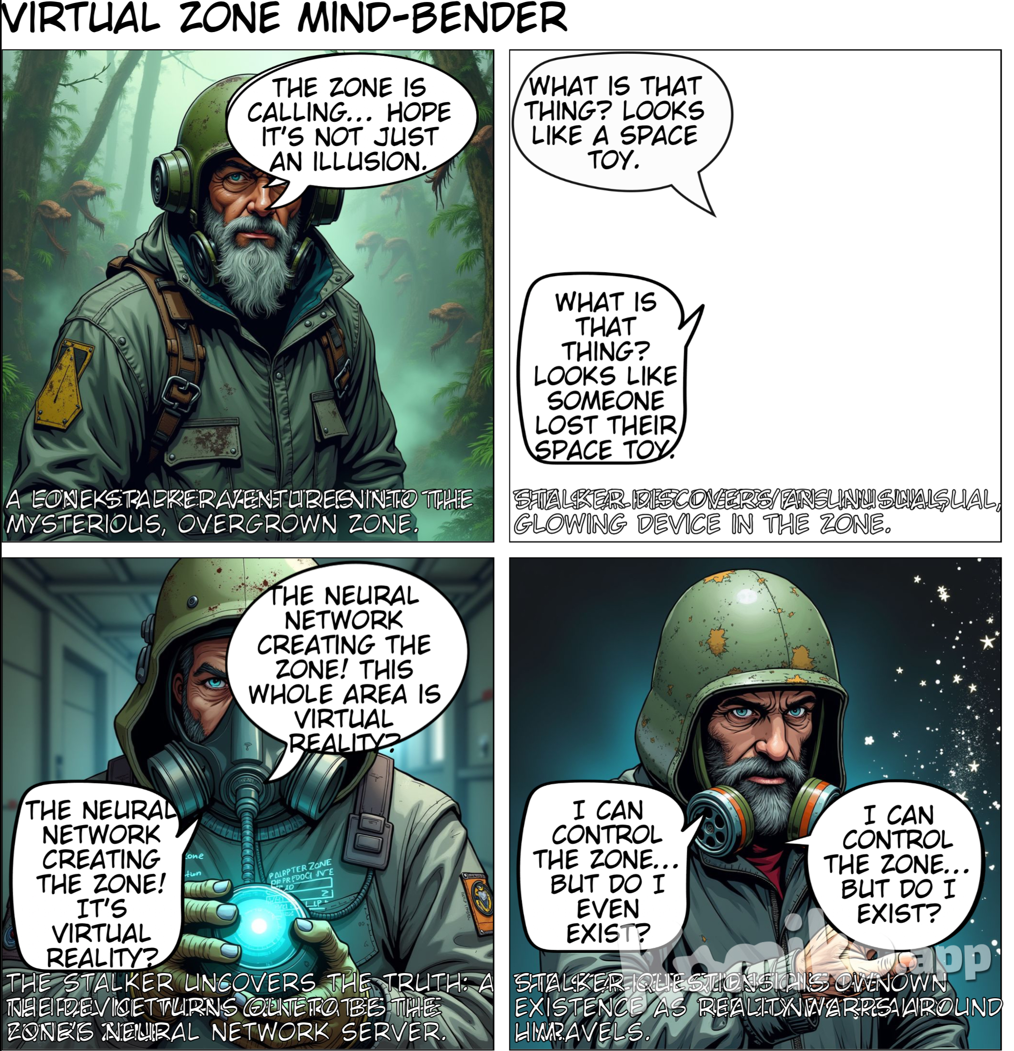  **Title:** **Stalker: Virtual Zone**  **Scene 1:** **(Entering the Zone)** - **Panel 1:** A Stalker (in protective gear) stands at the edge of the Zone, with wild overgrowth in the background.   - Stalker: "The Zone is calling... It's time to go. Hope it's not just an illusion."  **Scene 2:** **(Unusual Discovery)** - **Panel 2:** The Stalker cautiously moves through the Zone and sees a strange device emitting a blue light.   - Stalker: "What is that thing? Looks like someone lost their space toy."  **Scene 3:** **(Zone Neural Network)** - **Panel 3:** The Stalker finds the device, which turns out to be the central server of a neural network generating the entire Zone.   - Stalker: "This is it... The neural network creating the Zone! So, this whole area is virtual reality?"  **Scene 4:** **(Reality Paradox)** - **Panel 4:** The Stalker realizes that by using this neural network, he can control the Zone, but this leads to the question: does he exist, or is he also part of the simulation?   - Stalker: "I can control the Zone... But does it really exist? Or am I just part of this simulation too?" 