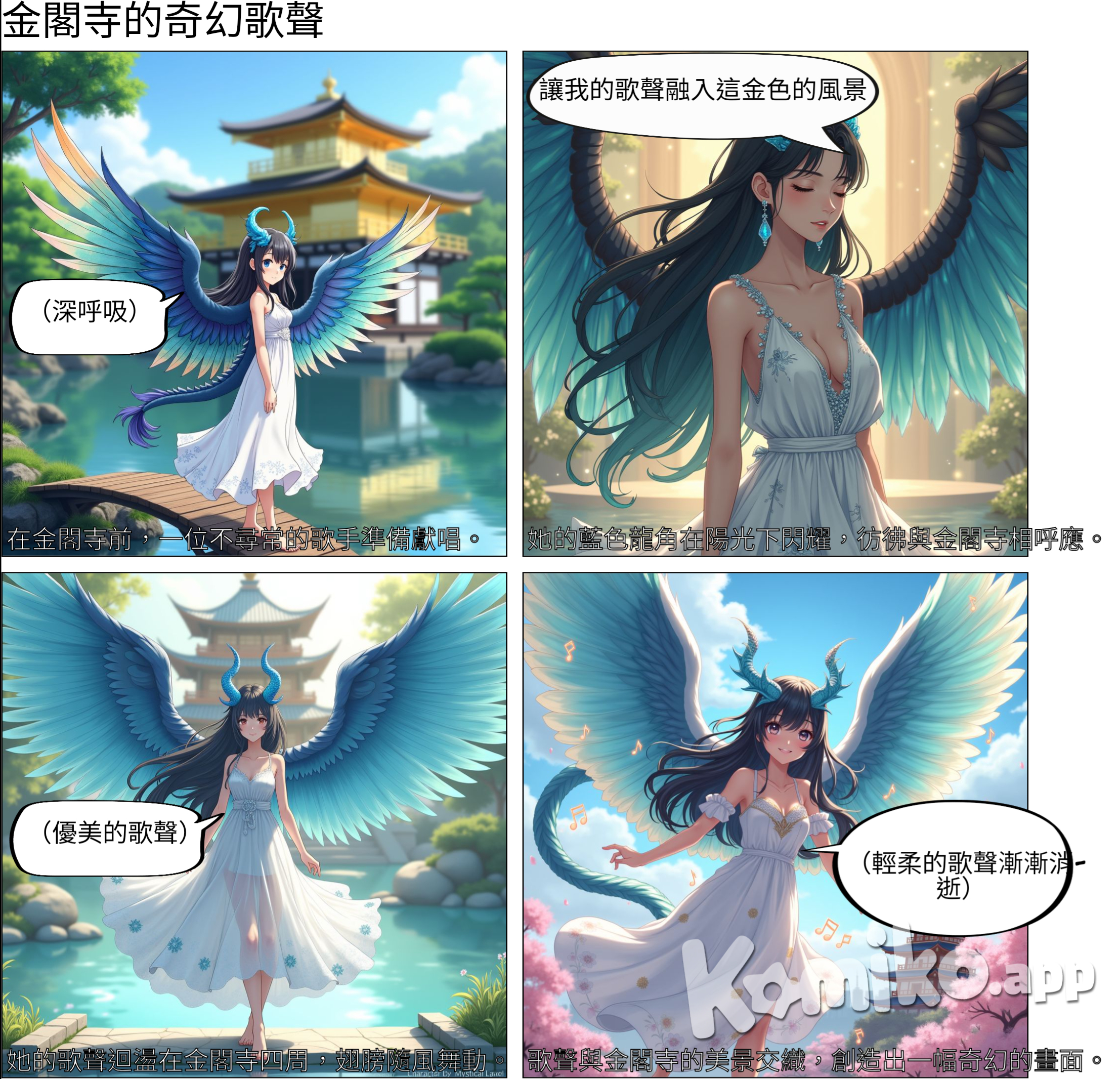 一個女生頭上長著藍色透明龍角像老鷹一樣的翅膀穿著連身裙在金閣寺唱歌