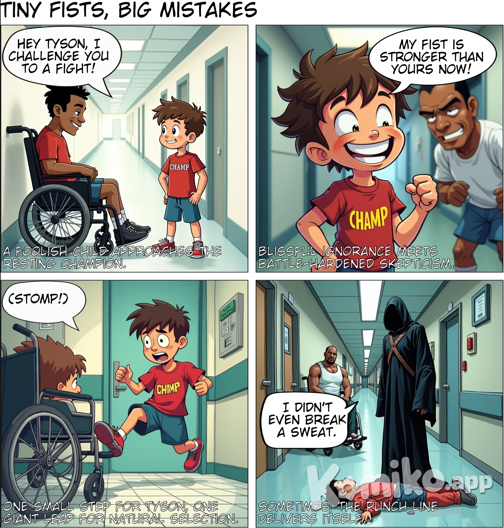 A kid challenger of fight with Mike Tyson when Mike Tyson sit on wheelchair, the kid say he has a Fist stronger than Mike Tyson, but Mike just stomp and kid die