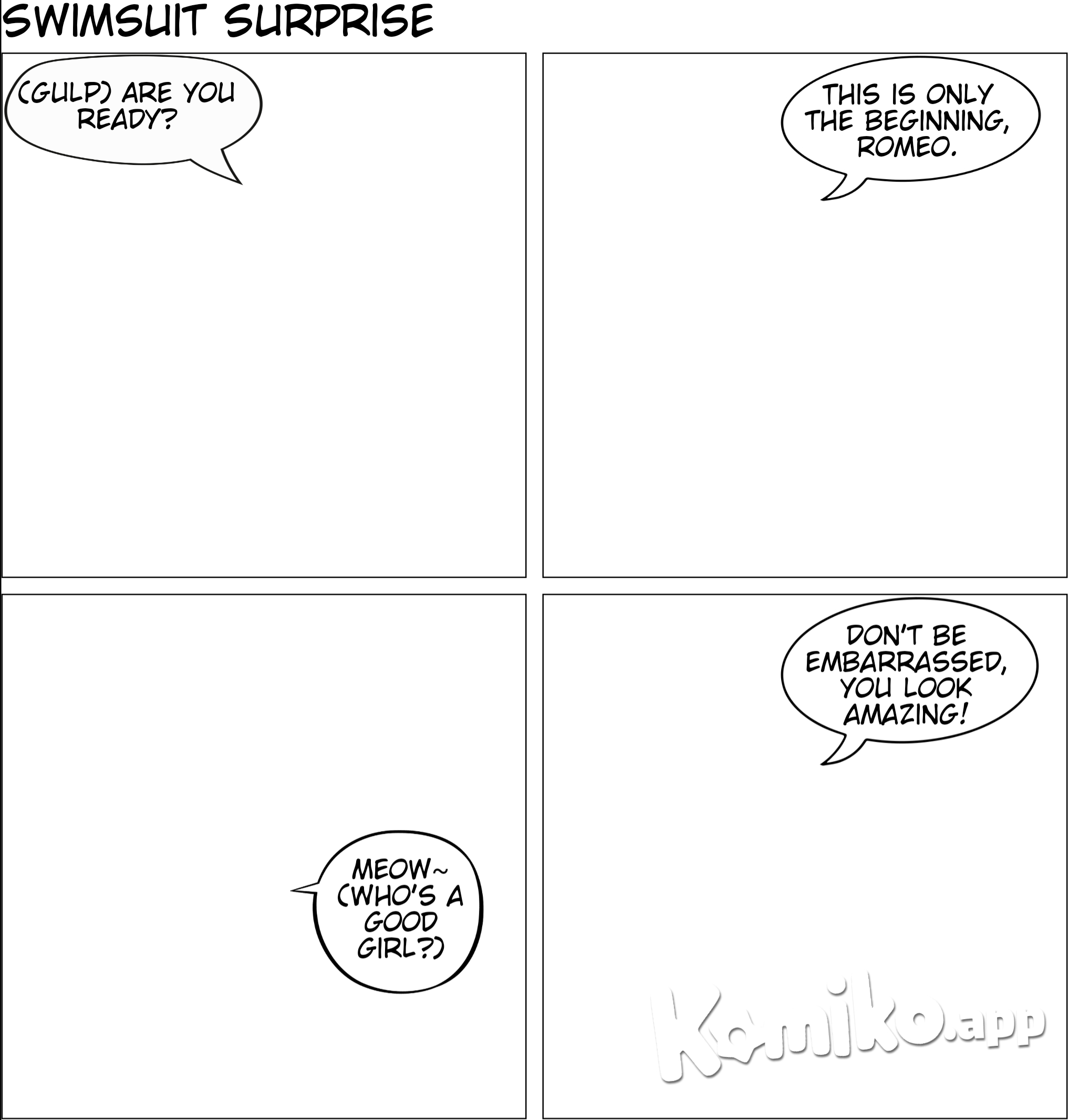 Romeo felt himself twitching in anticipation for what was to come. He was at his house, specifically his living room. But he wasn't alone, while his Father was still out on the trip with the rest of the guys, his Mother was currently out and wouldn't be back till tomorrow night, something that when he informed two White-Hair guildmates, they instantly took advantage of as when the day was over and the night sky came over Magnolia, they practically forced themselves to his home, not that he really had any problems with it.  When they had arrived Mira and Lisanna immediately told him to wait in the living room and close all the blindes while the two went upstairs. Doing as he was told he made it so there was no way for anyone from the outside would be able to peak in as he took his seat on the sofa, knowing that he was going to be for a good show.  "Are you ready, Romeo?" A voice called out to him from behind a wall.  Before he could respond though the lights in the room went dim, providing an atmosphere that fit the situation as the two White-haired beauties came from around the wall, clad in nothing but enticing swimsuits. Walking right in front of him they stood a bit apart while providing a pose for the fire mage, allowing him to take in their first choice of Swimwear, which Romeo recognized as what they wore when they visited the Waterpark at the capitol.  Mirajane was wearing a dark blue bikini, no shoulder straps on the top as the fabric wrapped around her chest while providing plenty of her breast out on display, a golden ring holding the front of it together. While her bottoms were currently hidden by the sash that wrapped around her hips while still making it look graceful.  Lisanna meanwhile, wore a very light purple bikini, the top covering more of her breast but still able to show off their size proudly with the front having a very cute bow tie to hold it together. Her bottoms though, showed off much of her hips and pelvis.  Both looked amazing before him as they each had a sultry smile that turned into a naughty smirk as they saw the tent form in his shorts.  "I take it our little show has already gotten you excited," Mira said first before expertly bringing her hands to his chest, the softness of her touch as she glided it up his body and to his face made him shiver as she added in a husky tone, "But don't worry, this is only the beginning, we both have many more swimsuits to show off for you."  Backing away Lisanna waked behind her sister as she grabbed one of the knots on the back of her top, giving it a tug as the fabric was ripped off Mira's form before Romeo's eyes as he immediately leaned forward to see Mira's breast on display. But just as the last piece of the top was about to whizz past the front of her breast and reveal her bright pink nipples, the Demon-Mage showed off a devious-smirk as her and Lisanna's entire body shined white, hiding their form from his gaze as they were cover in the oh-so familiar light of transformation-magic before it stopped, the two of them now clad in new swimsuits, school-swimsuits which hugged their entire bodies as they each got into a familiar pose similar to what they had during the Grand Magic Games. Mirajane on her knees, behind facing him as the bottom of her dark ocean blue swimsuit dug into her ass cheeks while she cupped her head with one hand and giving him an innocent expression. Lisanna raising her hands behind her head next to her while bending her legs in an enticing way, showing off her bodily curves to her current spectator.  Seeing the surprise evident on his face Mira took the chance to tease Romeo, "Oh, I'm sorry, were you expecting something that showed a little less?"  The comment snapped Romeo out of his daze as he decided to talk back to his current performers as he leaned back and said, "Honestly, it doesn't matter what any of you have on, it'll always surprise me how good you two can look in anything."  The comment caused the two siblings to giggle as Lisanna decided to take the lead on this part as she walked forwards in front of Romeo before getting on her knees a few feet away, "Anything? Well, I wonder how you think I look in this?"  With a simple click of her tongue her body once again transformed, but instead of another swimsuit, she took the form of her Cat spirit, cat ears spring from her head while her attire change into something similar of a swimsuit with a white coat of fur with black, exotic stripes dotting over it. The bottom of her legs along with her lower arms also had a white light coat of fur while her hands and feet turned into paws to match her appearance, a long striped tail protruding from her back tailbone finishing her look as she looked at him and gave him a simple but unbelievably cute, "Meow".  Walking on all fours at him the cat-girl rested her head on his lap, making sure to rub her head lightly but sensually against his covered erection.  Seeing Mira trying to hold in a giggle from the sight behind her sister Romeo had an idea pop into her head while letting out pleasurable grunts from Lisanna's simple, yet effective touch. Bringing his hand behind one of her cat ears he lightly scratched it, causing the girl to let out a satisfying purr as she leaned into his touch.  "Who's a good girl?" Romeo teased as he now doubled his efforts around her ear, now adding in his other hands to get her other ear, a gesture that gave Lisanna an immediate sense of pleasure, though admittedly, it wasn't the pleasure she expected to get from him tonight.  As he continued to scratch his now cat-like companion Romeo let out a thought that was on his mind for a while, "You know, I always wondered how much of that animal instinct you retain, I wonder if you'll like it if I scratch down her too?" Bringing one of his hands away from her ear as he glided it across her back, causing Lisanna to arched her back in a way to bring her chest down and raise up her hips in the air, as Romeo's hands continued to glide down her back before reaching his destination, right above her tail as he began to scratch the area. His fingers giving Lisanna enough pleasure that her purr sounded more like a moan while her tail shot up widely in excitement.  "I guess that's a yes," Romeo stated as he continued to pet the Lisanna, the two of them not noticing Mira sneakily making her way behind Romeo while transforming as well, though her form was much more, smaller. Jumping behind the couch Romeo was surprised when he felt a patch of fur rub against the side of his face. Turning to it he saw a black and white cat that he instantly recognized as Mirajane as it gave him a lick to the face before jumping down to his dies, moving on its back before being engulfed in a bright white light once more. Her form taking on her regular human appearance as she had the back of her head on his lap while her body was exposed to him once more on the couch as she had on another swimsuit.  This time her attire was a light blue bikini, the fabric thin as the straps on her top seemed to stretch in order to contain her large breast as he had a very generous view of the valley below. Her bottoms equally as thin as they showed off her hips very nicely as well. A sultry smile on her face with her eyelids narrowed at him she brought a hand up to his face as she said with a pleading yet teasing tone, "What about my pets?"  Chuckling to himself Romeo brought one of his hands away from Lisanna, a move that the girl was not pleased with as she let out a disappointing whine as the hand that was so expertly scratching her hips left as it went to her Sister. The Poster girl letting out a coo of pleasure as Romeo's hand landed on her stomach before lightly scratching the area, giving a pleasant feeling to her as she made herself comfortable, resting her head on Romeo's lap while Lisanna did the same on the other side as well. The two of them making sure to move and present their bodies to him in an enticing way as he continued to scratch and pet the two beauties on either side of him.  This went on for a couple of minutes before Mira thought it was time to unveil the little gift she and Lisanna had prepared for Romeo as she said, "You know Romeo, considering me and Lisanna have been giving you quite the show, would it be possible for you to maybe pose in something for us as well?" She asked him in a pleading voice.  Lisanna hearing what her Sister said and knowing what she met joined in the pleading as well as she looked up at Romeo with the best puppy eyes she could muster, "Yeah Romeo, Please? Just one little thing, it would mean the world to us!"  The looks the two were giving him were more than enough for the fire-mage, and even than considering the show they had given in he could at least try and return the favor, "All right, what do you want me to wear?"  "Actually we already picked it out for you, it's waiting in your room," Mira told him.  "Yeah, how about you go try it on big boy, and well get comfortable right here waiting for you to show it off." Lisanna added as the two sat up and practically pushed Romeo off the sofa before shoeing him to go and try on the piece of clothing they had gotten for him.  Sighing he went with their wishes as he made his way behind the wall and up the stairs, making his way to his room he couldn't help but get a bit curious as to what they wanted him to wear. Making his way to his room he saw a box lying on his bed that he assumed contained what the two Sisters wanted him to wear. Making his way to the bed he took the top off the box, and immediately felt his face go red as he saw the piece of clothing, or more accurately, swimsuit they had picked out.  It was a small, black speedo, that seemed like it might be a bit too small for his size. Sighing the Fire-mage knew he was too far in to turn back now. Removing his clothing and putting them away he put on the small garment on, feeling it immediately tighten his pelvis. Luckily the back didn't seem to sink much into his ass, though the same couldn't be said about the front. Normally, he thought the speedo would've been able to serviceable cover his front, but right now, thanks to the swim show he was sporting a massive erection, something that clearly bulged from the garment as it struggled to wrapped itself his waist. It was just barely able to contain his shaft, though he would've felt more embarrassed about wearing something like this, he knew he was in the privacy of his own home, and if Mirajane and Lisanna wanted him to wear this, he might as well give them their wish.  Giving himself one last check over Romeo made his way downstairs, psyching himself one last time before appearing in their sights. And they seemed to squeal with joy as they watched him appear, a defeated smile on his face as he walked in front of both of them, still not exactly able to look them in the face.  "Ah come on Romeo, don't be embarrassed, you look amazing!" Lisanna told him as she tried to get him to relax.  "You're definitely giving us a treat for our eyes looking like that, and if you look up, you'll get a treat yourself." Mira added