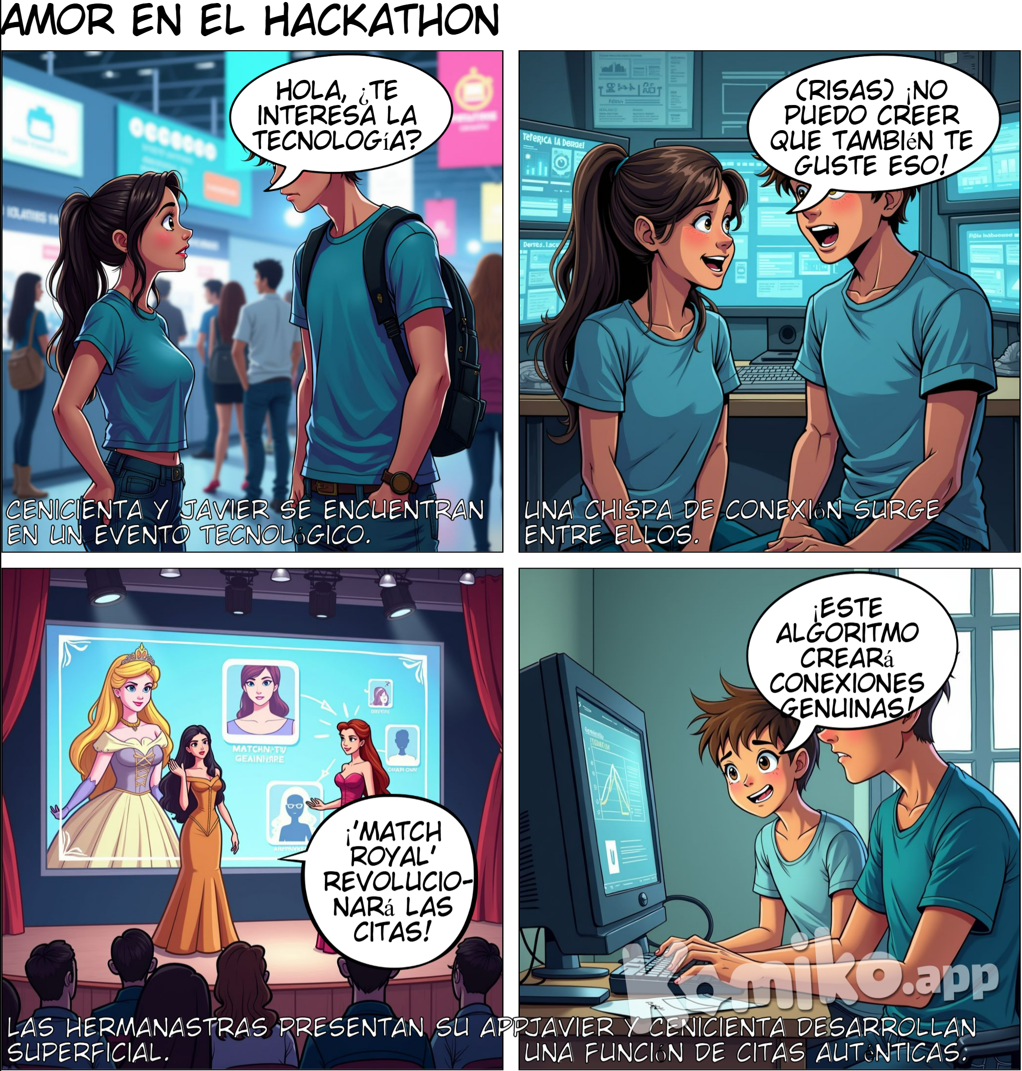 En un evento de tecnología, Cenicienta, Cenicienta, una joven rubia con camisa blanca y falda azul marino, se encuentra con Javier, un joven de pelo castaño. Él parece torpe al principio, pero su conversación la cautiva. Hay una chispa de conexión. Las hermanastras de Cenicienta, Anastasia y Drizella, presentan su app “Match Royal”, mostrando gráficos llamativos y un enfoque superficial. Javier descubre que las hermanastras manipulan el algoritmo de su app para atraer más usuarios. Decide ayudar a Cenicienta. Javier presenta una nueva función en la app: un algoritmo de “conexión real”, que sugiere citas divertidas y espontáneas.