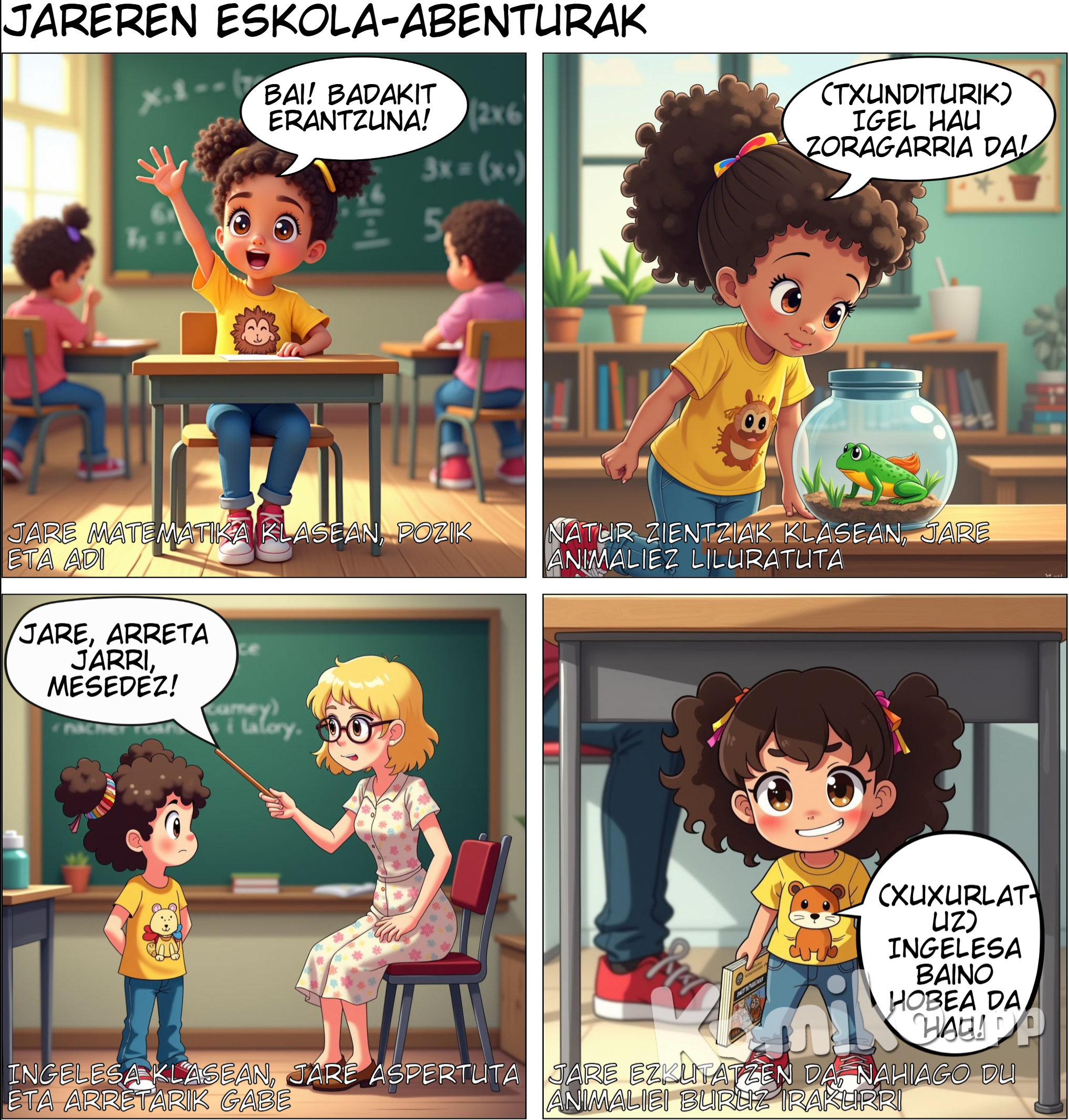 Kaixo Jare naiz, ile kizkurra eta begi marroiak dituen 7 urteko neskatoa. Klasean gustatzen zaizkidan gauzak egiten ditugunean, hala nola matematikak, geografia edo natur zientziak animaliekin, oso entretenituta egoten naiz eta arreta jartzen dut. Aldiz, gustatzen ez zaizkidan gauzak egiten ditugunean, ingelesa adibidez, aspertu egiten naiz eta ez dut ariketak egiteko gogo handirik izaten.