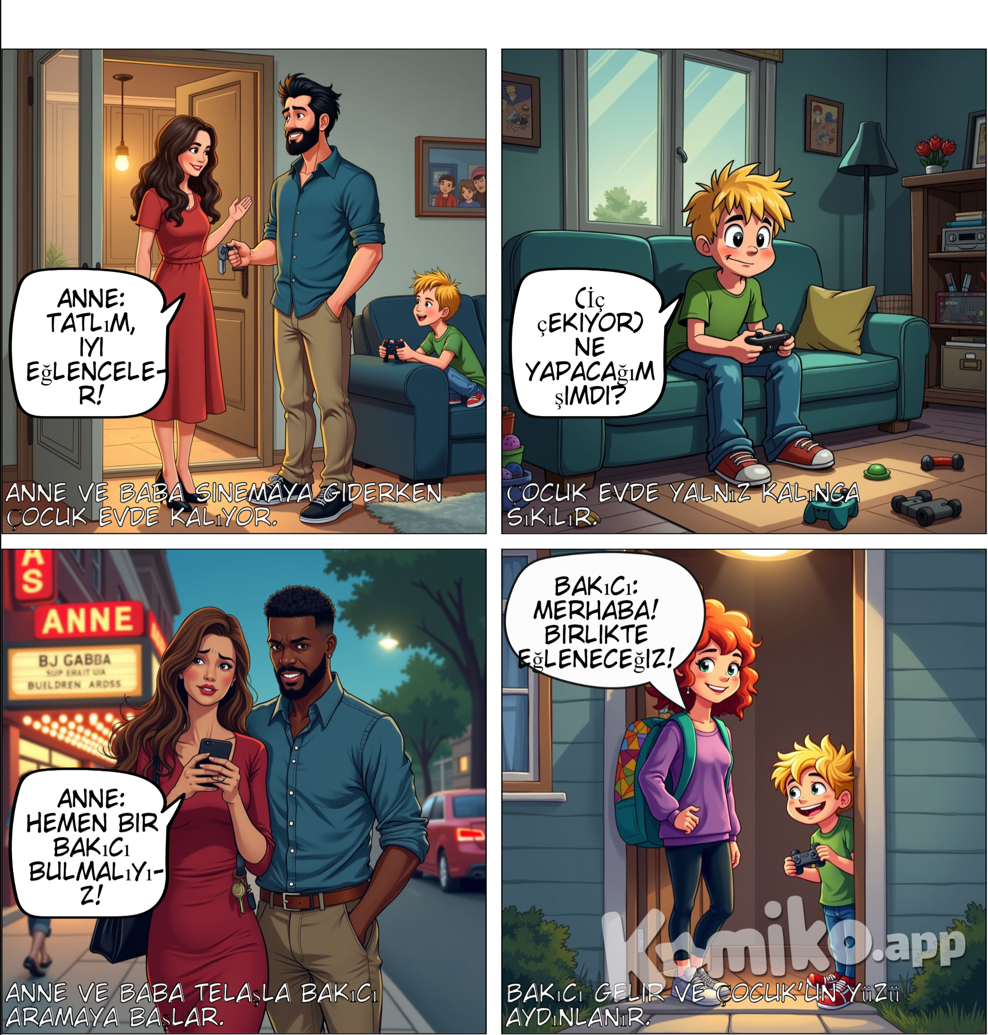 fırst the Mother and the father go to watch a movie and let the Child at home then the call a babasitter to watch there son