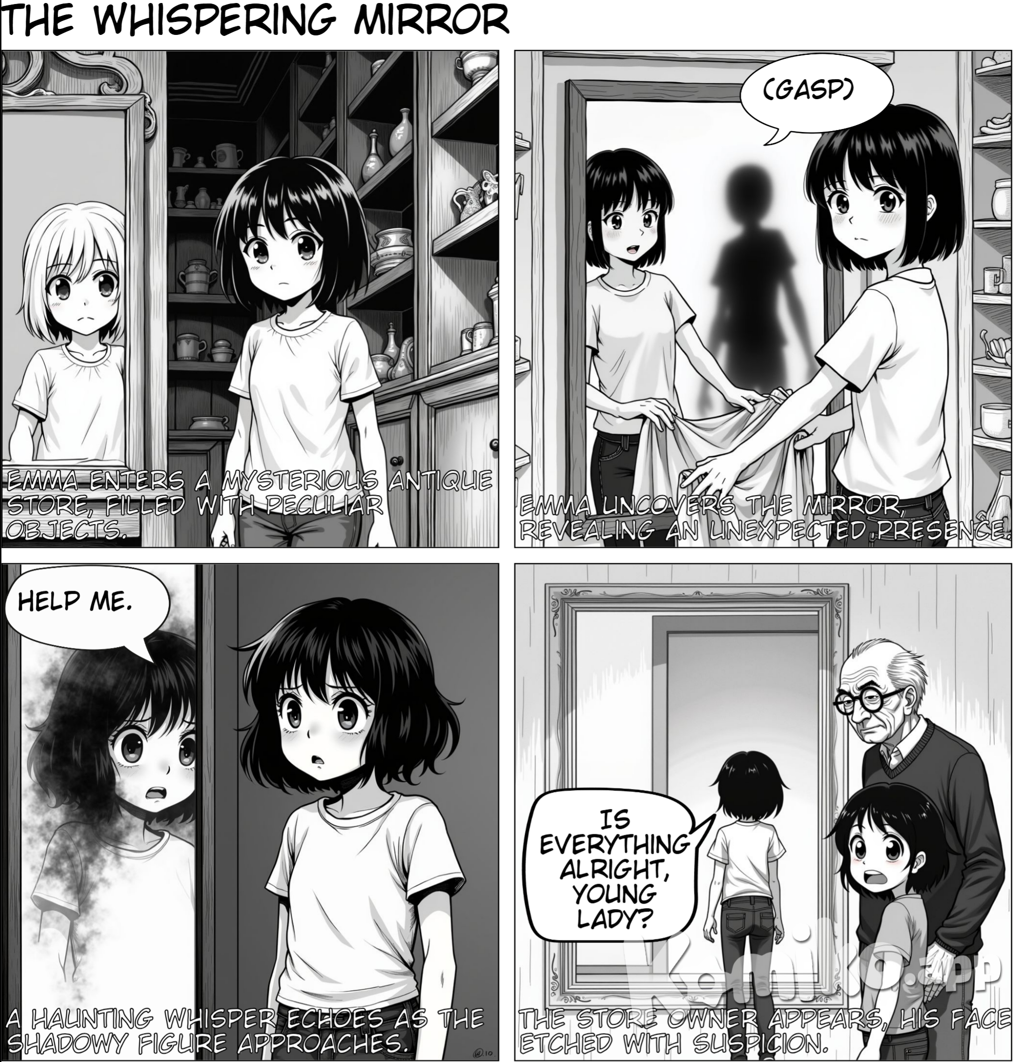 Emma, a young girl, walks into an old, dusty antique store filled with strange objects. She notices a large, old mirror covered with a cloth. Emma pulls the cloth off the mirror. Her reflection looks normal, but behind her, there’s a shadowy figure. The figure in the mirror begins to move closer, whispering, "Help me." Emma turns around, but no one is there. The store owner, an old man, walks up behind Emma. His face looks suspecious. emma have a short hair and the mirror is a long rectangular shape