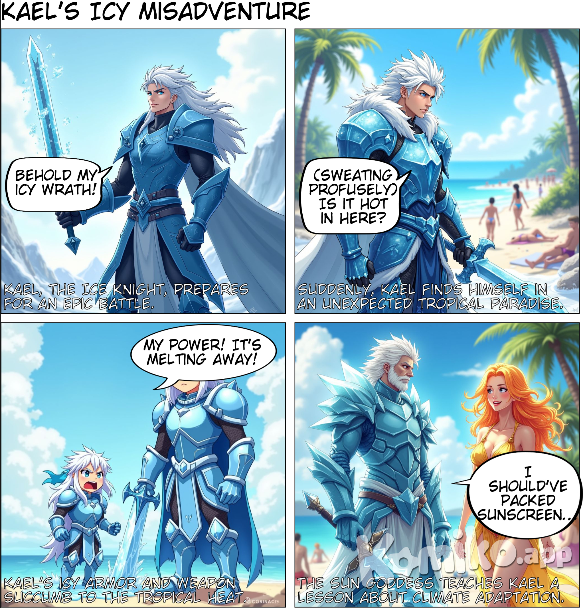 Kael (Ice Knight) Position him on the left side of the panel, standing tall with a fierce expression. He should have icy blue armor that glistens as if covered in frost, with intricate patterns resembling ice crystals. His weapon, a sword made of solid ice, should be raised, with frost emanating from it, creating a chilling aura. His hair is white and wild, blowing in the icy wind, and his eyes are a piercing blue that reflects his cold demeanor. 