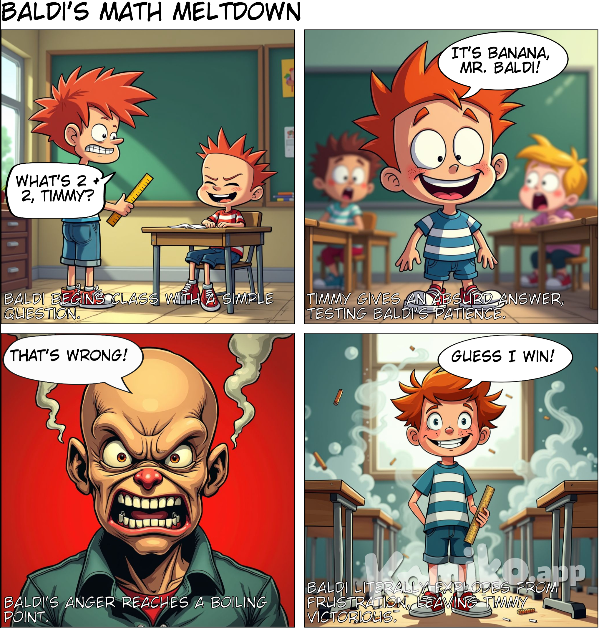 The comic begins in Baldi’s schoolhouse. A mischievous student (insert your character) is trying to avoid answering questions correctly. Baldi, holding his ruler, starts off calm but annoyed. Each panel escalates his anger as the student keeps giving ridiculous answers to math problems like "2 + 2 = banana" or "What's 9 + 10? 21!" Baldi's expression grows more exaggerated with steam puffing out of his ears. In one panel, he raises his ruler dramatically, and the background turns red. His angry quotes like "THAT'S WRONG!" or "I CAN'T BELIEVE THIS!" fill the speech bubbles. In the final panel, Baldi becomes so enraged that he literally explodes into a comical poof of smoke, scattering rulers and pieces of chalk everywhere. The student stands there unharmed, holding a wrong math sheet, saying, "Guess I win!"