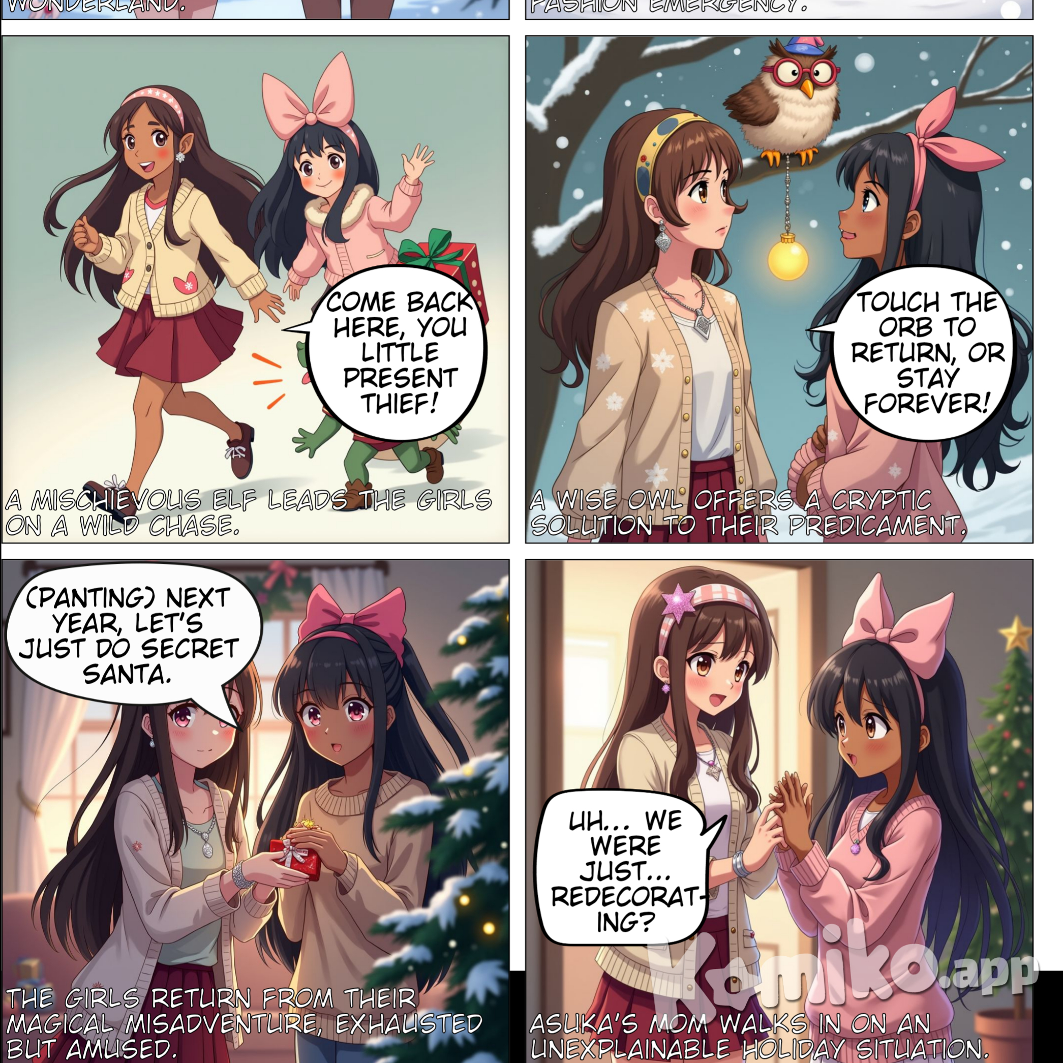 Asuka and Talia had been best friends for years, their bond growing stronger with each passing holiday season. This year, they were particularly excited as they prepared for their annual holiday video call. Both girls had put a lot of thought into their outfits, wanting to look their best for each other.  Asuka was a vision of holiday cheer. Her long brown hair, usually kept in a simple style, was straightened to perfection, with side bangs framing her face. Her Rose Quartz eyes, always full of warmth and kindness, seemed to sparkle even more against the backdrop of her festive outfit. She wore a soft cardigan adorned with intricate holiday patterns, each stitch telling a story of warmth and celebration. The cardigan was paired with a deep red pleated skirt that swayed gently as she moved around her apartment, adding a touch of elegance to her look. Her accessories were carefully chosen: a headband with a small, glittering star that caught the light with every movement, dangle earrings shaped like tiny snowflakes, a delicate silver bracelet, and a necklace with a rose quartz pendant that rested just above her heart. A faint blush on her cheeks completed her look, giving her a rosy, festive glow.  Asuka’s apartment was a cozy haven, filled with the scents of pine and cinnamon. She had spent the morning decorating, hanging garlands and twinkling lights, and setting up a small, beautifully adorned Christmas tree in the corner of her living room. The tree was a testament to her love for the holiday season, each ornament carefully placed, each light perfectly positioned. She had even baked a batch of cookies, their sweet aroma filling the air, adding to the festive atmosphere.  Meanwhile, Talia was equally excited. She had dark skin that seemed to glow with an inner light, her playful expression always ready to break into a smile. Her unique long flowing black hair was styled in a side ponytail, with pastel pink highlights hidden beneath the top layer, adding a touch of whimsy to her look. She wore a cozy sweater in holiday tones, the soft fabric hugging her form and making her look like a holiday princess. Her honey-colored eyes were bright with anticipation, and a large pink bow sat atop her head, adding a cute, festive touch to her outfit.  Talia’s preparations were just as meticulous as Asuka’s. She had spent the morning wrapping gifts, each one adorned with a ribbon and a handwritten tag. Her apartment was a reflection of her personality, filled with bright colors and playful decorations. She had a small tree as well, decorated with ornaments that she had collected over the years, each one holding a special memory. As she finished wrapping the last gift, she glanced at the clock and realized it was almost time for their call.  Asuka set up her laptop on the coffee table, adjusting the camera to capture the best angle of her decorated living room. She couldn’t wait to see Talia’s reaction to her outfit and the decorations. The screen lit up, and Talia’s cheerful face appeared, her smile as bright as ever. They greeted each other with laughter and excitement, sharing their holiday plans and reminiscing about past celebrations.  As they chatted, Asuka reached into a box of old ornaments she had found in her attic. Among the familiar decorations, she spotted an old, dusty ornament that she didn’t remember buying. It was a delicate glass sphere, with intricate patterns etched into its surface. Curious, she held it up to the camera. “Look at this, Talia. I don’t remember ever seeing this one before.”  Talia leaned closer to her screen, her eyes widening. “It’s beautiful! You should hang it on the tree.”  Asuka nodded and carefully placed the ornament on a branch. As soon as it was secure, the ornament began to glow with a soft, ethereal light. Before Asuka could react, the light enveloped her and Talia, pulling them into a swirling vortex of colors.  When the light faded, Asuka and Talia found themselves standing in a magical winter wonderland. Snow-covered trees sparkled under a sky filled with shimmering stars, and the air was crisp and filled with the scent of pine. They looked around in awe, taking in the breathtaking scenery.  “Where are we?” Asuka asked, her voice filled with wonder.  “I think we’ve been transported into some kind of enchanted world,” Talia replied, her eyes wide with excitement. “We need to find a way back home.”  As they began to explore, they encountered various holiday-themed challenges and characters. They met a group of friendly snowmen who needed help finding their missing hats, a family of reindeer who had lost their way, and a mischievous elf who had hidden all the presents meant for the children of the village.  Each challenge brought them closer together and taught them valuable lessons about friendship, kindness, and the true spirit of the holidays. They worked together to solve puzzles, navigate through enchanted forests, and spread holiday cheer to everyone they met.  Finally, after completing their last challenge, they were approached by a wise old owl who had been watching their journey. “You have shown great courage and kindness,” the owl said. “As a reward, I will help you return home.”  The owl led them to a clearing where the glowing ornament hung from a tree branch. “Touch the ornament together, and it will take you back,” the owl instructed.  Asuka and Talia reached out and touched the ornament. Once again, they were enveloped in a swirl of light and color. When the light faded, they found themselves back in Asuka’s living room, the ornament hanging on the tree, glowing softly.  They looked at each other, their hearts full of the magic and wonder they had experienced. “That was incredible,” Asuka said, her eyes shining with joy.  “It really was,” Talia agreed. “This will be a holiday we’ll never forget.”  As they settled back into their cozy surroundings, they knew that the magic of the ornament had brought them closer together and made their holiday season truly special.