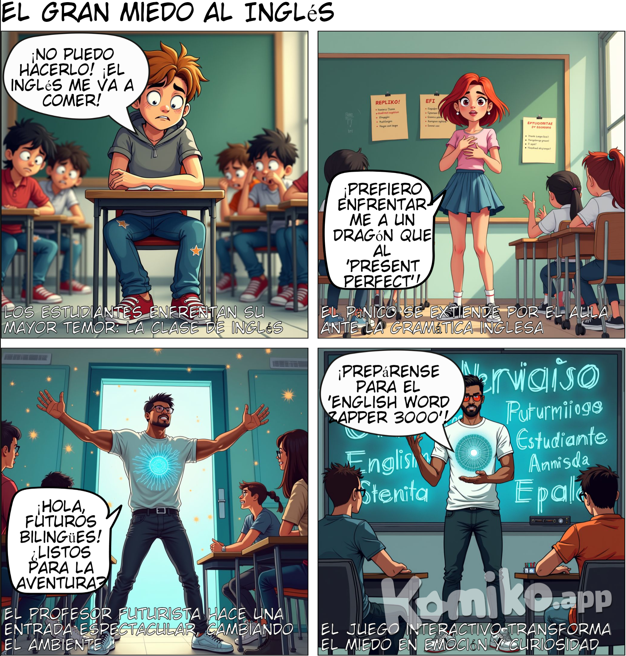 Capítulo 1: "El Gran Miedo"  Los estudiantes expresan su miedo a aprender inglés, con diálogos que reflejan sus inseguridades. El profesor, con su camiseta futurista, entra en la clase con energía y les comparte una anécdota divertida sobre su propio aprendizaje de idiomas. Al final, propone un juego interactivo donde aprenderán palabras en inglés de manera divertida. 