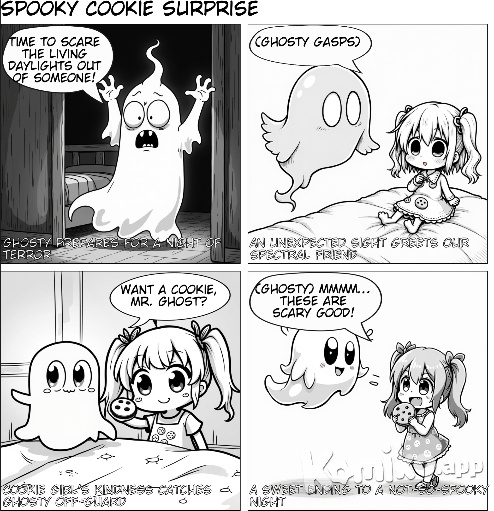 A ghost try’s to scare a girl but she has cookies 