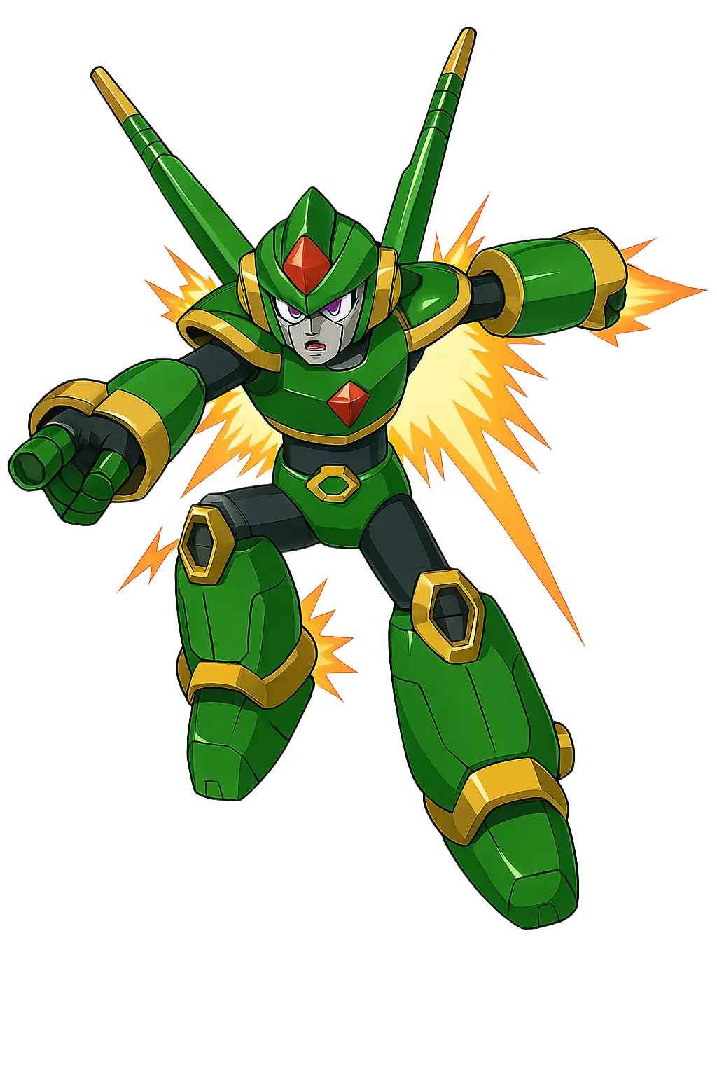 outline from the sketch. Use anime mecha style with vivid green and gold armor, glossy metallic finish, glowing rocket fire on its back, silver face, purple eyes and smooth depth shading. Preserve every detail of the original drawing. Transparent background.