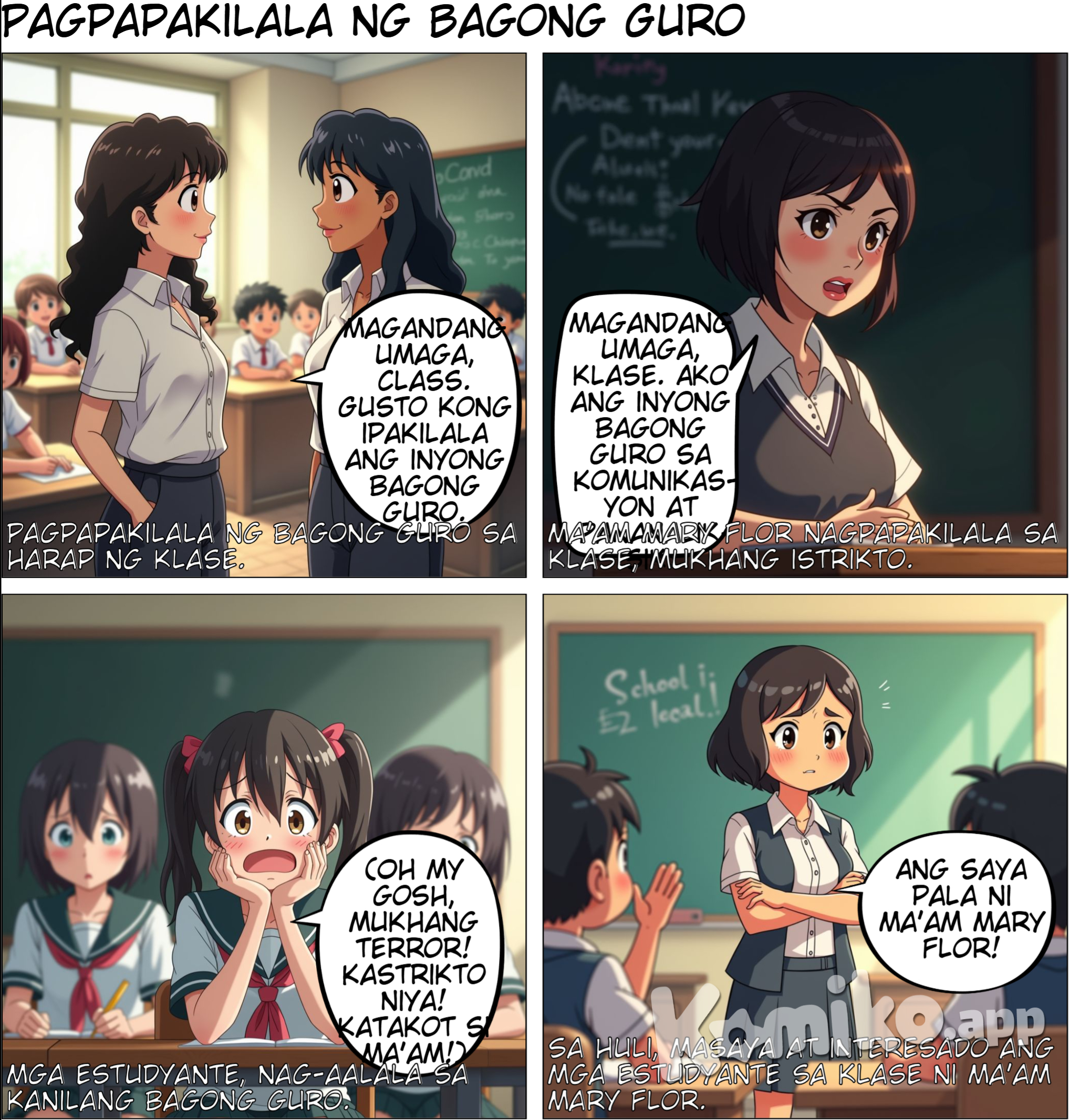 Pagpapakilala  1. Eksena: Sa harap ng room, nakatayo sila Ma’am Shai tas Ma’am Mary Flor. and then mal lagay ka ng  mga estudyante sa background na nakaupo sa kanilang mga upuan, curious ang ekspresyon ng mukha.    Ma’am Shai: "Magandang umaga, class. Gusto kong ipakilala ang inyong bagong guro sa Komunikasyon at Pananaliksik, si Ma’am Mary Flor."  Ma’am Mary Flor: (seryoso ang mukha, diretso ang tindig medyo chubby ang body type, may cheeks, short hair, morena.) (   (sa drawing)  Ma’am Shai: Maamo at magiliw ang mukha curly hair na medj mahaba.  Ma’am Mary Flor: May parehong uniform o kasuotan kay Ma’am Shai pero  medyo chubby ang body type, may cheeks, short hair, morena.   -------------------   draw ng Close-up kay Ma’am Mary Flor habang nagsasalita sa harap ng klase.     Ma’am Mary Flor: "Magandang umaga, klase. Ako ang inyong bagong guro sa Komunikasyon at Pananaliksik."    ( Drawing)   chubby Medyo  matapang ang tingin and parang napakaistrikto ng aura medyo chubby ang body type, may cheeks, short hair, morena. and medyo dark unti ang shadow sa background ang parabf creepy aura      ----------------------     Nasa klase, close-up sa iba’t ibang estudyante habang iniisip ang kanilang reaksyon.   (Isip ng mga estudyante):  Estudyante 1: "Oh my gosh, mukhang terror!"  Estudyante 2: "Kastrikto niya!"  Estudyante 3: "Katakot si Ma’am!"    (sa Drawing)  Iba-ibang emosyon sa mukha ng mga estudyante: shocked, worried, at may nagpapakitang takot.      ---------   Naiwan si Ma’am Shai   Umalis si Ma’am Mary Flor, naiwan si Ma’am Shai sa harap ng klase habang ang mga estudyante ay nagrereklamo.  ( dialog)  Estudyante 1: "Ma’am, ayaw na pano paghali."  Estudyante 2: "Mamimiss mi ikaw."  Estudyante 3: "Natatakot kami, Ma’am. Bagang terror teacher idto."   ( sa Drawing)  Ma’am Shai: Maamong nakangiti pero mukhang nag-aalala.  Estudyante: Sabay-sabay nagrereklamo, hawak pa ang dibdib, at may eksaheradong reaction na takot.      ---  Huwebes ng umaga   Naglalakad ang mga estudyante papunta sa silid-aralan, makikita sa background ang signage na "Kom at Pan."   ( Dialog)  Estudyante 1: "Hala, next subject na ang Kom at Pan."  Estudyante 2: (Nervous face) "Ano kayang mangyayari?"    ( sa Drawing:)  Lahat ng estudyante ay naglalakad nang mabagal, may worried expression at may pawis sa noo.      ----------------  Masaya ang Klase  Nasa loob ng silid-aralan, ang mga estudyante ay masiglang nakikinig at nakangiti. Si Ma’am Mary Flor ay nakatayo sa harap at mukhang approachable.   ( Dialog)  Estudyante: "Ang saya pala ni Ma’am Mary Flor!"    ( sa Drawing)  Si Ma’am Mary Flor: Mas relaxed ang ekspresyon medyo chubby ang body type, may cheeks, short hair, morena, nakangiti habang nagtuturo.  Estudyante: Tuwang-tuwa, nakataas ang kamay para sumagot.