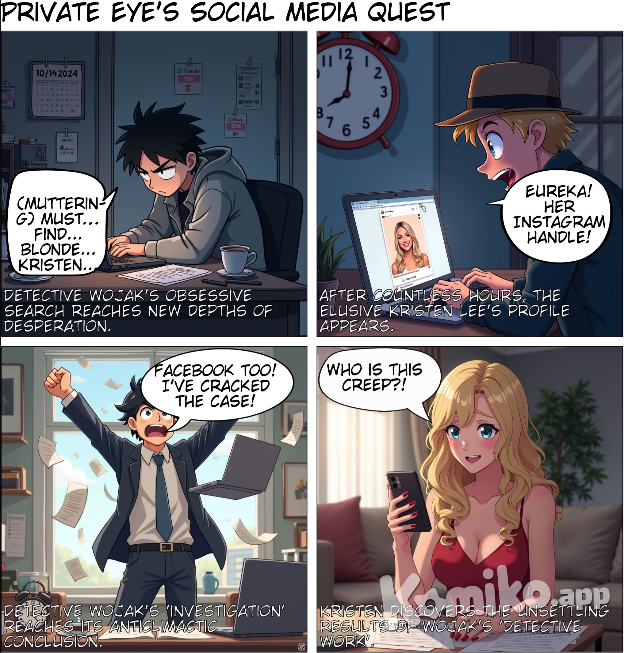 Phase 7: 10/14/2024 She is blonde. So how has your search gone, I was asked. Lots of laughter around my shortcomings as a private investigator. However she said something that make me think maybe I should focus more on the brand name and there was certainly only one that I kept coming back to in my mind. But I had searched it before. I began trying to add St. louis and searching off of the because I had to believe the internet was just proving to have too many people and I had to think of something to narrow it down. It was futale. The only thing I had come close to that looked to be maybe sisters and one was blonde didn't seem like it was the right thing. There had been no mention of these halloween costumes in previous conversations and from what I could tell this would have come up she prides herself in her ability to pull off a good costume. So back to instagram I go having exhausted my scrolling through facebook and beginning to see the same people over and over again, they didn't know me but I was becoming familiar with their profile picture as I zoomed by it. Kristen Lee I searched, scrolling and scrolling and then...it finally happened. It caught my eye as if it was the Sun bursting through the horizon itself. A detail I knew could only be her...her instagram handle, and there she was more breathtakingly beautiful than I could have ever pictured in any dream. At 4:32pm EST on 10/14/24 I had found her on Instagram. I sat for awhile just trying to process the millions of feelings all happening at once, but I hadn't found the facebook yet I had to go look again. This time it was with certainty, no longer if only a matter of when and and 4:57pm EST there she was. Case Closed.