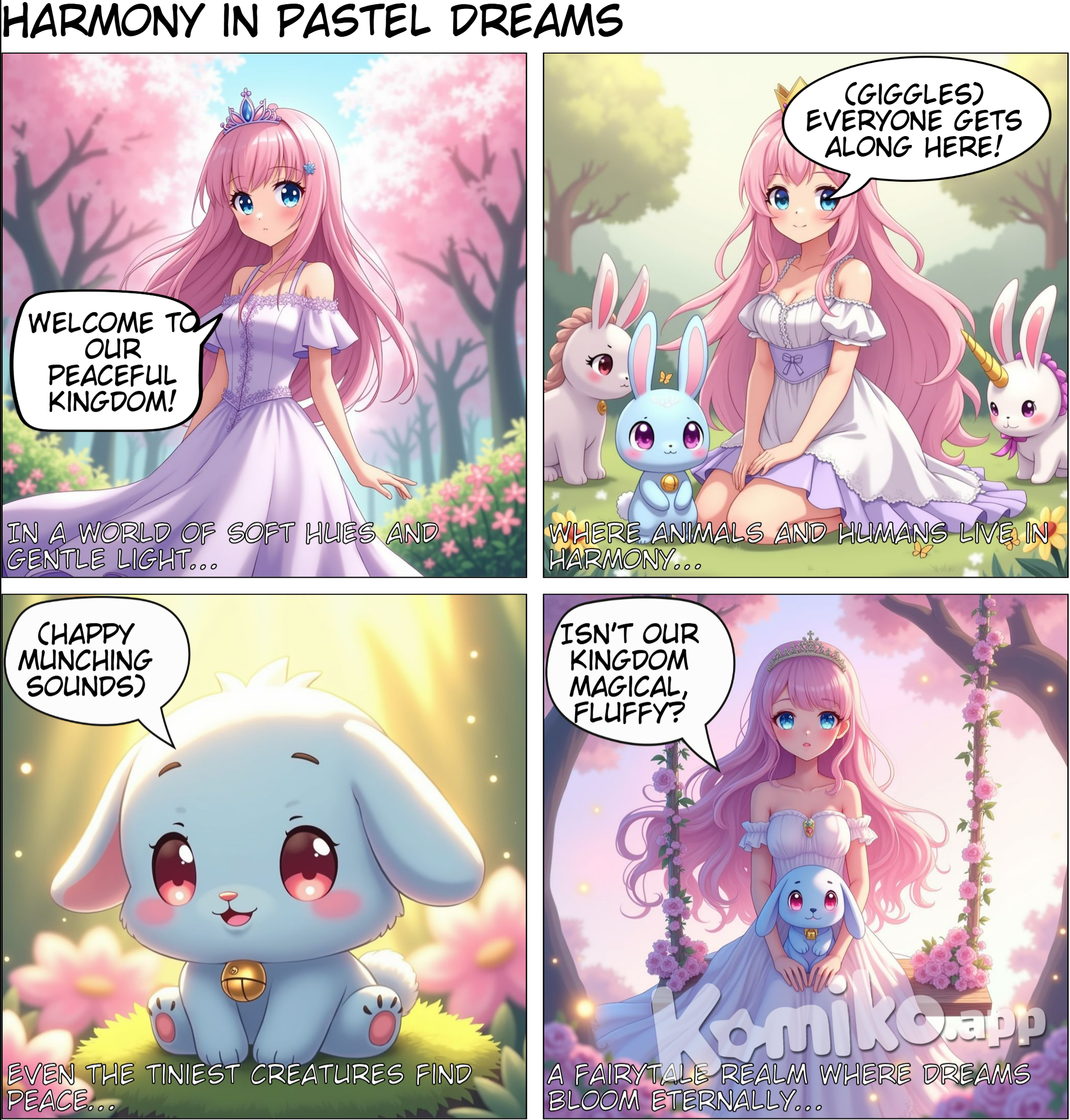 Peaceful kingdom, anime style, soft color pastel and soft lighting