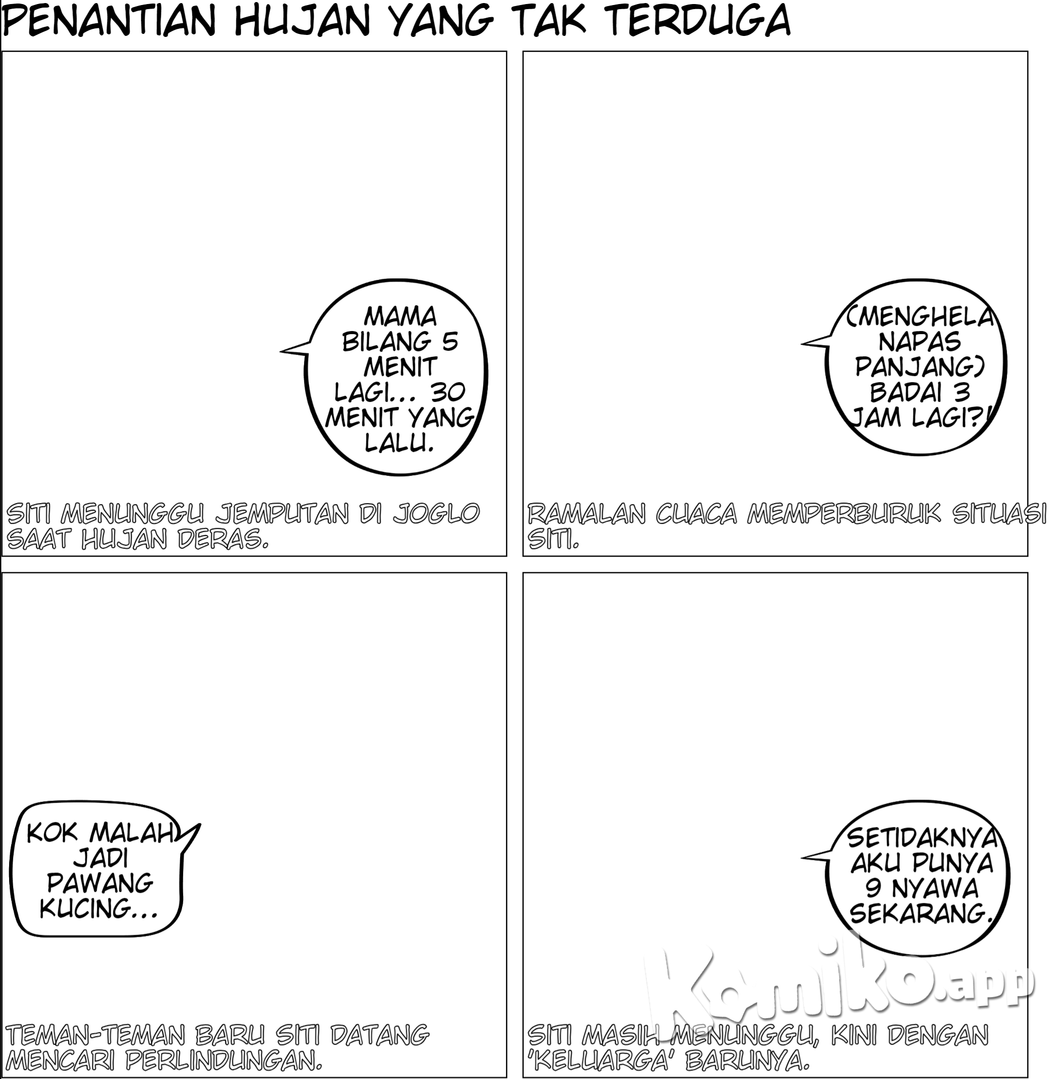 cewe hijab putih baju pramuka tas biru duduk di joglo saat hujan dan menunggu orang tuanya menjemput