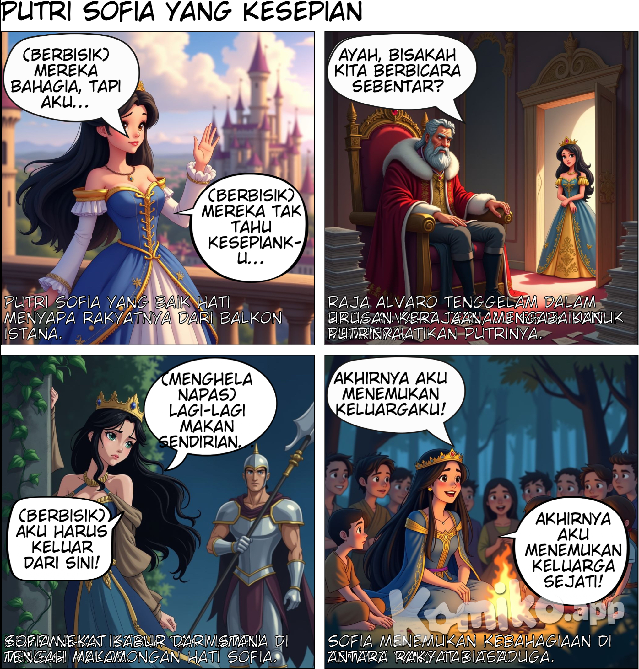 Pada suatu masa, di sebuah kerajaan yang megah, hiduplah seorang putri bernama Sofia. Sofia dikenal oleh rakyatnya karena kebaikannya dan sikap bijaknya. Ia selalu menemani rakyatnya dalam suka dan duka. Namun, meskipun hidupnya penuh kemewahan, Sofia merasa kesepian. Ayahnya, Raja Alvaro, selalu sibuk dengan urusan kerajaan, sementara ibunya, Ratu Eliza, meninggal saat ia masih kecil