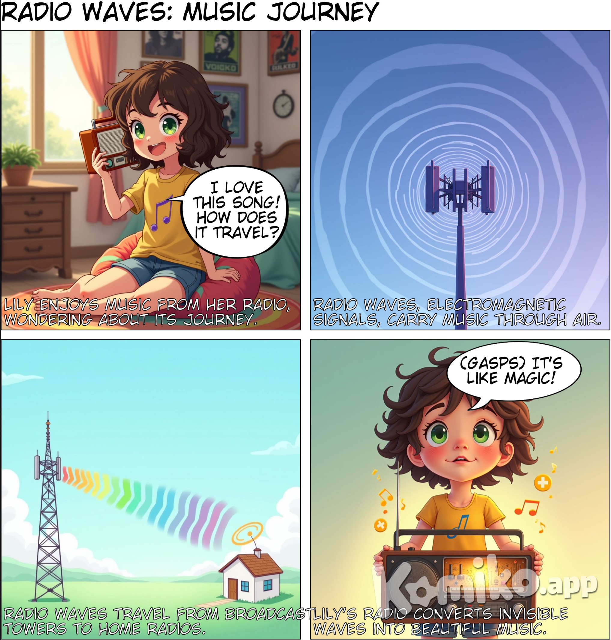 Page 1 Title: Radio Waves: Music in the Air Panel 1: A girl, Lily, is listening to her radio, enjoying a song. Lily: (Smiling) I love this song! How does the music travel so far? Panel 2: A close-up of the radio antenna, showing radio waves emanating from it. Caption: Radio waves, a type of electromagnetic wave, carry music signals through the air. Panel 3: A diagram showing radio waves traveling from a radio tower to Lily's radio. Panel 4: Lily's radio antenna picks up the radio waves, converting them into electrical signals that create the music.